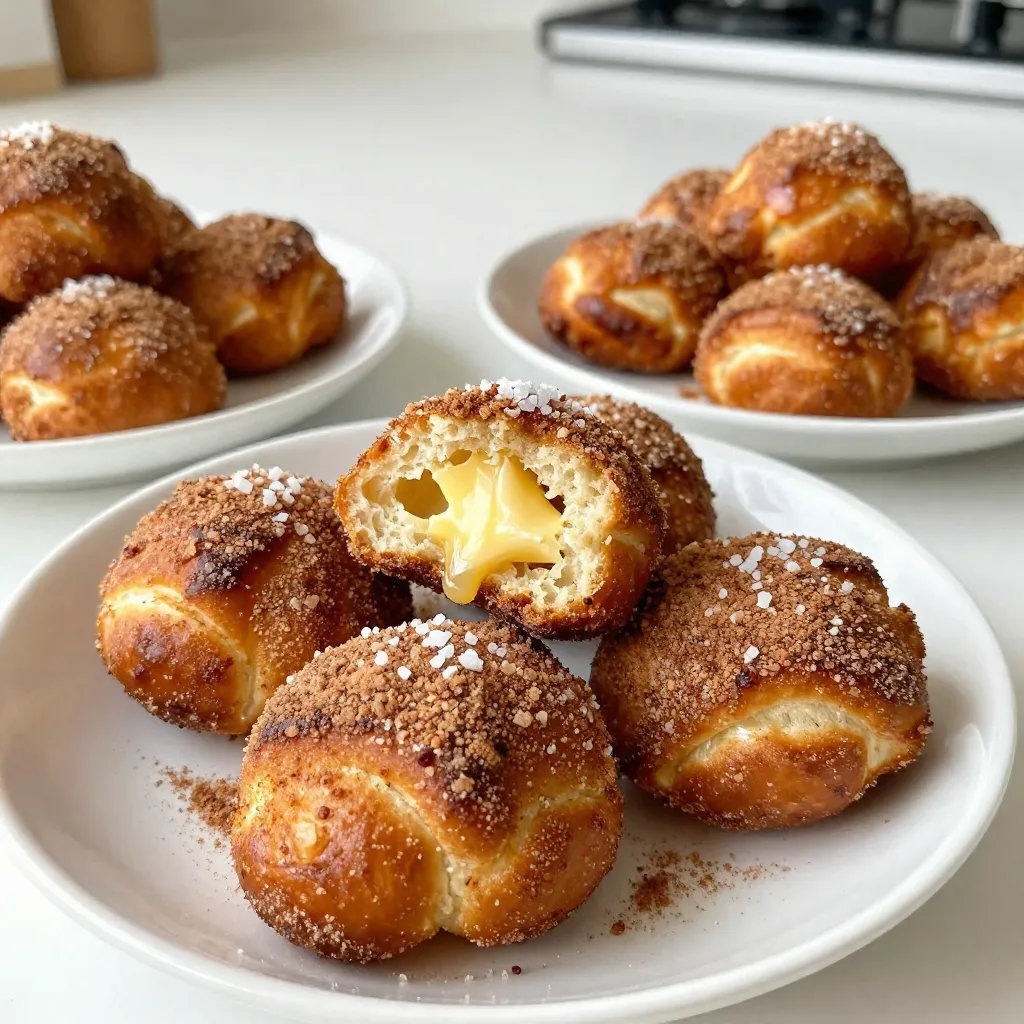 - 1 ½ cups warm water (about 110°F) - 2 tablespoons granulated sugar - 1 packet (2 ¼ teaspoons) active dry yeast - 4 cups all-purpose flour - 1 teaspoon salt - ⅓ cup baking soda (for boiling) - ½ cup unsalted butter, melted - ½ cup granulated sugar (for coating) - 2 tablespoons ground cinnamon - Sea salt, for sprinkling Using precise measurements matters when making pretzel bites. The warm water should feel like a cozy bath. Too hot or too cold can affect the yeast. If you don’t have active dry yeast, you can use instant yeast. Just skip the frothing step. For a healthier option, try whole wheat flour instead of all-purpose flour. Fresh ingredients make a big difference in flavor. Always check your yeast. If it’s old, it may not rise well. Fresh flour has a better texture, too. Use unsalted butter for control over salt levels in your dough. Finally, ground cinnamon should have a strong aroma. If it smells weak, it may be time to buy a new jar. Fresh ingredients lead to tasty snacks! {{ingredient_image_1}} Start by getting a small bowl. Pour in 1 ½ cups of warm water. The water should feel warm, around 110°F. Add 2 tablespoons of granulated sugar to the water. Then, sprinkle 1 packet of active dry yeast over the top. Let it sit for about 5 minutes. You want to see it get frothy. This froth shows that the yeast is alive. In a large mixing bowl, combine 4 cups of all-purpose flour with 1 teaspoon of salt. Once the yeast mixture is bubbly, add it to the flour mix. Stir everything together until a dough starts to form. Next, knead the dough on a floured surface for about 5 to 7 minutes. The dough should feel smooth and elastic. After kneading, place the dough in a greased bowl. Cover it with a cloth and let it rise in a warm place for about 1 hour. It should double in size. Once the dough has risen, punch it down. Turn it out onto a floured surface. Roll the dough into a long log. Cut the log into small pieces, about 1 to 2 inches each. In a large pot, bring 8 cups of water to a boil. Carefully add ⅓ cup of baking soda to the boiling water. It will bubble up, so be cautious. Boil the pretzel bites in batches for about 30 seconds. Make sure to turn them halfway through. After boiling, use a slotted spoon to remove them and place them on lined baking sheets. Preheat your oven to 425°F (220°C) while you prepare the bites. Brush the boiled pretzel bites with melted butter. In a separate bowl, mix ½ cup of granulated sugar with 2 tablespoons of ground cinnamon. Sprinkle this mixture generously over the pretzel bites. Finally, add a light sprinkle of sea salt on top. Bake in the oven for 10 to 12 minutes. They should come out golden brown. Let them cool for a few minutes before enjoying them warm. When making cinnamon sugar pretzel bites, some mistakes can ruin your snack. Here are a few to watch for: - Using cold water: Always use warm water for the yeast. Cold water will not activate it. - Not waiting for yeast: Let the yeast sit until it’s frothy. This shows it is active. - Over-kneading dough: Knead just until smooth and elastic. Over-kneading can make tough bites. - Skipping the boil: Boiling gives pretzels their unique texture. Don’t skip this step. To get the best texture, focus on these points: - Knead well: Knead the dough for about 5-7 minutes. This helps develop gluten. - Let it rise: Allow the dough to rise until it doubles. This makes the bites light and fluffy. - Boil correctly: Boil each batch for 30 seconds. This creates a nice crust when baked. Boiling is key for that authentic pretzel taste. Here’s how to do it right: - Use enough water: Boil at least 8 cups of water with baking soda. More water helps the bites float. - Add baking soda slowly: Add the baking soda carefully to avoid a big bubble overflow. - Turn them: Flip the pretzel bites halfway through boiling. This ensures even cooking. - Work in batches: Don’t overcrowd the pot. Boil in small batches for best results. These tips will help you make the best cinnamon sugar pretzel bites. Enjoy your delicious treats! Pro Tips Use Fresh Yeast: Ensure your yeast is fresh and active for the best rise in your pretzel bites. Perfect Boiling Technique: Boiling the pretzel bites in baking soda water creates that authentic pretzel flavor and texture. Don't Skip the Sea Salt: A sprinkle of sea salt on top enhances the sweet and spicy flavors of the cinnamon sugar coating. Serve Warm: These pretzel bites are best enjoyed warm; serve them immediately for the ultimate taste experience. {{image_2}} You can change the flavor of your pretzel bites easily. Try adding vanilla to the dough. Just a teaspoon can give a lovely aroma. If you love chocolate, mix in cocoa powder. About ¼ cup works well. You can even drizzle melted chocolate on top after baking. This boosts the sweet taste. Want to switch up the coating? You have great options! Instead of just cinnamon sugar, try colorful sprinkles. They add fun and flair. Chopped nuts can also add crunch. Almonds or pecans work nicely. Just make sure to press them gently into the dough for a better hold. You can enjoy pretzel bites without gluten. Use a gluten-free flour blend instead of all-purpose flour. Look for a mix that includes xanthan gum. This helps mimic the texture of regular dough. Follow the same steps for boiling and baking. You will still end up with tasty bites! To keep your cinnamon sugar pretzel bites fresh, store them in an airtight container. This helps keep them soft and tasty. You can keep them at room temperature for up to two days. If you want them to last longer, refrigeration is a good option. Just remember, refrigeration may change their texture a bit. If you want to save some for later, freezing is easy. First, let the pretzel bites cool completely. Then, place them in a single layer on a baking sheet. Freeze them for about an hour until they are firm. After that, transfer them to a freezer-safe bag or container. They can last up to three months in the freezer. When you’re ready to enjoy them, just thaw and reheat. To reheat your pretzel bites, preheat your oven to 350°F (175°C). Place the bites on a baking sheet. Bake them for about 5-10 minutes. This will help them regain their soft and warm texture. You can also use a microwave for quicker reheating. Just heat them for about 15-20 seconds, but be careful not to make them too chewy. Enjoy your delightful snack warm! Yes, you can use active dry yeast. Just remember to activate it first. Mix it with warm water and sugar. Let it sit for about 5 minutes until it bubbles. This shows the yeast is alive and ready to work. Instant yeast can be added straight to the flour, making it easier. Both types will give you tasty pretzel bites. Serve them warm for the best taste. They are great on their own or with dips. Try pairing them with cream cheese frosting or chocolate sauce. The sweet cinnamon flavor mixes well with these dips. You can also sprinkle more cinnamon sugar on top before serving. This makes them extra special and fun to eat. Your dough should double in size. Look for a soft, elastic texture. You can gently poke it with your finger. If it springs back, it’s ready. If it stays indented, let it rise more. A warm spot helps the dough rise well. Cover it with a cloth to keep it warm and cozy. You learned about making pretzel bites, from ingredients to storage and variations. Fresh ingredients matter for great taste. I shared step-by-step instructions to guide your cooking. Avoid common mistakes for the best texture and flavor. Finally, I answered key questions to clear any confusion. Now, you can enjoy delicious pretzel bites at home. Get creative with flavors and toppings! Happy baking!