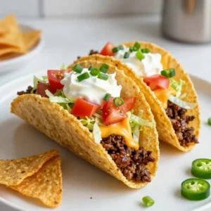- 1 bag Nacho Cheese Doritos - 1 lb ground beef or turkey - 1 packet taco seasoning - 1 cup shredded lettuce - 1 cup diced tomatoes - 1 cup shredded cheddar cheese - ½ cup sour cream - ¼ cup chopped green onions - Sliced jalapeños (optional) To make these tasty Nacho Cheese Doritos tacos, you need a few simple items. First, grab a bag of Nacho Cheese Doritos. These chips give your tacos a crunchy and cheesy base. Next, choose either ground beef or turkey, depending on your preference. You will need about one pound. Taco seasoning adds flavor to the meat. A packet will work just fine. Now, let’s talk toppings. You can’t have tacos without some fresh veggies! Use one cup of shredded lettuce and one cup of diced tomatoes. Shredded cheddar cheese adds more taste and creaminess to each bite. For a cool touch, add half a cup of sour cream. Finally, sprinkle some chopped green onions on top for a pop of color. If you like heat, sliced jalapeños are an optional choice. Gather these ingredients, and you’re ready to start cooking! {{ingredient_image_1}} First, heat a large skillet over medium heat. Add 1 pound of ground beef or turkey. Cook it until it turns brown and is no longer pink. This takes about 7 to 10 minutes. Make sure to drain any extra fat. Next, sprinkle in the taco seasoning from the packet. Pour in 1/4 cup of water, then stir to mix. Let this simmer for about 5 minutes. This helps the flavors blend well. While the meat cooks, wash and chop your toppings. Grab some fresh lettuce, tomatoes, and green onions. You want 1 cup of shredded lettuce, 1 cup of diced tomatoes, and 1/4 cup of chopped green onions. The colors and crunch add life to your tacos. Now it’s time to put your tacos together! Start by taking a bag of Nacho Cheese Doritos. Gently crush them while they’re still in the bag. This makes a crunchy base. Next, shape the crushed Doritos into a taco shell. Use your hands or a taco holder for help. Add a big scoop of your seasoned meat on top. Then, layer on the shredded lettuce, diced tomatoes, and shredded cheddar cheese. Finish it off with a dollop of sour cream and a sprinkle of green onions. If you like heat, add sliced jalapeños. Serve your tacos right away to keep the Doritos crispy. Enjoy the crunch and burst of flavors! To cook the meat, use medium heat. Brown the ground beef or turkey for 7-10 minutes. This time lets the meat get nice and brown. Drain any extra fat for a leaner taco. Add taco seasoning with a little water. Let it simmer for five minutes. This step makes the meat juicy and flavorful. To crush Doritos without a mess, keep them in the bag. Use your hands to gently press down. This method keeps crumbs inside the bag. When you’re done, pour them into your taco shell shape. You’ll have a great crunchy base! Pair your tacos with simple drinks. Cold soda or iced tea works well. For something special, try a light beer or a fruity mocktail. These drinks balance the cheesy flavor of the Doritos. For sides, keep it easy. Serve with fresh fruit like watermelon or a light salad. You can also add chips and salsa on the side. These options keep the meal fun and colorful. Want to swap the protein? Try chicken, pork, or even beans for a veggie twist. Each option brings a new taste to your tacos. Get creative with toppings. Add sliced avocado for creaminess or corn for a sweet crunch. You can also use different cheeses like pepper jack for spice. The options are endless, so mix and match to find your favorite combo! Pro Tips Use Fresh Ingredients: Always opt for fresh produce like lettuce and tomatoes to elevate the flavor of your tacos. Customize Your Meat: For extra flavor, try adding a splash of lime juice or some hot sauce to the meat mixture while it simmers. Perfect Crunch: Crush the Doritos just before serving to ensure they stay crispy and don’t become soggy. Spice it Up: Feel free to add your favorite spices or extra toppings like guacamole or salsa for a personal touch! {{image_2}} You can make a great vegetarian taco using plant-based meat. Look for brands with good texture. They cook just like ground beef or turkey. You can also add extra veggies. Try bell peppers, corn, or black beans. These add color and flavor to your meal. Want a spicy kick? Add chili powder or cayenne pepper to your meat. You can mix in some diced jalapeños for heat. For a sweet twist, consider adding diced mango or pineapple. The sweetness balances the salty Doritos well. Doritos are not your only option. You can use other flavored chips, like Cool Ranch or Spicy Nacho. They give a different taste to your tacos. Tortilla chips are another good choice. They might be less crunchy but still work well for a taco base. To store leftover tacos, wrap them in foil or plastic wrap. This keeps the tacos fresh and helps prevent them from getting soggy. If you can, store the toppings and the taco base separately. This keeps the Doritos crispy and the toppings fresh. For the taco ingredients, place them in airtight containers. Shredded lettuce, tomatoes, and cheese should stay cool in the fridge. When reheating the meat, use a skillet over low heat. Stir it often to warm it evenly. You can also heat it in the microwave, but stir it halfway through for even heating. To keep Doritos crispy, avoid reheating them in the microwave. Instead, place them in a hot oven for a few minutes. This brings back their crunch. You can freeze assembled tacos, but it's best to freeze just the meat and toppings. Assemble the tacos fresh when ready to eat. For freezing taco ingredients, place the meat in a freezer-safe bag. You can also freeze chopped veggies. Just be sure to thaw them in the fridge before using. Yes, you can use other flavors! Some fun options include Cool Ranch, Spicy Nacho, or even Flamin' Hot. Each flavor adds a unique twist to your tacos. Experiment with different flavors to find your favorite. You might even try mixing flavors for a bold taste! You can make these tacos healthier by swapping some ingredients. Use lean ground turkey or chicken instead of beef. Choose low-fat sour cream or Greek yogurt for a lighter topping. Add more veggies, like bell peppers or corn, for extra nutrients. You can also use whole grain tortillas if you want a different base. You can find Nacho Cheese Doritos Tacos at many food trucks and casual restaurants. Some taco shops offer unique takes on these tacos. Check local listings or apps to find popular spots near you. If you’re adventurous, some gourmet restaurants might have creative versions too! Making tacos with Nacho Cheese Doritos can be fun and easy. We covered the main ingredients, like ground beef or turkey, and tasty toppings. I shared step-by-step instructions for cooking the meat and assembling your tacos. You learned tips for perfect tacos and creative variations. In the end, this easy recipe is great for any meal. Enjoy your crunchy, flavorful tacos! You can customize them to fit your taste. Get ready to impress your family and friends with your taco-making skills!