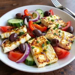 - 250g halloumi cheese, sliced thick - 1 medium cucumber, diced - 2 ripe tomatoes, diced - 1 small red onion, thinly sliced - 1 bell pepper (any color), diced - 100g kalamata olives, pitted - 2 tablespoons olive oil - 1 tablespoon balsamic vinegar - Juice of 1 lemon - 1 teaspoon dried oregano - Salt and pepper to taste The main star of this dish is halloumi cheese. It has a unique texture and can be grilled to perfection. The fresh vegetables, like cucumber and tomatoes, add color and crunch. Each bite bursts with flavor. The olives bring a nice briny taste, which works well with the cheese. The dressing is simple yet bold. Olive oil, lemon juice, and balsamic vinegar make it zesty. Dried oregano adds an earthy aroma. Salt and pepper enhance all the flavors. You will love how everything blends together! - Fresh parsley, chopped, for garnish If you want to elevate your salad, add fresh herbs. Chopped parsley adds a bright touch. You can also experiment with other toppings. Consider nuts or seeds for crunch. Cheese lovers might sprinkle feta on top. These garnishes make your salad even more special! {{ingredient_image_1}} To grill halloumi, start by preheating your grill or grill pan over medium heat. This step is key to getting a nice char. While the grill heats, brush both sides of the halloumi slices with olive oil. This helps prevent sticking. Place the halloumi on the grill and cook it for 2-3 minutes on each side. You want it golden brown and slightly charred. Once done, remove the cheese and set it aside to cool. Next, grab a large salad bowl. Dice the cucumber and tomatoes, then thinly slice the red onion. Dice the bell pepper and add it all to the bowl. Toss in the kalamata olives for a briny kick. In a separate small bowl, whisk together olive oil, balsamic vinegar, lemon juice, dried oregano, salt, and pepper. This dressing brings all the flavors together. Now, it’s time to combine everything. Cut the grilled halloumi into bite-sized pieces. Add it to the salad with the veggies. Toss everything gently to avoid breaking the halloumi too much. This salad looks great on a large platter. Arrange the halloumi pieces nicely on top. For an extra touch, drizzle some olive oil over the salad and garnish with fresh parsley. Enjoy your tasty creation! Grilling halloumi takes a bit of skill. - Timing for the halloumi: Grill the halloumi for 2-3 minutes on each side. This time gives it a nice golden color. Check for slight charring before flipping. - Achieving the best char: Use medium heat to prevent burning. A hot grill creates those beautiful grill marks. Brush olive oil on both sides of the cheese to keep it from sticking. The dressing makes a big impact. - Alternative dressings: You can switch the dressing for a lemon vinaigrette or a yogurt-based one. Both add a fresh twist. - Seasoning adjustments: Feel free to adjust the salt and pepper to your taste. Adding a pinch of red pepper flakes can bring some heat. Mixing in fresh herbs like basil or mint will brighten the flavors even more. Pro Tips Use Fresh Ingredients: For the best flavor, choose ripe, seasonal vegetables and high-quality halloumi cheese. Grill in Batches: If making for a crowd, grill halloumi in batches to ensure even cooking and prevent overcrowding the grill. Customize the Dressing: Feel free to add herbs like basil or mint to the dressing for an extra flavor boost. Serve Immediately: Grilled halloumi is best enjoyed fresh off the grill while it's warm and slightly melty. {{image_2}} You can easily change ingredients in this salad. If you want a different taste, swap out the halloumi. Feta cheese works well. It gives a nice creamy texture. You can also add other vegetables. Try adding avocado for creaminess. Radishes add a nice crunch. You can include arugula for a peppery flavor. The options are endless! If you follow a vegan diet, use grilled tofu instead of halloumi. Tofu absorbs flavors well and adds protein. You can also use chickpeas for a hearty option. For low-carb diets, skip the tomatoes. Focus on cucumbers and bell peppers instead. You can also add more leafy greens. They keep it light and refreshing. To keep your grilled halloumi Greek salad fresh, place it in an airtight container. Chill it in the fridge right away. This salad is best when eaten fresh, but you can store it for later. If you have extra halloumi, store it separately. This helps keep the cheese firm. For reheating, avoid microwaving the salad. Instead, warm the grilled halloumi in a skillet. Use low heat to prevent it from becoming rubbery. You can also enjoy the salad cold straight from the fridge. The grilled halloumi Greek salad stays fresh for about 3 days in the fridge. After this time, the veggies may get mushy and lose flavor. Always check for off smells or changes in texture before eating leftovers. If it looks or smells wrong, it's best to toss it out. If you can't find halloumi, try using these cheese alternatives: - Feta cheese: Crumbled feta adds a salty taste. - Paneer: This Indian cheese has a similar texture. - Queso blanco: This cheese works well in salads. Each of these will give your salad a unique twist. Yes, you can prep parts of this salad ahead. Here are some tips for prepping in advance: - Cut the veggies and store them in the fridge. - Grill the halloumi a few hours before serving. - Keep the dressing separate until you're ready to eat. This way, your salad stays fresh and tasty. To keep your salad fresh, follow these storage tips: - Store leftovers in an airtight container. - Keep the salad in the fridge for up to 2 days. - If the salad has dressing, consume it sooner. These steps help maintain the flavor and crunch. This blog post discussed how to create a tasty halloumi salad. You learned about the main ingredients like halloumi cheese, fresh veggies, and dressings. I shared step-by-step instructions to grill halloumi and assemble your salad. You also found helpful tips on cooking, dressing options, and ingredient swaps. In conclusion, this salad is easy to make, healthy, and full of flavor. Enjoy experimenting with the ingredients and make it your own!
