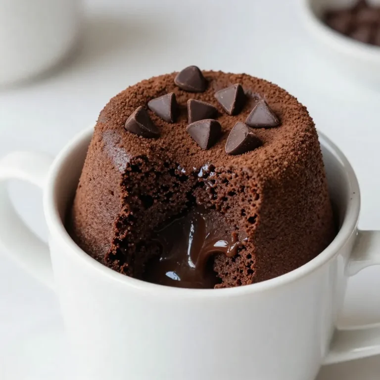 - 4 tablespoons all-purpose flour - 4 tablespoons granulated sugar - 2 tablespoons unsweetened cocoa powder The basic ingredients are simple. All-purpose flour gives the cake structure. Granulated sugar adds sweetness and helps it rise. Unsweetened cocoa powder brings that rich chocolate flavor. - 1/8 teaspoon baking powder - 3 tablespoons milk - 2 tablespoons vegetable oil - 1/4 teaspoon vanilla extract - 1 tablespoon semi-sweet chocolate chips - A pinch of salt These extra ingredients make the cake even better. Baking powder helps it rise and become fluffy. Milk adds moisture, while vegetable oil keeps it soft. Vanilla extract gives a nice aroma. Chocolate chips melt to create the lava effect. A pinch of salt enhances all the flavors. Each ingredient plays a role in making a perfect mug cake. {{ingredient_image_1}} In a microwave-safe mug, add the following dry ingredients: - 4 tablespoons all-purpose flour - 4 tablespoons granulated sugar - 2 tablespoons unsweetened cocoa powder - 1/8 teaspoon baking powder - A pinch of salt Stir these ingredients well. Make sure they are mixed evenly. This step is key for a smooth cake. Next, it’s time to add the wet ingredients. Pour in: - 3 tablespoons milk - 2 tablespoons vegetable oil - 1/4 teaspoon vanilla extract Mix these wet ingredients into the dry mix. Stir until you have a smooth batter. This is where the magic begins! Now, gently fold in: - 1 tablespoon semi-sweet chocolate chips Make sure the chocolate chips are spread throughout the batter. Now, let's cook the cake. Place your mug in the microwave. Cook on high for about 40-60 seconds. Keep a close eye on it! You want the cake to rise and look set on the edges. The center should stay slightly gooey. Don’t overcook! After cooking, let the mug cake cool for one minute. Then, dig in and enjoy that delicious molten center! To avoid overcooking your chocolate lava mug cake, watch the clock. Microwaves vary, so start with 40 seconds. Check if the edges look set but the center is still soft. If it needs more time, add 10-second bursts. This way, you keep that gooey center. Overcooking turns the cake dry. Remember, it's better to undercook slightly. How do you know your lava cake is perfect? Look for a risen top and set edges. The middle should jiggle slightly. When you poke it, melted chocolate should ooze out. This is the magic of a lava cake! If it looks too firm, it may need less time next round. Serving your mug cake can be fun! Top it with a scoop of vanilla ice cream. This adds a creamy contrast to the warm cake. You can also use whipped cream for a light touch. For extra flair, sprinkle some chocolate chips or cocoa powder on top. These small details make your treat even better! Pro Tips Watch the Time: Microwaves can vary significantly in power, so start with 40 seconds and add more time in 10-second increments if needed to avoid overcooking. Experiment with Flavors: Try adding a pinch of cinnamon or a few drops of almond extract for a unique twist on the classic chocolate flavor. Serve Immediately: This mug cake is best enjoyed fresh out of the microwave to savor the gooey center—don't wait too long! Customize Your Toppings: Enhance your mug cake with fresh berries, a drizzle of caramel, or a sprinkle of nuts for added texture and flavor. {{image_2}} You can easily change the taste of your chocolate lava mug cake. Adding flavors like espresso boosts the chocolate. Just mix in a teaspoon of instant espresso powder with the dry ingredients. If you love mint, add a drop of peppermint extract. This gives your cake a fresh twist. Feel free to get creative with other flavors too. A dash of orange zest or a splash of almond extract can surprise your taste buds! If you need gluten-free options, swap the all-purpose flour for almond or coconut flour. Use the same amount, but keep an eye on the texture. For vegan choices, replace the milk with almond or oat milk. You can also switch the vegetable oil for coconut oil. Just melt it first. Make sure to use dairy-free chocolate chips to keep it vegan. These tweaks let everyone enjoy this treat! Toppings can make your mug cake even better. A scoop of vanilla ice cream is a classic choice. It melts into the hot cake and adds creaminess. For a fruity twist, try adding fresh berries or sliced bananas. You can also sprinkle extra chocolate chips or nuts on top. A drizzle of caramel or chocolate sauce adds a sweet touch. Mix and match your favorite toppings for a fun dessert experience! To store leftover mug cake, allow it to cool first. Once cool, cover your mug with plastic wrap or transfer the cake to an airtight container. This keeps the cake moist and fresh. You can store it in the fridge for up to two days. If you want to enjoy it later, place it in the freezer. Just make sure to wrap it well to avoid freezer burn. The best way to reheat your mug cake is in the microwave. Start by removing any plastic wrap. Place the mug in the microwave for about 10-15 seconds. Check the cake after this time. If it needs more heat, add another 5-10 seconds. Be careful not to overheat it, as this can dry out the cake. You want it warm, but still gooey in the center. The chocolate lava mug cake stays fresh for about two days in the fridge. If frozen, it can last up to one month. Just remember to thaw it in the fridge before reheating. Always check for any off smells or changes in texture before consuming leftovers. Enjoy your tasty treat! Yes, you can make this mug cake in the oven. Preheat your oven to 350°F (175°C). Use an oven-safe mug or small ramekin for baking. Pour in the batter as you would for microwaving. Bake for about 12-15 minutes. Check if it's done by looking for a firm edge and a soft center. To prevent overflow, use a larger mug. Fill it only halfway with batter. Keep an eye on the cooking time. Microwaves vary, so start with 40 seconds. If it rises too much, stop the microwave and let it settle. You can easily personalize your mug cake. Try adding a pinch of espresso powder for a coffee kick. Use mint extract instead of vanilla for a fresh twist. You can also mix in nuts or dried fruits for extra texture. You learned how to make a great mug cake using simple steps. We covered the essential and extra ingredients, mixing methods, and cooking times. You found tips for perfect texture and serving ideas. We even explored fun variations, storage tips, and common questions. Mug cakes are easy and fun. Experiment with your flavors and toppings. Enjoy your delicious creation!