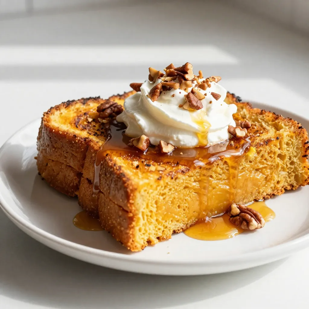 To make delicious Pumpkin Spice French Toast, gather these ingredients: - 4 slices of thick bread (like brioche or challah) - 2 large eggs - 1/2 cup milk (or almond milk) - 1/4 cup canned pumpkin puree - 1 teaspoon pumpkin pie spice - 1 teaspoon vanilla extract - 1 tablespoon brown sugar - 1/4 teaspoon salt - Butter or oil for cooking - Maple syrup for serving - Whipped cream (optional) - Chopped pecans or walnuts for garnish (optional) Using fresh, high-quality ingredients makes a big difference in flavor. Choose thick bread like brioche or challah for a rich texture. Fresh eggs enhance the taste and texture. When selecting milk, you can go for whole milk or almond milk based on your preference. Canned pumpkin puree should be pure and without added sugar. This ensures the best flavor. Pumpkin pie spice should be fresh; old spices can lose their strength. If you're missing an ingredient, don't worry! You can swap the milk for oat milk or soy milk. If you want to skip the eggs, use a banana or flaxseed meal as a binder. For a different flavor, try using cinnamon instead of pumpkin pie spice. You can also use any bread you have on hand, but thick slices work best. If you prefer no nuts, skip them or use seeds instead for a crunchy topping. {{ingredient_image_1}} First, gather all your ingredients. You need thick bread, eggs, milk, and pumpkin puree. In a mixing bowl, whisk together: - 2 large eggs - 1/2 cup milk (or almond milk) - 1/4 cup canned pumpkin puree - 1 teaspoon pumpkin pie spice - 1 teaspoon vanilla extract - 1 tablespoon brown sugar - 1/4 teaspoon salt Mix until smooth. This mixture gives the toast its pumpkin spice flavor. Make sure all the ingredients blend well. This step is key to getting a rich taste. Now, heat a non-stick skillet over medium heat. Add a small amount of butter or oil to coat the pan. Dip each slice of thick bread into the pumpkin mixture. Ensure both sides are coated but not soaked. Place the soaked slices on the hot skillet. Cook for about 3-4 minutes on each side. Look for a golden brown color and slight crispiness. Once done, remove the toast from the skillet. You can keep it warm in a low oven if you need. Serve your French toast warm. Drizzle with maple syrup for sweetness. For a special touch, add whipped cream on top. Chopped pecans or walnuts make great garnishes too. They add a nice crunch and flavor. Enjoy this cozy dish at breakfast or brunch! For the best Pumpkin Spice French Toast, choose thick bread. Brioche and challah work great. They soak up the pumpkin mixture well. This makes every bite rich and tasty. You can also use Texas toast or sourdough. Each type adds a unique flavor and texture. To get that perfect crispy edge, use medium heat. If the heat is too low, the bread gets soggy. If it’s too high, it burns. Add butter or oil to your skillet. This helps create that golden crust. Cook each slice for 3-4 minutes on each side. Flip only once for the best crispiness. You can add more flavor to your French toast. Try mixing in a pinch of nutmeg for warmth. A splash of orange zest can brighten the taste. You could also add some chocolate chips for sweetness. Top your toast with maple syrup or whipped cream. Chopped nuts like pecans or walnuts give a nice crunch. Each enhancement makes your dish even more special. Pro Tips Use Day-Old Bread: Stale bread absorbs the custard mixture better, resulting in a more flavorful French toast. Adjust Sweetness: Feel free to adjust the brown sugar to your taste or substitute with a sugar alternative for a healthier option. Cooking Temperature: Keep the skillet on medium heat to ensure that the toast cooks evenly without burning. Garnish Wisely: Adding a sprinkle of cinnamon or nutmeg on top of the whipped cream enhances the flavor and presentation. {{image_2}} You can easily make vegan pumpkin spice French toast. Replace the eggs with a flax egg. To make a flax egg, mix one tablespoon of ground flaxseed with three tablespoons of water. Let it sit for a few minutes until it thickens. For the milk, use almond milk or any plant-based milk you prefer. The rest of the ingredients stay the same. This version tastes just as good and is perfect for plant-based eaters. If you need a gluten-free version, choose gluten-free bread. Many stores sell great gluten-free options. You can still use the same pumpkin mixture. Just dip the bread slices lightly so they don’t break. Gluten-free bread may need a little extra cooking time, so keep an eye on it. This way, everyone can enjoy this cozy dish. Get creative with toppings for your pumpkin spice French toast! Here are some fun ideas: - Fresh fruits like bananas, apples, or berries - A sprinkle of powdered sugar for sweetness - A dollop of yogurt or coconut cream - Chopped nuts like pecans or walnuts for crunch - Drizzle of chocolate or caramel sauce for extra flavor Feel free to mix and match these toppings. Each one adds a different twist to your dish. Enjoy exploring new flavors! To keep your Pumpkin Spice French Toast fresh, store it in an airtight container. Place a piece of parchment paper between slices to prevent sticking. Refrigerate for up to three days. Make sure it cools down before sealing. If you want to save some for later, freezing is a great option. Allow the French toast to cool completely. Wrap each slice in plastic wrap, then place them in a freezer bag. You can freeze it for up to one month. Label the bag with the date to keep track. To reheat, you can use the oven or a toaster. For the oven, preheat it to 350°F (175°C). Place the slices on a baking sheet and heat for about 10 minutes. For the toaster, simply pop the slice in until warm and crispy. This keeps the texture nice and tasty. Enjoy your cozy treat anytime! You can prepare the pumpkin mixture a day early. Mix the eggs, milk, pumpkin puree, and spices. Store it in the fridge. When ready, dip your bread and cook it fresh. This saves time for busy mornings. Yes, you can use fresh pumpkin! Start by roasting a small pumpkin. Scoop out the flesh and blend it until smooth. Use this fresh puree in place of canned pumpkin. It adds a nice touch and flavor. Serve your French toast with maple syrup for sweetness. Whipped cream adds creaminess and fun. Chopped pecans or walnuts provide a nice crunch. You can also add fresh fruit like bananas or apples for extra flavor. Enjoy! In this post, we covered how to make delicious Pumpkin Spice French Toast. We discussed key ingredients, cooking steps, and helpful tips. I shared ways to adapt the recipe for different diets. Remember, using good-quality ingredients can make a big difference. Try different toppings to find your favorite. Store any leftovers properly and enjoy them later. With these ideas, you can create a warm dish that everyone will love, no matter the season. Enjoy your cooking and impress your friends and family!