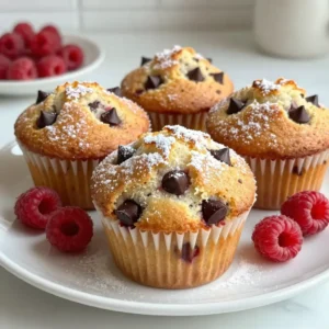 To make Raspberry Chocolate Chip Muffins, you need some basic ingredients. Here’s what you will need: - 1 cup all-purpose flour - 1 cup whole wheat flour - 1 teaspoon baking powder - 1/2 teaspoon baking soda - 1/2 teaspoon salt - 1/2 cup brown sugar, packed - 1/4 cup granulated sugar - 1/2 cup unsalted butter, melted - 2 large eggs - 1 teaspoon vanilla extract - 1 cup buttermilk - 1 cup fresh raspberries - 1/2 cup dark chocolate chips These ingredients create a perfect mix of flavors. The flours give a great texture. The sugars add sweetness. The butter keeps the muffins moist. Eggs help bind everything together. Vanilla adds a nice aroma. Buttermilk gives a slight tang, which pairs beautifully with the raspberries and chocolate. I love using fresh raspberries, but frozen ones can work too. Just be gentle when mixing in the berries. Dark chocolate chips melt nicely and add richness. Each bite brings joy. Use these ingredients, and you will have a delightful treat! {{ingredient_image_1}} - Preheat your oven to 375°F (190°C). Line a muffin pan with paper liners or grease it. - In a large bowl, mix the all-purpose flour, whole wheat flour, baking powder, baking soda, and salt. Whisk them together until they blend well. - In another bowl, combine the melted butter, brown sugar, and granulated sugar. Stir until it looks smooth. Add the eggs one at a time, mixing well after each. Then, add the vanilla extract and buttermilk. Mix until combined. - Now, gently fold the wet ingredients into the dry ingredients. Be careful not to over-mix; a few lumps are just fine. - Next, fold in the fresh raspberries and dark chocolate chips. Take care not to break the berries as you mix. - Scoop the batter into the muffin pan. Fill each cup about 2/3 full. - Bake the muffins for 18-20 minutes. Check if they’re done by inserting a toothpick in the center. It should come out clean. Let the muffins cool in the pan for 5 minutes before moving them to a wire rack. To bake the best Raspberry Chocolate Chip Muffins, start with the right oven temperature. Preheat your oven to 375°F (190°C). This temperature helps the muffins rise perfectly and cook evenly. Position your muffin pan in the center of the oven. This way, heat circulates well around the muffins. Avoid over-mixing the batter. When you mix the wet and dry ingredients, do it gently. Stir until just combined. A few lumps in the batter are okay. Over-mixing makes the muffins tough, which we don’t want. Serving these muffins warm is a treat. They taste best fresh out of the oven. For a lovely touch, dust the tops with powdered sugar. This adds sweetness and makes them look nice. You can also garnish the muffins with extra raspberries on top. This not only looks pretty but adds a burst of flavor. If you're feeling creative, serve them with a dollop of whipped cream. This makes for a delightful snack or breakfast option. Pro Tips Use Room Temperature Ingredients: Ensuring your eggs and buttermilk are at room temperature helps in achieving a smoother batter and better rise. Don't Overmix: Mixing just until combined prevents the muffins from becoming dense. A few lumps are perfectly okay! Fresh vs. Frozen Raspberries: If using frozen raspberries, add them directly to the batter without thawing to prevent the batter from turning pink. Customize Your Chocolate: Feel free to swap dark chocolate chips for milk or white chocolate for a different flavor profile! {{image_2}} You can easily change the flavor of these muffins. If you want a different taste, try using other fruits. Blueberries, strawberries, or peaches work well. Each fruit brings its unique flavor. You can mix fruits too for a fun twist. Another option is to switch the chocolate chips. You can use milk chocolate or white chocolate chips. These will add a sweeter taste. Dark chocolate gives a rich flavor, while white chocolate is creamy. Experiment with different flavors to find your favorite! If you need gluten-free muffins, you can make simple swaps. Use gluten-free flour instead of all-purpose and whole wheat flour. Many stores sell gluten-free flour blends. They work well in this recipe. For a vegan version, replace the eggs with flaxseed meal. Mix one tablespoon of flaxseed with three tablespoons of water. Let it sit for a few minutes until it thickens. You can also use plant-based butter and almond or soy milk instead of buttermilk. These swaps keep the muffins tasty and light. To keep your Raspberry Chocolate Chip Muffins fresh, store them in an airtight container. Place them at room temperature for up to three days. If you want them to last longer, you can refrigerate them. In the fridge, they stay good for about a week. Just remember to let them cool completely before storing. This way, they won’t get soggy. If you want to save some for later, freezing is a great option. First, let the muffins cool down. Then, wrap each muffin tightly in plastic wrap. Place the wrapped muffins in a freezer-safe bag or container. They can last in the freezer for up to three months. When you want to eat one, take it out and let it thaw at room temperature. You can also microwave it for about 15-20 seconds to warm it up. Enjoy a warm muffin anytime! Can I use frozen raspberries? Yes, you can use frozen raspberries. They work well in this recipe. Just fold them in gently. This helps keep them intact. If you use frozen berries, do not thaw them. This keeps the batter from getting too wet. How do I know when muffins are done? You know the muffins are done when a toothpick comes out clean. Insert it in the center of a muffin. If it comes out with wet batter, bake a few more minutes. The tops should look golden brown. Can I make these muffins ahead of time? Yes, you can make them ahead of time. Bake the muffins and let them cool. Store them in an airtight container. They stay fresh for about three days. You can also freeze them for longer storage. You now have a clear guide to baking delicious muffins. We covered the ingredients, step-by-step instructions, and helpful tips. You learned how to create variations and how to store your muffins for later enjoyment. Remember, you can get creative with flavors and adjust for diets. Enjoy your baking journey with confidence, knowing you can make tasty treats that everyone will love. Happy baking!