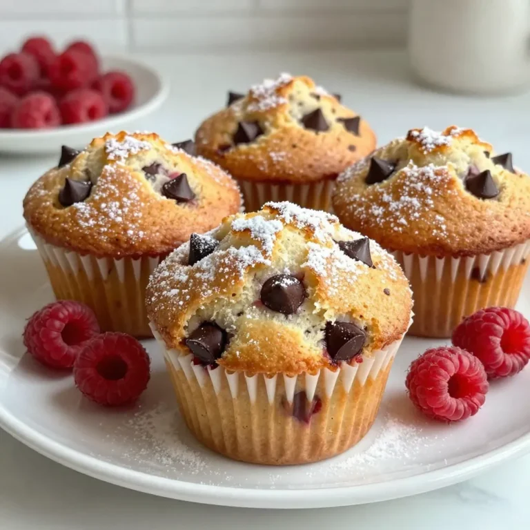 To make Raspberry Chocolate Chip Muffins, you need some basic ingredients. Here’s what you will need: - 1 cup all-purpose flour - 1 cup whole wheat flour - 1 teaspoon baking powder - 1/2 teaspoon baking soda - 1/2 teaspoon salt - 1/2 cup brown sugar, packed - 1/4 cup granulated sugar - 1/2 cup unsalted butter, melted - 2 large eggs - 1 teaspoon vanilla extract - 1 cup buttermilk - 1 cup fresh raspberries - 1/2 cup dark chocolate chips These ingredients create a perfect mix of flavors. The flours give a great texture. The sugars add sweetness. The butter keeps the muffins moist. Eggs help bind everything together. Vanilla adds a nice aroma. Buttermilk gives a slight tang, which pairs beautifully with the raspberries and chocolate. I love using fresh raspberries, but frozen ones can work too. Just be gentle when mixing in the berries. Dark chocolate chips melt nicely and add richness. Each bite brings joy. Use these ingredients, and you will have a delightful treat! {{ingredient_image_1}} - Preheat your oven to 375°F (190°C). Line a muffin pan with paper liners or grease it. - In a large bowl, mix the all-purpose flour, whole wheat flour, baking powder, baking soda, and salt. Whisk them together until they blend well. - In another bowl, combine the melted butter, brown sugar, and granulated sugar. Stir until it looks smooth. Add the eggs one at a time, mixing well after each. Then, add the vanilla extract and buttermilk. Mix until combined. - Now, gently fold the wet ingredients into the dry ingredients. Be careful not to over-mix; a few lumps are just fine. - Next, fold in the fresh raspberries and dark chocolate chips. Take care not to break the berries as you mix. - Scoop the batter into the muffin pan. Fill each cup about 2/3 full. - Bake the muffins for 18-20 minutes. Check if they’re done by inserting a toothpick in the center. It should come out clean. Let the muffins cool in the pan for 5 minutes before moving them to a wire rack. To bake the best Raspberry Chocolate Chip Muffins, start with the right oven temperature. Preheat your oven to 375°F (190°C). This temperature helps the muffins rise perfectly and cook evenly. Position your muffin pan in the center of the oven. This way, heat circulates well around the muffins. Avoid over-mixing the batter. When you mix the wet and dry ingredients, do it gently. Stir until just combined. A few lumps in the batter are okay. Over-mixing makes the muffins tough, which we don’t want. Serving these muffins warm is a treat. They taste best fresh out of the oven. For a lovely touch, dust the tops with powdered sugar. This adds sweetness and makes them look nice. You can also garnish the muffins with extra raspberries on top. This not only looks pretty but adds a burst of flavor. If you're feeling creative, serve them with a dollop of whipped cream. This makes for a delightful snack or breakfast option. Pro Tips Use Room Temperature Ingredients: Ensuring your eggs and buttermilk are at room temperature helps in achieving a smoother batter and better rise. Don't Overmix: Mixing just until combined prevents the muffins from becoming dense. A few lumps are perfectly okay! Fresh vs. Frozen Raspberries: If using frozen raspberries, add them directly to the batter without thawing to prevent the batter from turning pink. Customize Your Chocolate: Feel free to swap dark chocolate chips for milk or white chocolate for a different flavor profile! {{image_2}} You can easily change the flavor of these muffins. If you want a different taste, try using other fruits. Blueberries, strawberries, or peaches work well. Each fruit brings its unique flavor. You can mix fruits too for a fun twist. Another option is to switch the chocolate chips. You can use milk chocolate or white chocolate chips. These will add a sweeter taste. Dark chocolate gives a rich flavor, while white chocolate is creamy. Experiment with different flavors to find your favorite! If you need gluten-free muffins, you can make simple swaps. Use gluten-free flour instead of all-purpose and whole wheat flour. Many stores sell gluten-free flour blends. They work well in this recipe. For a vegan version, replace the eggs with flaxseed meal. Mix one tablespoon of flaxseed with three tablespoons of water. Let it sit for a few minutes until it thickens. You can also use plant-based butter and almond or soy milk instead of buttermilk. These swaps keep the muffins tasty and light. To keep your Raspberry Chocolate Chip Muffins fresh, store them in an airtight container. Place them at room temperature for up to three days. If you want them to last longer, you can refrigerate them. In the fridge, they stay good for about a week. Just remember to let them cool completely before storing. This way, they won’t get soggy. If you want to save some for later, freezing is a great option. First, let the muffins cool down. Then, wrap each muffin tightly in plastic wrap. Place the wrapped muffins in a freezer-safe bag or container. They can last in the freezer for up to three months. When you want to eat one, take it out and let it thaw at room temperature. You can also microwave it for about 15-20 seconds to warm it up. Enjoy a warm muffin anytime! Can I use frozen raspberries? Yes, you can use frozen raspberries. They work well in this recipe. Just fold them in gently. This helps keep them intact. If you use frozen berries, do not thaw them. This keeps the batter from getting too wet. How do I know when muffins are done? You know the muffins are done when a toothpick comes out clean. Insert it in the center of a muffin. If it comes out with wet batter, bake a few more minutes. The tops should look golden brown. Can I make these muffins ahead of time? Yes, you can make them ahead of time. Bake the muffins and let them cool. Store them in an airtight container. They stay fresh for about three days. You can also freeze them for longer storage. You now have a clear guide to baking delicious muffins. We covered the ingredients, step-by-step instructions, and helpful tips. You learned how to create variations and how to store your muffins for later enjoyment. Remember, you can get creative with flavors and adjust for diets. Enjoy your baking journey with confidence, knowing you can make tasty treats that everyone will love. Happy baking!