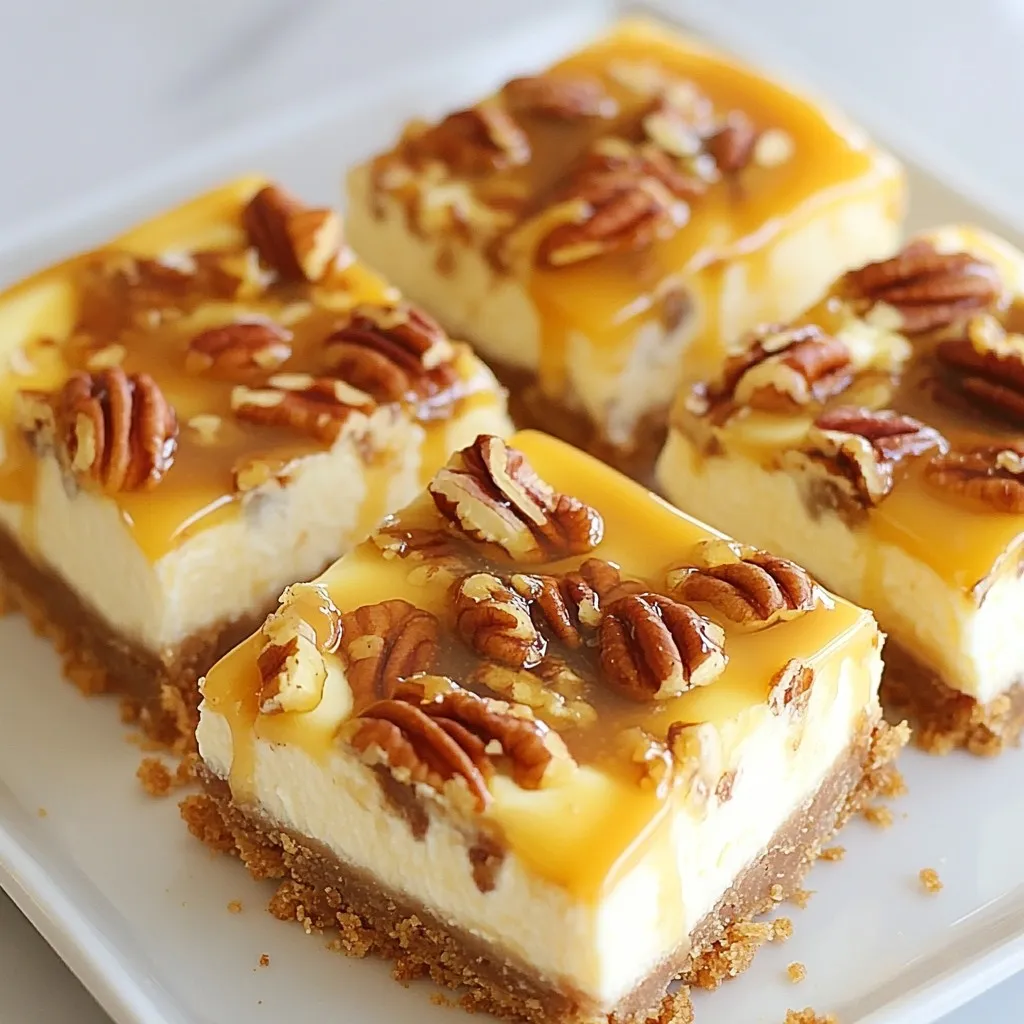 To make these tasty caramel pecan cheesecake bars, you will need: - 1 and 1/2 cups graham cracker crumbs - 1/3 cup granulated sugar - 1/2 cup unsalted butter, melted - 2 cups cream cheese, softened - 1 cup powdered sugar - 2 large eggs - 1 teaspoon vanilla extract - 1/2 teaspoon salt - 1 cup pecans, chopped - 1/2 cup caramel sauce (store-bought or homemade) - Extra pecan halves for garnish (optional) You will need a few tools to make these bars: - A 9x9-inch baking pan - Mixing bowls - An electric mixer - A spatula - A knife for swirling - Measuring cups and spoons If you run out of something, here are some swaps: - Use digestive biscuits instead of graham crackers for the crust. - Coconut oil can replace unsalted butter if needed. - For a lighter option, use reduced-fat cream cheese. - Maple syrup or honey can replace the caramel sauce for a different taste. - If you don’t have pecans, walnuts or almonds work well too. {{ingredient_image_1}} Start by preheating your oven to 325°F (160°C). In a mixing bowl, add 1 and 1/2 cups of graham cracker crumbs, 1/3 cup of granulated sugar, and 1/2 cup of melted unsalted butter. Mix it well until you see a sandy texture. This will form your crust. Next, take a greased 9x9-inch baking pan. Press the crumb mixture evenly into the bottom. Make sure it is compact and covers the entire base. In a large bowl, beat 2 cups of softened cream cheese with 1 cup of powdered sugar. Use an electric mixer on medium speed until the mixture is smooth and creamy. Add 2 large eggs, 1 teaspoon of vanilla extract, and 1/2 teaspoon of salt. Mix everything until it's well combined. This is your cheesecake filling. Gently fold 1 cup of chopped pecans into the cream cheese mixture. Pour this cheesecake filling over your prepared crust. Use a spatula to smooth the top. Drizzle 1/2 cup of caramel sauce over the filling. Take a knife and swirl it through the mixture for a marbled look. Bake in the preheated oven for 30-35 minutes. The edges should be set, and the center will be slightly jiggly. Once baked, let it cool at room temperature before refrigerating for at least 4 hours or overnight. To get the perfect texture for your caramel pecan cheesecake bars, start with softened cream cheese. This helps mix smoothly with the sugar. Beat the cream cheese well until there are no lumps. Use an electric mixer for the best results. Avoid over-mixing once you add the eggs to keep the filling light. Bake until the edges are set but the center still jiggles slightly. This ensures a creamy, not dry, texture. These bars are great served cold right from the fridge. For extra flair, drizzle some warm caramel sauce on top before serving. You can also add whole pecan halves for a nice touch. Pair them with a scoop of vanilla ice cream for a yummy dessert. Serve them at parties or as a sweet treat after dinner. Everyone will love them! One common mistake is not letting the cream cheese soften enough. Cold cream cheese does not mix well and can cause lumps. Also, don’t skip chilling the bars. They need time in the fridge to set properly. Avoid over-baking; check them at 30 minutes. They should be slightly jiggly in the center. Lastly, be careful when swirling the caramel. Too much mixing can ruin the pretty marbled look. Pro Tips Chill for Best Texture: Make sure to chill the cheesecake bars for at least 4 hours, or overnight if possible, to ensure they set properly and achieve the best texture. Use Room Temperature Ingredients: Allow the cream cheese and eggs to come to room temperature before mixing. This will help create a smoother, creamier filling without lumps. Swirl the Caramel Wisely: When drizzling caramel over the filling, use a knife to swirl it gently. Avoid overmixing to keep the beautiful marbled effect. Garnish for Presentation: For a more appealing presentation, add extra pecan halves on top before serving. They not only enhance the look but also add a delightful crunch. {{image_2}} You can make your caramel pecan cheesecake bars even better with extra toppings. Try adding chocolate chips for a sweet twist. You can also sprinkle some sea salt on top for a savory touch. If you love fruit, add fresh berries or sliced bananas. These toppings will add color and flavor to your bars. Don't be afraid to mix and match them! Want to change the flavor? You can easily do that! For a rich chocolate taste, mix in cocoa powder or melted chocolate into the cream cheese. If you prefer a citrusy vibe, add lemon zest or a splash of lemon juice. This brightens the flavor and gives a fresh taste. You can even try adding pumpkin spice for a fall-inspired treat! While the graham cracker crust is classic, there are other options. You can use crushed Oreo cookies for a chocolatey base. If you want a gluten-free option, try almond flour or gluten-free cookies. For a nutty flavor, use crushed pecans or walnuts mixed with butter. These crusts can change the taste and texture of your cheesecake bars. You can store leftover caramel pecan cheesecake bars in the fridge. Place them in an airtight container. This keeps them fresh for up to five days. Make sure to separate layers with parchment paper to avoid sticking. If you want to freeze the bars, wrap them tightly in plastic wrap. Then, place them in a freezer-safe bag. They can last up to three months in the freezer. When ready to eat, thaw them in the fridge overnight before serving. Reheating cheesecake bars is easy. Simply let them sit at room temperature for about 20 minutes. If you prefer them warm, use the microwave. Heat each piece for about 10-15 seconds. Keep an eye on them to avoid overheating. Enjoy your delicious treats! Caramel pecan cheesecake bars can last up to one week in the fridge. Store them in an airtight container. This keeps them fresh and tasty. If you freeze them, they can last for three months. Just wrap them tightly in plastic wrap and foil. Yes, you can make these bars ahead of time. Prepare them the day before you plan to serve them. Once baked and cooled, chill them in the fridge for at least four hours. This helps them firm up. It's a great way to save time on busy days or special occasions. The main difference is the shape and serving style. Cheesecake bars are cut into squares. They are easier to serve and eat. Traditional cheesecake is round and often served in slices. Both have similar flavors and textures, but bars are more portable. We covered the key steps to make delicious cheesecake bars. You learned about ingredients, necessary tools, and helpful tips. Remember to try different flavors and toppings for a fun twist. Avoid common mistakes to ensure great results. Store leftovers properly to keep them fresh. These cheesecake bars are fun and simple to make, so dive in and enjoy! Cooking can be a joyful experience; make it yours.