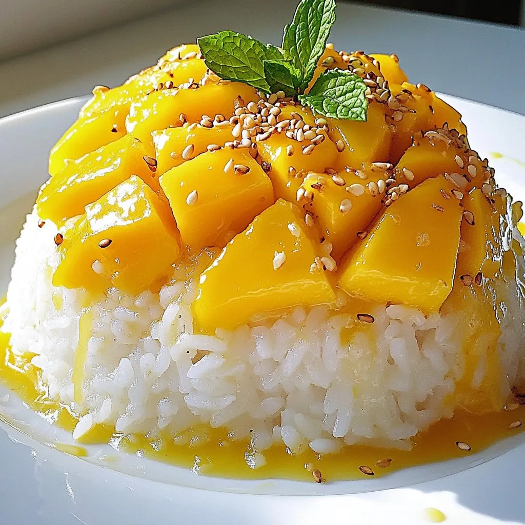 - 1 cup glutinous rice (sticky rice) - 1 ½ cups coconut milk - ½ cup sugar - ¼ teaspoon salt - 2 ripe mangoes, peeled and sliced - 1 tablespoon sesame seeds (for garnish) - Fresh mint leaves (for garnish) Gather these items before you start. Glutinous rice gives the dish its classic chewy texture. Coconut milk adds creaminess and sweetness. Sugar enhances the natural flavors. Salt balances the sweetness. Fresh mangoes bring a fruity burst. Sesame seeds and mint leaves add a nice touch to your plate. Each ingredient plays a key role in making this dessert shine. Make sure your mangoes are ripe. This will ensure they are sweet and juicy. Use fresh coconut milk for the best flavor. If you can, try to find the best quality ingredients. This will make your Thai mango sticky rice taste even better. {{ingredient_image_1}} - Rinse the glutinous rice. This removes extra starch. Keep rinsing until the water is clear. - Soak the rice. You should soak it for at least 4 hours. For best results, soak it overnight. - Steaming the rice is the next step. After draining, place the rice in a steamer. Use cheesecloth to line the steamer. Steam for about 20-25 minutes. The rice should be tender and sticky. - Mix coconut milk, sugar, and salt in a small pot. Heat this mixture on medium heat. Stir until the sugar dissolves. Avoid boiling the sauce; just warm it. - Once the rice is cooked, transfer it to a large bowl. Pour 1 cup of the warm coconut milk over the rice. Stir well to combine. Let it sit for around 20 minutes. This helps the rice absorb the coconut milk. - To serve, take a portion of sticky rice. Mold it into a small mound on your plate. - Top it with sliced mangoes. Drizzle some of the remaining coconut milk over the top. - Finish by sprinkling sesame seeds and adding fresh mint leaves for color. Enjoy your treat! To make the best Thai mango sticky rice, you need ripe mangoes. Ripe mangoes are soft to the touch but not mushy. They should have a sweet scent. Look for mangoes with a golden-yellow skin, often with a hint of red. The best varieties for this dish are Ataulfo and Haden. Ataulfo mangoes are small, smooth, and creamy. Haden mangoes are larger and very sweet. Both types will make your dessert shine. Getting sticky rice just right is key. Rinse it well under cold water until the water runs clear. This removes excess starch and helps it cook better. Soak the rice for at least 4 hours; overnight is even better. If you don’t have a steamer, you can use a pot. Just add a little water to the pot, place the rice in a heat-proof bowl, and cover it. Cook on low heat until the rice is soft and sticky. To spice things up, consider adding a pinch of cinnamon or a drop of vanilla to the coconut milk. This adds warmth and depth to the flavor. You can also use different sweeteners. Try honey or maple syrup instead of sugar. Each sweetener gives a unique taste that can change the dish’s vibe. Don't be afraid to experiment! Pro Tips Perfectly Soaked Rice: Soaking the glutinous rice for at least 4 hours helps to achieve the ideal sticky texture. For best results, soak it overnight. Steaming Technique: Use a bamboo steamer for an authentic touch. Make sure the water in the pot doesn’t touch the rice; this ensures even cooking. Coconut Milk Consistency: For a creamier sauce, let the coconut milk mixture cool slightly before adding it to the rice, allowing it to meld beautifully with the grains. Garnishing Tips: Fresh mint leaves not only add color but also a refreshing flavor. Toasted sesame seeds enhance the dish with a nutty crunch. {{image_2}} You can easily make this dish vegan. Substitute sugar with maple syrup or agave nectar. Use plant-based coconut milk if you want a richer taste. These swaps keep the creamy texture while being vegan-friendly. Thai mango sticky rice is naturally gluten-free. Just ensure your sugar and coconut milk are gluten-free as well. Most brands are safe, but always check the labels. This option lets everyone enjoy the dessert without worry. Pair Thai mango sticky rice with other desserts for a fun experience. It works well with coconut ice cream or fresh fruit salad. For a creative twist, serve it in a glass cup. Layer the sticky rice and mangoes. Add a drizzle of coconut milk on top for a beautiful look. Don't forget to sprinkle sesame seeds and mint leaves for color. Enjoy! To keep your Thai mango sticky rice fresh, store it in an airtight container. This will help prevent the rice from drying out. Place the container in the fridge where it stays good for about three days. If you can, separate the sticky rice from the mango. This keeps the mango from getting mushy. When you want to enjoy your leftover sticky rice, you can warm it up easily. The best way is to use a steamer. Just place the rice in the steamer for about 10 minutes. You can also microwave it. Cover the rice with a damp paper towel to keep it moist. Heat it in short bursts of 30 seconds until it’s warm. If you want to save your Thai mango sticky rice for later, you can freeze it. First, let the rice cool completely. Then, place it in a freezer-safe container or bag. Make sure to remove as much air as you can before sealing. It can stay in the freezer for up to a month. To thaw, move it to the fridge overnight or use the microwave. Just remember to reheat it well before serving! Thai mango sticky rice is a sweet dessert from Thailand. It features glutinous rice, ripe mango, and creamy coconut milk. The sticky rice absorbs the coconut milk, giving it a rich flavor. The ripe mango adds a sweet and juicy contrast. This dish is often served warm and is both comforting and delightful. You can prepare Thai mango sticky rice in advance. First, soak the glutinous rice for at least four hours or overnight. After cooking, let the rice cool. Store the rice and coconut sauce separately in airtight containers. When you're ready to serve, reheat the rice gently and assemble with mango and coconut sauce. Using regular rice changes the dish. Glutinous rice gives the dessert a unique sticky texture. Regular rice will not have the same chewy feel. The flavor will also differ, losing that rich coconut absorption. For the best results, stick to glutinous rice. You can add many garnishes to Thai mango sticky rice. Here are some ideas: - Sprinkle sesame seeds for crunch. - Add fresh mint leaves for color and flavor. - Try toasted coconut flakes for extra texture. - Drizzle with a bit of coconut cream for richness. These garnishes enhance the dish and make it visually stunning. Thai mango sticky rice is a delicious dessert made with glutinous rice, coconut milk, and ripe mangoes. You learned how to prepare the ingredients, cook the rice, and make the coconut sauce. I shared tips for selecting ripe mangoes and perfecting the sticky rice. You can enhance flavors or try variations for vegan or gluten-free options. Enjoy this sweet treat fresh or stored for later. Now, it’s time to impress your friends and family with your new cooking skills!