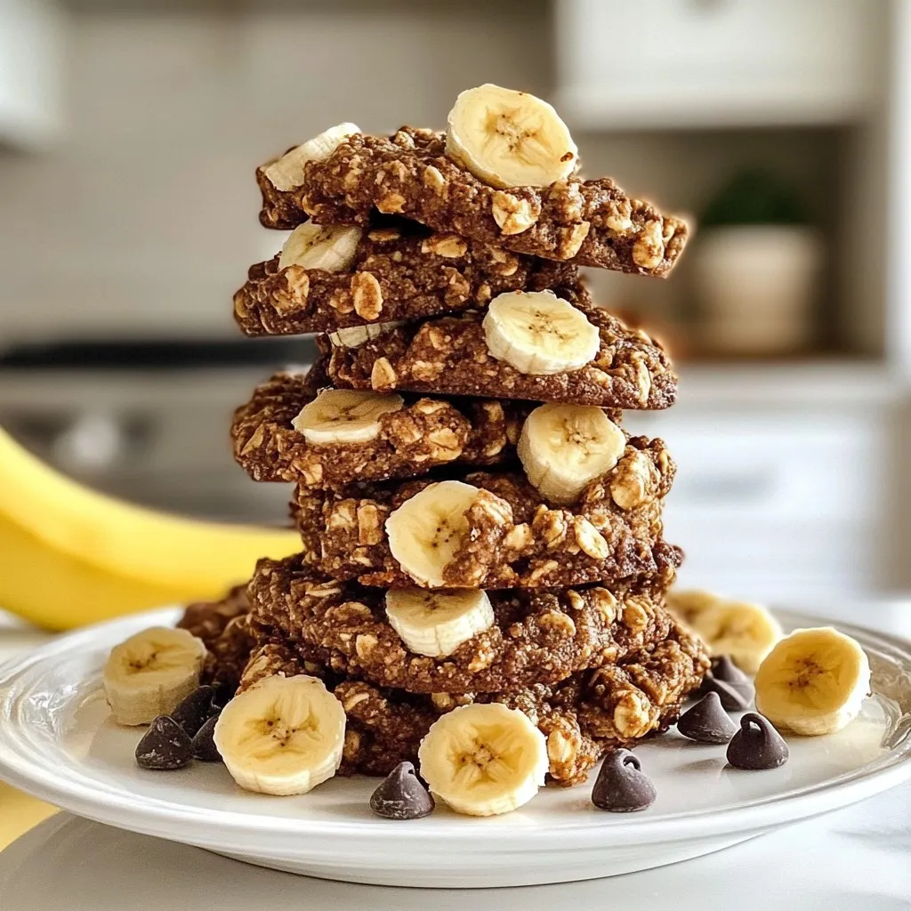 - 1 cup rolled oats - 1 ripe banana, mashed - 1/2 cup almond butter (or any nut butter of your choice) - 1/3 cup brown sugar - 1/2 teaspoon vanilla extract - 1/2 teaspoon baking soda - 1/4 teaspoon salt - 1/2 cup dark chocolate chips - 1/4 cup chopped walnuts (optional) You can use other nut butters like peanut or cashew butter if you prefer. If you need a sugar alternative, try coconut sugar or honey. For a gluten-free option, make sure your rolled oats are certified gluten-free. This way, everyone can enjoy these tasty cookies! {{ingredient_image_1}} First, preheat your oven to 350°F (175°C). This step is key for even baking. Next, prepare your baking sheet. Line it with parchment paper to help with easy cleanup and prevent sticking. In a large bowl, mash one ripe banana. Add in 1/2 cup of almond butter. Mix them until smooth and creamy. Stir in 1/3 cup of brown sugar and 1/2 teaspoon of vanilla extract. Make sure everything blends well. In a separate bowl, whisk together 1 cup of rolled oats, 1/2 teaspoon of baking soda, and 1/4 teaspoon of salt. Gradually add this dry mix to your banana mixture. Stir until you see no dry spots. Finally, fold in 1/2 cup of dark chocolate chips and 1/4 cup of chopped walnuts if you like a little crunch. Now it's time to shape the cookies. Use a spoon or cookie scoop to drop rounded tablespoons of dough onto your baking sheet. Space them about 2 inches apart to allow for spreading. Bake the cookies for 10-12 minutes. They should be golden brown at the edges and look set in the middle. Once baked, remove them from the oven. Let them sit on the sheet for 5 minutes. This helps them firm up before you move them to a wire rack to cool completely. Enjoy your tasty and soft cookies! To make your cookies chewy, use more mashed banana and nut butter. This adds moisture. For a crispier cookie, try reducing the banana or adding a little extra oats. Remember, don’t overmix the dough. Overmixing adds too much air and makes cookies tough. Mix just until the dry ingredients blend in. Using parchment paper is better than greasing the pan. It prevents sticking and makes cleanup easy. Bake until the edges turn golden brown. Let the cookies cool on the baking sheet for about five minutes. This helps them firm up before moving to a wire rack. You can enhance the flavor by adding spices. A sprinkle of cinnamon or nutmeg can bring warmth to your cookies. If you want a stronger chocolate taste, try adding cacao nibs. They give a nice crunch and deepen the chocolate flavor. Pro Tips Use Overripe Bananas: The riper the banana, the sweeter it will be, enhancing the flavor of your cookies. Chill the Dough: For thicker cookies, chill the dough in the refrigerator for 30 minutes before baking. Experiment with Nut Butters: Try using different nut butters like cashew or peanut for varied flavors. Store Properly: Keep cookies in an airtight container to maintain freshness for up to a week. {{image_2}} You can make these cookies even healthier. Try using sugar-free sweeteners. This keeps the sweetness but cuts calories. Another option is to add protein powder. This gives your cookies a boost of nutrients. It also makes them more filling. Want to mix things up? Add dried fruits like cranberries or raisins. They add a nice chew and sweetness. You can also try different nut butters. Peanut butter or cashew butter work great too. Each choice brings a new taste to your cookies. If you love cookie bars, make them instead of individual cookies. Just spread the dough in a pan and bake. Cut them into squares after cooling. You can also make bite-sized cookies for quick snacks. Just use a smaller scoop for the dough. This way, you can enjoy more cookies! To keep your chocolate chip banana oatmeal cookies fresh, use an airtight container. A glass jar or a plastic container works well. Store cookies at room temperature for up to four days. If you live in a humid area, refrigeration can help them last longer. Just remember to let them warm to room temperature before enjoying. You can freeze the cookie dough for later use. To do this, scoop the dough onto a baking sheet lined with parchment paper. Freeze the dough balls for about one hour. Once frozen, transfer them to a freezer bag. This way, you can bake fresh cookies anytime! When you’re ready to bake, take out the dough and let it thaw on the counter for about 30 minutes. Then, bake as usual. You might need to add an extra minute or two to the baking time. Chocolate chip banana oatmeal cookies last about four to five days in storage. To check if your cookies are still good, look for any signs of spoilage. If they smell off or have mold, it’s time to toss them. Fresh cookies should smell sweet and delicious! Can I use quick oats instead of rolled oats? Yes, you can use quick oats. They will change the texture slightly. Quick oats may make the cookies softer and chewier. Can I substitute the banana for applesauce? You can replace banana with applesauce. This swap will work well, but the flavor will differ. Applesauce gives a milder taste. How do I know when the cookies are done baking? Look for golden edges and set centers. The cookies will look firm and slightly puffed. What is the best way to measure brown sugar? Pack the brown sugar into a measuring cup. Use a spoon to press it down firmly. This ensures you use the right amount. How can I make sure my cookies don't spread too much? Chill the dough before baking. A colder dough helps cookies hold their shape. Also, use parchment paper to prevent spreading. Are these cookies vegan-friendly? Yes, these cookies are vegan. Use almond butter and dark chocolate chips for a vegan treat. Just check the labels to be sure. Can I add more chocolate chips or nuts without changing the consistency? You can add more chocolate chips or nuts. Just keep the total amount of dry ingredients the same. Enjoy experimenting with flavors and textures! You learned about making delicious cookies using simple ingredients. We covered substitutions to suit your needs and easy steps for baking. Tips helped you achieve the right texture, while variations added some fun. Storing and freezing your cookies ensures you savor them later. Baking opens possibilities and brings joy. Enjoy your cookie-making journey, and don’t forget to experiment! You’ll create delightful treats everyone loves.