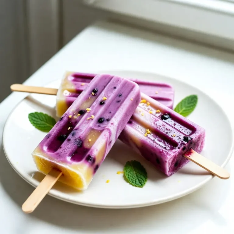 Fresh blueberries are the star of this treat. You need two cups for a bright flavor. Choose berries that are firm and plump. Rinse them well to get rid of dirt. Blueberries bring sweetness and a beautiful color to your popsicles. Next, you'll need one cup of fresh lemon juice. This is about four to five lemons. Squeeze them well to get every drop. The lemon zest adds a nice touch too. Just zest one lemon to get a burst of citrus flavor. The zest and juice balance the sweetness of the blueberries. For sweetness, granulated sugar works best. You’ll need one cup, but you can adjust it to your taste. If you want a healthier option, use honey or agave syrup. Just remember, these sweeteners may change the flavor a bit. Always taste as you go to find what you like best. {{ingredient_image_1}} First, grab a medium saucepan. Add 1 cup of water and 1 cup of sugar. Heat this over medium heat. Stir the mix until the sugar dissolves. This creates a sweet base for our popsicles. Once the sugar melts, remove the pan from heat. Let the syrup cool down to room temperature. Next, take your blender and add 2 cups of fresh blueberries. Pour in 1 cup of fresh lemon juice. Blend until the mixture is smooth. This step adds a burst of flavor to your popsicles. Use a fine mesh sieve to strain the mix into a bowl. This removes skins and seeds. Press gently with a spoon to get every drop of juice. Now, combine the cooled simple syrup with the blueberry juice. Add the remaining 1 cup of water, lemon zest, and a pinch of salt. Mix until everything is well combined. Carefully pour this mixture into your popsicle molds. Leave a little space at the top for expansion. Insert the popsicle sticks and freeze for at least 6 hours. Once frozen, run warm water over the molds. This helps release your tasty popsicles easily. You can change the sweetness of your popsicles. If you like it sweeter, add more sugar. For less sweetness, use less sugar. Taste the mixture before you freeze it. This lets you find the right balance for your taste buds. A smooth texture makes these popsicles great. Blend the blueberries well to break them down. After blending, strain the mixture. This removes seeds and skins. It helps make your popsicles creamy and easy to eat. Getting popsicles out of the molds can be tricky. To make it easy, run warm water over the molds for a few seconds. This warms the outside and helps loosen the popsicles. Then, gently pull on the sticks to remove them. Enjoy your treat! Pro Tips Use Frozen Blueberries: If fresh blueberries are not available, you can use frozen blueberries. Just thaw them slightly before blending. Adjust Sweetness: Taste the mixture before freezing and adjust the sugar according to your preference. You can substitute with honey or agave syrup for a healthier option. Layering Flavors: For a more visually appealing and flavorful popsicle, consider layering the blueberry mixture with lemon juice before freezing. Garnish Wisely: Use fresh mint leaves to garnish your popsicles on a serving tray for an extra touch of freshness and vibrant color. {{image_2}} Herbs can add a fresh twist to your blueberry lemonade popsicles. Mint is a great choice. It pairs well with the sweet blueberries and tart lemon. Simply chop a few mint leaves and mix them into the popsicle mixture before you pour it into the molds. You can also try basil for a unique taste. The fresh flavor of these herbs makes each bite feel special and refreshing. While blueberries shine in this recipe, you can use other berries too. Raspberries and strawberries work well. They bring their own unique flavors. You can blend a mix of berries for a colorful and tasty treat. Just keep the same amounts for the juices to balance the flavors. Each berry adds its own charm and makes your popsicles fun to eat. Citrus fruits can brighten up your popsicles. Try using lime or orange juice alongside lemon. This adds a zesty punch that enhances the overall flavor. You can even mix different citrus juices for a tropical twist. Just remember to keep the balance of sweet and tart. This way, you create a refreshing and vibrant treat perfect for hot summer days. To keep your blueberry lemonade popsicles fresh, freeze them right away. Use molds that are safe for freezing. Fill each mold, leaving some space at the top. This space helps the popsicles expand as they freeze. Make sure to cover the molds with a lid or plastic wrap to keep out ice crystals. If you don't have a lid, you can use aluminum foil. These popsicles can last up to two months in the freezer. After that, they may lose taste and texture. For best flavor, try to eat them within a month. If you see any ice crystals, they may have gone bad. Always check for signs of freezer burn before enjoying. After making the popsicles, you might have leftover ingredients. Store fresh blueberries in the fridge. They can last for up to a week. For lemon juice, keep it in an airtight container. It stays fresh for about three days. If you have extra simple syrup, store it in a jar in the fridge. It will last for about one month. Yes, you can use frozen blueberries. They work well in this recipe. Just let them thaw a bit before blending. This helps you get a smooth mixture. Frozen blueberries can make your popsicles just as tasty as fresh ones. Popsicles usually take about 6 hours to freeze. This time may vary with your freezer. For best results, freeze them overnight. Make sure they are solid before removing them from the molds. You can use honey or agave syrup instead of sugar. These sweeteners give a nice flavor. You may want to adjust the amount to fit your taste. Other options include stevia or maple syrup for a different twist. You learned how to make tasty blueberry popsicles with simple steps. Knowing the right ingredients, like fresh blueberries and lemon juice, helps a lot. I shared tips for sweetness and smooth texture to make them just right. You can try fun twists by adding herbs or other fruit. Proper storage keeps your popsicles fresh. Enjoy these cool treats all summer long!
