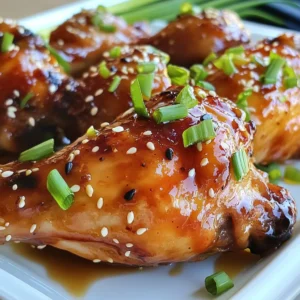 - 8 chicken drumsticks - 1/2 cup honey - 1/4 cup soy sauce (low sodium preferred) - 4 cloves garlic, minced - 1 tablespoon freshly grated ginger The main ingredients in this dish really make it shine. Chicken drumsticks are great for their flavor and juiciness. Honey gives it a nice sweetness. Low sodium soy sauce adds salty depth without overpowering. Garlic and ginger bring warmth and zest to the mix. Together, they create a bold and tasty base for the glaze. - 1 teaspoon sesame oil - 1/2 teaspoon black pepper - 1 tablespoon cornstarch - 2 tablespoons water The sesame oil provides a nutty aroma that enhances the dish. Black pepper adds a subtle heat. Cornstarch and water will thicken the glaze, making it cling nicely to the chicken. This thick glaze gives each bite a burst of flavor. - Chopped green onions - Sesame seeds Garnishes are key to a great presentation. Chopped green onions add a fresh crunch and a pop of color. Toasted sesame seeds give a nutty finish and look appealing. These simple additions elevate the dish, making it look as good as it tastes. {{ingredient_image_1}} To make the marinade, grab a medium bowl. Add 1/2 cup honey, 1/4 cup low-sodium soy sauce, and 4 minced garlic cloves. Next, add 1 tablespoon of freshly grated ginger, 1 teaspoon of sesame oil, and 1/2 teaspoon of black pepper. Whisk the mixture until it combines well. This blend creates a sweet and savory flavor that coats the chicken nicely. Place 8 chicken drumsticks into a large resealable plastic bag or a shallow dish. Pour the marinade over the drumsticks. Make sure each piece is well-coated. Seal the bag or cover the dish with plastic wrap. For the best taste, marinate in the fridge for at least 1 hour. You can also let it sit for up to 12 hours. Longer marination gives the chicken a deeper flavor. First, preheat your oven to 400°F (200°C). Line a baking sheet with foil to help with cleanup. Place a wire rack on top of the sheet. This allows heat to circulate around the chicken. Remove the drumsticks from the marinade, letting the excess drip off. Place the drumsticks on the wire rack. In a small saucepan, bring the leftover marinade to a boil over medium-high heat. In a separate bowl, mix 1 tablespoon of cornstarch with 2 tablespoons of water until smooth. Add this mixture to the boiling marinade and stir continuously. Cook until the sauce thickens, about 2 minutes, then remove from heat. Brush some of the thickened glaze over the drumsticks before baking. Bake the drumsticks for 25-30 minutes. Halfway through cooking, baste them with more glaze. This gives a nice, sticky finish. Once cooked, let the drumsticks rest for 5 minutes. Drizzle any leftover glaze on top for an extra glossy look. To make your honey garlic glazed chicken drumsticks stand out, marination is key. I suggest a simple mix of honey, soy sauce, garlic, ginger, and black pepper. This blend adds depth and richness to the meat. - Marination tips for enhanced taste: - Ensure all drumsticks are well-coated in the marinade. - Use a resealable bag or shallow dish for even coverage. - Ideal marination timeframes: - Marinate for at least 1 hour for a good flavor. - For the best taste, aim for 6 to 12 hours. The choice between baking and grilling can affect your results. Both methods work well, but each gives a different texture. - Baking vs. grilling the chicken drumsticks: - Baking provides even heat and a crispy skin. - Grilling adds a smoky flavor but requires more attention. - How to achieve crispy skin: - Use a wire rack to allow air circulation. - Brush the drumsticks with thickened glaze halfway through cooking. When cooking, even small errors can spoil your dish. Here are a couple of common traps. - Over-marinating and its effects: - Marinating too long can make the chicken mushy. - Stick to the recommended times for best results. - Not checking chicken doneness: - Always check the internal temperature. - Aim for 165°F (74°C) to ensure safety and flavor. Pro Tips Marinate for Maximum Flavor: For the best flavor, marinate the chicken drumsticks for at least 12 hours. This allows the marinade to penetrate deeply into the meat, resulting in a more flavorful dish. Use a Meat Thermometer: To ensure the chicken is cooked through, use a meat thermometer. The internal temperature should reach 165°F (75°C) for safe consumption. Keep the Skin Crispy: Baking on a wire rack allows hot air to circulate around the chicken, ensuring that the skin becomes crispy. Avoid covering the drumsticks while baking. Customize Your Glaze: Feel free to adjust the sweetness or saltiness of the glaze by adding more honey or soy sauce according to your taste preferences. {{image_2}} You can change the honey in this recipe if you want. Maple syrup or agave syrup works great. Both add sweetness and flavor. For soy sauce, you can use tamari for a gluten-free option. Coconut aminos also give a nice flavor. These swaps let you enjoy the dish while fitting your diet. Grilling adds a smoky flavor to honey garlic chicken drumsticks. Preheat your grill and cook each side for 10-12 minutes. Use a meat thermometer to check for doneness. You can also use a slow cooker for a set-it-and-forget-it method. Cook on low for 6-8 hours for tender chicken. An Instant Pot is another great choice. Cook on high pressure for about 10 minutes, then let it release naturally. Want an extra kick? Try adding spices like cayenne or smoked paprika. They bring heat and depth to the dish. You can also mix in fresh herbs like cilantro or basil. These add bright notes that pair well with honey and garlic. Feel free to experiment with flavors to make this dish your own! To store leftovers in the fridge, let the drumsticks cool first. Place them in an airtight container. This keeps the chicken fresh. You can also wrap them tightly in plastic wrap. Do not leave them out for more than two hours. For best results, use glass or BPA-free plastic containers. These containers help prevent any unwanted smells. They also keep your drumsticks from drying out. To freeze cooked drumsticks, let them cool completely. Then, place them in a freezer-safe bag. Squeeze out as much air as you can. This helps prevent freezer burn. You can freeze them for up to three months. When you want to eat them, thaw the drumsticks in the fridge overnight. This keeps the texture nice. If you need them fast, use the microwave. Set it to defrost, checking every minute. For reheating, bake them at 350°F (175°C) for about 15 minutes. This warms them through while keeping the skin crispy. You can also reheat in the air fryer for extra crispiness. Honey garlic glazed chicken can be stored in the fridge for up to four days. If frozen, try to eat them within three months for the best taste. Always check for off smells or changes in color before eating leftovers. You should cook chicken drumsticks to an internal temperature of 165°F (74°C). This ensures they are safe to eat. Use a meat thermometer to check the temperature. Place it in the thickest part of the drumstick, avoiding the bone. Cooking to this temperature keeps the meat juicy and tender. You can marinate chicken drumsticks for 1 to 12 hours. For a quick flavor boost, one hour is fine. However, marinating longer, up to 12 hours, gives a deeper taste. Just don’t go beyond 12 hours; it can make the meat mushy. Find the sweet spot that works for your schedule. You can use skinless chicken if you prefer. Skinless pieces may cook faster, so watch the time. You might miss some of the crispy texture, but the glaze will still add flavor. Consider adjusting your cooking time to avoid drying out the meat. Yes, you can make this recipe gluten-free. Use tamari or coconut aminos instead of soy sauce. Both options give a similar taste without gluten. You can find them in health food stores or online. Enjoy your honey garlic chicken without worrying about gluten! This article covered how to make honey garlic glazed chicken drumsticks. We explored key ingredients, step-by-step instructions, and cooking tips for great flavor. I shared variations to suit your taste and storage advice for leftovers. Now you can enjoy tasty drumsticks with simple steps. Feel free to experiment with ingredients and cooking methods. With these tips, you'll always have a delicious meal ready!