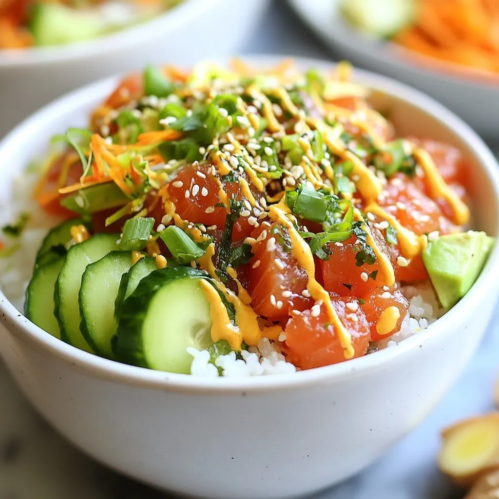 To make delicious spicy tuna sushi bowls, you need these key items: - 1 cup sushi rice - 1 ¼ cups water - 6 ounces sushi-grade tuna, diced - 2 tablespoons mayonnaise - 1 tablespoon sriracha (adjust to taste) - 1 teaspoon soy sauce - 1 avocado, sliced - ½ cucumber, julienned - 1 small carrot, grated - 2 green onions, sliced - 1 sheet nori, cut into small strips - Pickled ginger, for serving - Sesame seeds, for garnish - Sea salt, to taste These ingredients create a tasty mix of flavors and textures. The sushi rice is essential for that sticky base. The tuna brings freshness, while the sriracha adds heat. You can change the bowls to fit your taste. Here are some optional ingredients: - Chili oil for extra spice - Sesame oil for a nutty flavor - Radishes for crunch - Edamame for protein - Mango for sweetness Feel free to mix and match these to create your unique bowl. Each addition can bring something special to your dish. Always choose the freshest ingredients for the best taste. Here are some tips: - Buy sushi-grade tuna from a trusted fishmonger. Look for bright color and a fresh smell. - Choose avocados that yield slightly to pressure. This means they are ripe and creamy. - When picking cucumbers, go for firm ones with smooth skin. This ensures they are crisp. - Use fresh green onions for a punch of flavor. Slice them just before serving for the best taste. Following these tips will elevate your spicy tuna sushi bowls to a whole new level. Enjoy the process of choosing and preparing each ingredient! {{ingredient_image_1}} To start, rinse the sushi rice under cold water. Keep rinsing until the water runs clear. This step is key. It removes extra starch and helps the rice stick together. Next, mix the rinsed rice with 1 ¼ cups of water in a medium saucepan. Bring this to a boil on high heat. Once it boils, lower the heat to low. Cover the pot and let it simmer for about 15 minutes. The water should absorb fully. After 15 minutes, remove the pot from heat but keep it covered. Let the rice stand for 10 minutes to finish cooking. Finally, fluff the rice gently with a fork and add a pinch of sea salt. While the rice rests, let’s work on the spicy tuna. Take 6 ounces of sushi-grade tuna and dice it into small pieces. In a bowl, combine the tuna with 2 tablespoons of mayonnaise, 1 tablespoon of sriracha, and 1 teaspoon of soy sauce. Mix it gently so the tuna stays intact. You can adjust the sriracha based on how spicy you want it. This mixture is packed with flavor and very easy to make. Now it’s time to assemble your sushi bowl. Start with a base of warm sushi rice. Spoon the spicy tuna mixture over the rice. Next, add slices of avocado and julienned cucumber on top. Grate a small carrot and sprinkle it over the bowl. For added flavor, scatter sliced green onions and nori strips on top. Finish with a sprinkle of sesame seeds for a nice touch. Serve with pickled ginger on the side for a refreshing bite. Enjoy your tasty creation! To cook perfect sushi rice, start by rinsing it well. Rinse the rice under cold water until the water runs clear. This step removes excess starch. It helps the rice become sticky, which is key for sushi. Use a medium saucepan. Combine one cup of rice with one and a quarter cups of water. Bring it to a boil over high heat. Once boiling, reduce the heat to low and cover it. Let it simmer for about 15 minutes. Remove from heat and let it stand for 10 minutes. Fluff the rice gently with a fork and add a pinch of sea salt. When selecting sushi-grade tuna, freshness is key. Look for bright red color and firm texture. The fish should not smell fishy. Instead, it should have a clean, ocean-like scent. Ask your fishmonger for sushi-grade tuna. They can guide you to the best options. If possible, buy tuna that is cut from the loin for the best flavor and texture. Always check for clear, shiny skin and avoid any dark spots. Spice levels in the tuna mix can be adjusted easily. Start with one tablespoon of sriracha in the mixture. Mix it well with the mayonnaise and soy sauce. Taste the mixture before adding more sriracha. If you want it spicier, add more sriracha a little at a time. Remember, you can always add more, but you can’t take it out. If you prefer less heat, you can reduce the sriracha. Enjoy experimenting until it matches your taste! Pro Tips Use Short Grain Rice: Sushi rice is best when made with short-grain rice, which provides the perfect sticky texture needed for sushi bowls. Chill Tuna Before Mixing: For a fresher taste, chill the diced tuna in the fridge for about 10 minutes before mixing with the spicy sauce. Customize Your Toppings: Feel free to add or substitute toppings like radishes, edamame, or seaweed salad for extra flavor and nutrition. Perfect Your Sriracha Ratio: Start with a small amount of sriracha and gradually increase to find your ideal spice level in the tuna mixture. {{image_2}} You can swap tuna with other proteins. Salmon, shrimp, or crab work well. If you like a meaty taste, use cooked chicken. For a smoky flavor, try smoked salmon. Each choice gives a unique twist to your sushi bowl. You can easily make a veggie bowl. Use marinated tofu or tempeh for protein. Add chickpeas for a hearty texture. Replace tuna with diced avocados for creaminess. Incorporate more vegetables, like bell peppers or radishes, for crunch. These options make the dish fresh and exciting. Seasonal veggies add variety to your bowl. In spring, use asparagus or snap peas. In summer, cherry tomatoes and zucchini shine. Fall brings sweet potatoes or roasted squash. Winter calls for hearty greens like kale or Brussels sprouts. This keeps your sushi bowl fun and flavorful year-round. If you have leftovers, store them in airtight containers. This keeps them fresh. Place the sushi rice and spicy tuna mixture in separate containers. This prevents sogginess. Use glass or plastic containers that seal tightly. You can keep them in the fridge for up to two days. When reheating sushi rice, add a splash of water. This helps it stay moist. Microwave it in short bursts, stirring in between. For the spicy tuna mixture, do not reheat it. Tuna is best served cold. If it has been left out for too long, toss it to stay safe. Sushi rice can last about a week when dry. Cooked sushi rice stays good for four days in the fridge. The spicy tuna mixture lasts about two days. Always check for freshness before eating. If anything smells off or looks strange, throw it away. You can use regular rice, but the texture will differ. Sushi rice is sticky. It holds better in the bowl. If you use regular rice, it may not stay together. You can use chili paste or a mix of hot sauce and mayo. For milder spice, try sweet chili sauce. Adjust it to match your heat level. Use gluten-free soy sauce or tamari. Ensure all other ingredients are gluten-free too. Check the labels on mayonnaise and other sauces. This keeps the dish safe for those with gluten sensitivities. Look for sushi-grade tuna at a fish market or a well-stocked grocery store. Ask the fishmonger for the freshest catch. Online seafood shops also offer this quality tuna. You can prep some ingredients ahead. Cook the rice and store it in the fridge. Mix the tuna, but add toppings just before serving. This keeps everything fresh and tasty. In this article, we explored how to make Spicy Tuna Sushi Bowls. We discussed essential ingredients, where to find fresh tuna, and tips for perfect sushi rice. You learned how to assemble your bowl and customize it with different flavors. Remember, these bowls can fit your taste. Try swapping proteins or veggies. Following these steps, you’ll enjoy a delicious meal. Don't hesitate to get creative and make it your own! Happy cooking!