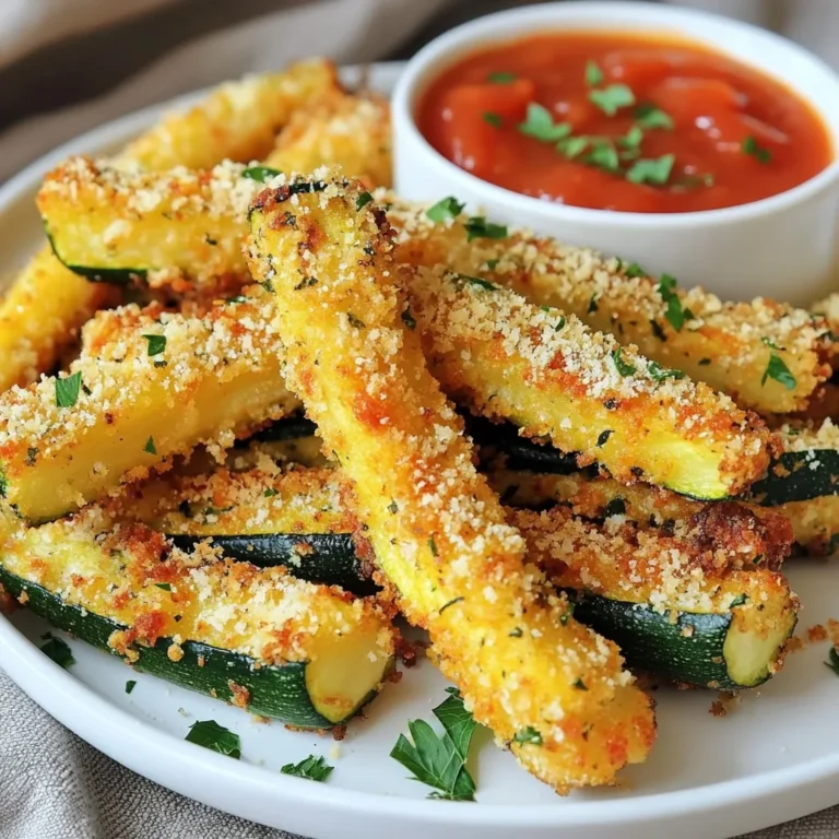 - 2 medium zucchinis - 1 cup breadcrumbs (preferably whole wheat) - ½ cup grated Parmesan cheese Zucchini serves as the star of this dish. They offer a mild taste and a satisfying crunch. Choose firm zucchinis for the best results. Breadcrumbs give the fries a crispy coating, while Parmesan cheese adds a rich, savory flavor. The blend of these three ingredients creates a delicious base. - 1 teaspoon garlic powder - 1 teaspoon Italian seasoning - Salt and pepper to taste Garlic powder brings a warm, savory note to the fries. Italian seasoning adds a mix of herbs that enhance the flavor. Salt and pepper round out the taste, making each bite more enjoyable. These seasonings transform simple zucchini into a tasty treat. - 2 large eggs - Cooking spray Eggs act as a binder, helping the breadcrumb mixture stick to the zucchini. They add a nice layer of richness too. Cooking spray ensures that the fries get crisp without excess oil. It helps achieve that perfect golden-brown finish that we all love. {{ingredient_image_1}} - Preheat air fryer: Start by preheating your air fryer to 400°F (200°C). This helps your fries cook evenly. - Cut zucchinis into fries: Wash your zucchinis first. Next, cut them into thick strips. Aim for a fry shape, about half an inch thick. Set them aside for now. - Mixing breadcrumbs and seasonings: In a shallow bowl, combine 1 cup of breadcrumbs, ½ cup of grated Parmesan cheese, 1 teaspoon of garlic powder, 1 teaspoon of Italian seasoning, and some salt and pepper. Stir this mixture well. - Dipping zucchini fries in egg and breadcrumb mixture: In another bowl, beat 2 large eggs. Take each zucchini fry and dip it into the eggs. Let any extra egg drip off. Then, coat it in the breadcrumb mix, pressing gently to help it stick. - Arranging fries in the air fryer: Place your coated zucchini fries in the air fryer basket. Make sure they lie in a single layer. They should not touch. You may need to fry them in batches if your air fryer is small. - Cooking time and flipping steps: Lightly spray the tops of the fries with cooking spray. This adds extra crunch. Air fry the zucchini fries for 10-12 minutes. Flip them halfway through. You want them to be golden brown and crispy when done. To get your zucchini fries crispy, avoid overcrowding the air fryer basket. When fries touch, they steam instead of crisping up. Cook them in batches if needed. A light layer of cooking spray helps too. It creates a nice crunch on the surface, making each fry golden and tasty. Choose medium-sized zucchinis for the best fries. Look for firm, shiny ones without soft spots. Cut them into thick strips, about the size of regular fries. This helps them cook evenly and hold their shape. A steady hand will make your cuts neat and uniform. Zucchini fries are great with dips. Try marinara sauce or garlic aioli for a tasty kick. For a pop of color, garnish with fresh parsley. It makes your dish look fancy and inviting. Serve them warm for the best flavor and crunch. Pro Tips Choose the Right Zucchini: Select firm zucchinis that are medium-sized for the best texture and flavor. Avoid oversized zucchinis as they tend to be watery and less flavorful. Make It Gluten-Free: Substitute the breadcrumbs with gluten-free alternatives like almond flour or gluten-free panko for a delicious gluten-free version. Enhance Flavor: Experiment with additional spices such as smoked paprika or cayenne pepper to give your zucchini fries an extra kick of flavor. Storage Tips: If you have leftovers, store them in an airtight container in the fridge. Reheat in the air fryer for a few minutes to regain their crispiness. {{image_2}} You can easily spice up your zucchini fries. For a spicy kick, add cayenne pepper to the breadcrumb mix. Start with a pinch and adjust to your taste. If you love herbs, try fresh herbs like basil or oregano. These add a bright flavor and make your fries even better. Switching up the cheese can change the flavor. Cheddar cheese is a great option if you want a sharper taste. Just replace the Parmesan with the same amount of cheddar. If you prefer a vegan option, use nutritional yeast instead of cheese. You can also use flax eggs instead of regular eggs for binding. Don’t worry if you don’t have an air fryer. You can bake these fries in the oven. Preheat your oven to 425°F (220°C) and spread the fries on a baking sheet. Bake for about 20 minutes, flipping halfway through. If you enjoy deep-frying, you can use a conventional deep fryer. Fry the zucchini fries in hot oil until golden brown. This method gives a crunchy outside, but it adds more fat. To keep your leftover zucchini fries fresh, place them in an airtight container. This helps retain their crispness. Line the bottom of the container with a paper towel. The towel absorbs extra moisture. You can store them in the fridge for up to three days. To reheat the fries, use your air fryer. Set it to 350°F (175°C) and heat for about 5 minutes. This method keeps them crispy. You can also use an oven. Preheat it to 350°F (175°C) and bake for about 10 minutes. Avoid the microwave, as it makes them soggy. Yes, you can freeze zucchini fries! To prepare them for freezing, let them cool completely first. Spread them on a baking sheet in a single layer. Freeze for about two hours. Then, transfer them to a freezer bag or container. Remove as much air as possible. They can stay in the freezer for up to three months. Yes, you can use frozen zucchini, but it changes the texture. Frozen zucchini tends to be softer when cooked. This can lead to fries that are less crispy. If you use frozen, adjust the cooking time. Cook them a bit longer to ensure they heat through. You can make these fries without breadcrumbs by using crushed nuts or seeds. Almond flour or ground flaxseed works well. You can also coat the zucchini in cheese. This makes a tasty, gluten-free alternative. Many sauces go well with zucchini fries. Marinara sauce is a classic choice. Garlic aioli adds a rich flavor. Ranch dressing is another great option. You can even try spicy salsas for a kick. In this article, we covered how to make delicious zucchini fries. We looked at the key ingredients, like zucchini and Parmesan. I explained the step-by-step method, from cutting to air frying. You learned tips for perfect crispiness and seasoning variations. For your next snack, give these zucchini fries a try. They’re easy, tasty, and have many options. Enjoy customizing your recipe, and don’t forget your favorite dips!