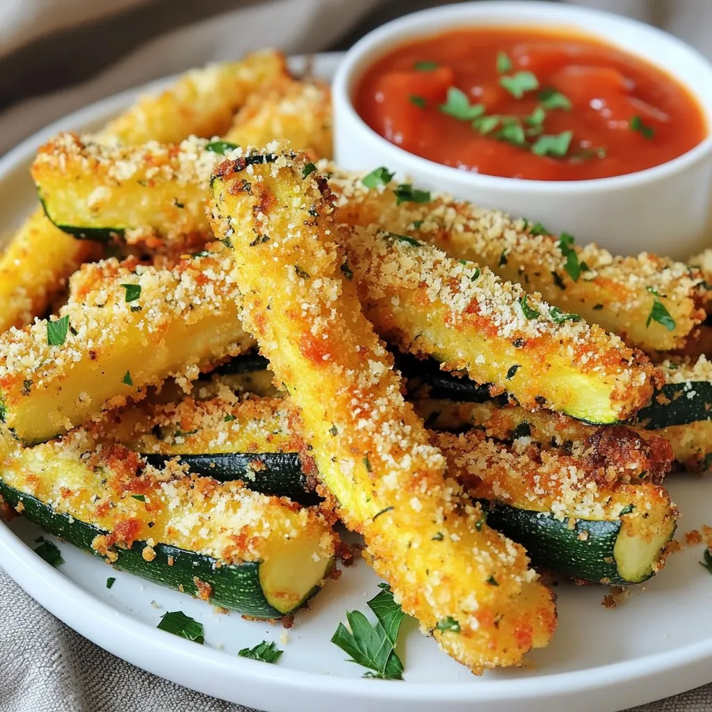 - 2 medium zucchinis - 1 cup breadcrumbs (preferably whole wheat) - ½ cup grated Parmesan cheese Zucchini serves as the star of this dish. They offer a mild taste and a satisfying crunch. Choose firm zucchinis for the best results. Breadcrumbs give the fries a crispy coating, while Parmesan cheese adds a rich, savory flavor. The blend of these three ingredients creates a delicious base. - 1 teaspoon garlic powder - 1 teaspoon Italian seasoning - Salt and pepper to taste Garlic powder brings a warm, savory note to the fries. Italian seasoning adds a mix of herbs that enhance the flavor. Salt and pepper round out the taste, making each bite more enjoyable. These seasonings transform simple zucchini into a tasty treat. - 2 large eggs - Cooking spray Eggs act as a binder, helping the breadcrumb mixture stick to the zucchini. They add a nice layer of richness too. Cooking spray ensures that the fries get crisp without excess oil. It helps achieve that perfect golden-brown finish that we all love. {{ingredient_image_1}} - Preheat air fryer: Start by preheating your air fryer to 400°F (200°C). This helps your fries cook evenly. - Cut zucchinis into fries: Wash your zucchinis first. Next, cut them into thick strips. Aim for a fry shape, about half an inch thick. Set them aside for now. - Mixing breadcrumbs and seasonings: In a shallow bowl, combine 1 cup of breadcrumbs, ½ cup of grated Parmesan cheese, 1 teaspoon of garlic powder, 1 teaspoon of Italian seasoning, and some salt and pepper. Stir this mixture well. - Dipping zucchini fries in egg and breadcrumb mixture: In another bowl, beat 2 large eggs. Take each zucchini fry and dip it into the eggs. Let any extra egg drip off. Then, coat it in the breadcrumb mix, pressing gently to help it stick. - Arranging fries in the air fryer: Place your coated zucchini fries in the air fryer basket. Make sure they lie in a single layer. They should not touch. You may need to fry them in batches if your air fryer is small. - Cooking time and flipping steps: Lightly spray the tops of the fries with cooking spray. This adds extra crunch. Air fry the zucchini fries for 10-12 minutes. Flip them halfway through. You want them to be golden brown and crispy when done. To get your zucchini fries crispy, avoid overcrowding the air fryer basket. When fries touch, they steam instead of crisping up. Cook them in batches if needed. A light layer of cooking spray helps too. It creates a nice crunch on the surface, making each fry golden and tasty. Choose medium-sized zucchinis for the best fries. Look for firm, shiny ones without soft spots. Cut them into thick strips, about the size of regular fries. This helps them cook evenly and hold their shape. A steady hand will make your cuts neat and uniform. Zucchini fries are great with dips. Try marinara sauce or garlic aioli for a tasty kick. For a pop of color, garnish with fresh parsley. It makes your dish look fancy and inviting. Serve them warm for the best flavor and crunch. Pro Tips Choose the Right Zucchini: Select firm zucchinis that are medium-sized for the best texture and flavor. Avoid oversized zucchinis as they tend to be watery and less flavorful. Make It Gluten-Free: Substitute the breadcrumbs with gluten-free alternatives like almond flour or gluten-free panko for a delicious gluten-free version. Enhance Flavor: Experiment with additional spices such as smoked paprika or cayenne pepper to give your zucchini fries an extra kick of flavor. Storage Tips: If you have leftovers, store them in an airtight container in the fridge. Reheat in the air fryer for a few minutes to regain their crispiness. {{image_2}} You can easily spice up your zucchini fries. For a spicy kick, add cayenne pepper to the breadcrumb mix. Start with a pinch and adjust to your taste. If you love herbs, try fresh herbs like basil or oregano. These add a bright flavor and make your fries even better. Switching up the cheese can change the flavor. Cheddar cheese is a great option if you want a sharper taste. Just replace the Parmesan with the same amount of cheddar. If you prefer a vegan option, use nutritional yeast instead of cheese. You can also use flax eggs instead of regular eggs for binding. Don’t worry if you don’t have an air fryer. You can bake these fries in the oven. Preheat your oven to 425°F (220°C) and spread the fries on a baking sheet. Bake for about 20 minutes, flipping halfway through. If you enjoy deep-frying, you can use a conventional deep fryer. Fry the zucchini fries in hot oil until golden brown. This method gives a crunchy outside, but it adds more fat. To keep your leftover zucchini fries fresh, place them in an airtight container. This helps retain their crispness. Line the bottom of the container with a paper towel. The towel absorbs extra moisture. You can store them in the fridge for up to three days. To reheat the fries, use your air fryer. Set it to 350°F (175°C) and heat for about 5 minutes. This method keeps them crispy. You can also use an oven. Preheat it to 350°F (175°C) and bake for about 10 minutes. Avoid the microwave, as it makes them soggy. Yes, you can freeze zucchini fries! To prepare them for freezing, let them cool completely first. Spread them on a baking sheet in a single layer. Freeze for about two hours. Then, transfer them to a freezer bag or container. Remove as much air as possible. They can stay in the freezer for up to three months. Yes, you can use frozen zucchini, but it changes the texture. Frozen zucchini tends to be softer when cooked. This can lead to fries that are less crispy. If you use frozen, adjust the cooking time. Cook them a bit longer to ensure they heat through. You can make these fries without breadcrumbs by using crushed nuts or seeds. Almond flour or ground flaxseed works well. You can also coat the zucchini in cheese. This makes a tasty, gluten-free alternative. Many sauces go well with zucchini fries. Marinara sauce is a classic choice. Garlic aioli adds a rich flavor. Ranch dressing is another great option. You can even try spicy salsas for a kick. In this article, we covered how to make delicious zucchini fries. We looked at the key ingredients, like zucchini and Parmesan. I explained the step-by-step method, from cutting to air frying. You learned tips for perfect crispiness and seasoning variations. For your next snack, give these zucchini fries a try. They’re easy, tasty, and have many options. Enjoy customizing your recipe, and don’t forget your favorite dips!