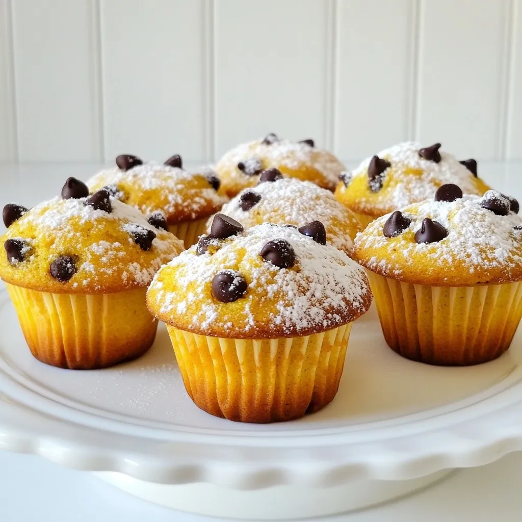 To make these delightful Pumpkin Spice Chocolate Chip Muffins, gather the following ingredients: - 1 cup all-purpose flour - 1 cup whole wheat flour - 1 teaspoon baking powder - 1 teaspoon baking soda - 1 tablespoon pumpkin pie spice - ½ teaspoon salt - 1 cup canned pumpkin puree - ½ cup brown sugar, packed - ½ cup granulated sugar - ½ cup vegetable oil - 2 large eggs - 1 teaspoon vanilla extract - 1 cup semi-sweet chocolate chips - ½ cup chopped walnuts (optional) Each ingredient plays a key role in making these muffins tasty. The all-purpose flour and whole wheat flour give the muffins a nice texture. Baking powder and baking soda help them rise. Pumpkin pie spice brings that warm, cozy flavor we love. Canned pumpkin puree adds moisture and a rich, sweet taste. The sugars balance the flavors and make them sweet. Vegetable oil keeps the muffins soft. Eggs help bind everything together. Vanilla extract adds a lovely aroma. Semi-sweet chocolate chips bring a sweet surprise in every bite. Lastly, walnuts add a nice crunch, but they are optional. With these ingredients ready, you are all set to create a batch of these yummy muffins! {{ingredient_image_1}} Start by preheating your oven to 350°F (175°C). This helps the muffins bake evenly. Next, grab a muffin tin. Line it with paper liners or grease it with cooking spray. This makes for easy muffin removal later. Take a medium bowl and add these dry ingredients: - 1 cup all-purpose flour - 1 cup whole wheat flour - 1 teaspoon baking powder - 1 teaspoon baking soda - 1 tablespoon pumpkin pie spice - ½ teaspoon salt Whisk the dry mix together until well blended. Set this bowl aside. This step builds the base for your muffins. In a large mixing bowl, combine: - 1 cup canned pumpkin puree - ½ cup brown sugar, packed - ½ cup granulated sugar Mix these together until smooth. Then, add: - ½ cup vegetable oil - 2 large eggs - 1 teaspoon vanilla extract Beat this mixture until it looks smooth and creamy. This keeps the muffins moist. Now, gently fold the dry ingredients into the wet mix. Use a spatula and be careful not to overmix. Stir just until combined. This helps keep the muffins light and fluffy. Next, fold in: - 1 cup semi-sweet chocolate chips - ½ cup chopped walnuts (optional) Make sure they are evenly spread throughout the batter. Using a spoon, divide the batter into each muffin cup. Fill each about ¾ full. This gives them room to rise. Bake in your preheated oven for 18-20 minutes. To check if they are done, insert a toothpick into the center. If it comes out clean, they are ready! After baking, let the muffins cool in the pan for 5 minutes. Then, move them to a wire rack to cool completely. Enjoy your delicious pumpkin spice chocolate chip muffins! To make your muffins moist, use canned pumpkin puree. It adds moisture and flavor. Choose pure pumpkin, not pumpkin pie filling. The brown sugar also helps keep them soft. It adds a rich taste and draws in moisture. Mixing too much can make muffins tough. When you combine dry and wet ingredients, stir gently. You want them just blended. A few lumps are okay. The goal is to keep the batter light and airy. To evenly distribute chocolate chips, fold them in gently. This ensures each muffin has a good amount of chocolate. You can sprinkle a few chips on top before baking for a nice look. If you add walnuts, do this too. Pro Tips Use Fresh Pumpkin Spice: For a more vibrant flavor, consider using freshly ground spices instead of pre-mixed pumpkin pie spice. Don’t Overmix: Gently folding the dry ingredients into the wet mixture ensures that your muffins remain light and fluffy. Experiment with Mix-Ins: Try adding dried cranberries or pecans for a twist on the classic recipe and to enhance the texture. Check for Doneness: Use a toothpick to test for doneness; it should come out clean or with a few moist crumbs for perfectly baked muffins. {{image_2}} You can easily make vegan pumpkin spice muffins. Replace the eggs with flaxseed meal. Mix 1 tablespoon of flaxseed meal with 3 tablespoons of water. Let it sit for five minutes. This mix acts like an egg. Use a plant-based oil, like coconut or canola oil, instead of vegetable oil. Make sure your chocolate chips are dairy-free. These changes keep the muffins fluffy and tasty. For gluten-free muffins, use gluten-free flour blends. Many brands offer these blends, and they work well. You can also use almond flour or oat flour. Just mix in a bit of xanthan gum to help with texture. The muffins will stay moist and soft. Be sure to check that your baking powder is also gluten-free. If you want nut-free muffins, skip the walnuts. You can add more chocolate chips for flavor. Sunflower seeds are a great option too. They add a nice crunch without nuts. These muffins still taste great without nuts, so don’t worry! Just keep your toppings safe for everyone. After making these delicious muffins, you may have some left. To store them, let the muffins cool completely. Place them in an airtight container at room temperature. They will stay fresh for up to three days. If you want to keep them a bit longer, you can place them in the fridge. They will last for up to a week in the fridge. Freezing muffins is a great way to save them for later. To freeze, wrap each muffin tightly in plastic wrap. Then, place the wrapped muffins in a freezer bag or container. This keeps them fresh and prevents freezer burn. They can be frozen for up to three months. When you want to enjoy one, just take it out and let it thaw at room temperature. Reheating muffins is simple. If you want a warm muffin, preheat your oven to 350°F (175°C). Place the muffin on a baking sheet. Heat for about 5 to 10 minutes. This method keeps the muffin soft. If you prefer, you can microwave a muffin for about 15 to 20 seconds. This will warm it up quickly. Enjoy your tasty treat! Yes, you can. You can use almond flour for a gluten-free option. Applesauce can replace oil for a lighter muffin. For the sugars, you can try coconut sugar or honey. Just note that these changes may affect the taste and texture. These muffins stay fresh for about three days at room temperature in an airtight container. If you want them to last longer, store them in the fridge for up to a week. For the best taste, eat them fresh! Absolutely! To make mini muffins, fill the mini muffin cups about halfway. Bake for 10 to 12 minutes. Keep an eye on them to avoid overbaking. These bite-sized treats are perfect for snacks or brunch! We covered the key ingredients and simple steps to make delicious pumpkin spice muffins. You learned tips for moist muffins and how to avoid overmixing. We also explored tasty variations, storage options, and answers to common questions. Remember, these muffins are easy to customize for your taste. Enjoy your baking and savor every bite!