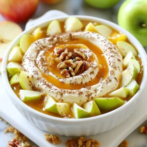 - 8 oz cream cheese, softened - 1/2 cup powdered sugar - 1/2 cup sour cream - 1 teaspoon vanilla extract - 1/2 cup caramel sauce - 1/4 teaspoon cinnamon - 1 medium green apple, diced - 1 medium red apple, diced Start by beating the cream cheese in a bowl until it is smooth. I use an electric mixer for this. It only takes a few minutes. Once smooth, add the powdered sugar and vanilla extract. Mix until fully combined. Now, stir in the sour cream. This makes the dip fluffy and thick. Then, gently fold in the caramel sauce. Keep some swirls for a pretty look. Next, add in the diced apples and cinnamon. Be gentle to avoid breaking the apple pieces. Transfer the dip to a serving bowl and smooth the top. Drizzle more caramel sauce on top. If you like, sprinkle chopped nuts for extra crunch. Serve with graham cracker crumbs or apple slices for dipping. Enjoy this creamy fall delight! {{ingredient_image_1}} - Best dippers for the cheesecake dip: - Use graham cracker crumbs for a crunchy texture. - Slice green and red apples for a fresh taste. - Pretzel sticks add a salty kick. - Creative serving platters and arrangements: - Serve the dip in a fun, colorful bowl. - Arrange apple slices and graham crackers around the dip. - Garnish with a sprinkle of cinnamon or mint for flair. - How to store leftovers: - Place leftovers in an airtight container. - Keep it in the fridge for up to three days. - Reheating tips: - This dip is best served chilled. - If you prefer warm, microwave it in short bursts until warm. - Tips for preparing in advance: - Make the dip a day early for flavors to blend. - Store it in the fridge until ready to serve. - How to maintain freshness: - Cover tightly with plastic wrap or a lid. - Avoid adding apples until serving to keep them crisp. You can change the apple flavors in your dip. Try using sweet apples like Fuji or Honeycrisp. These apples add a nice sweetness. For a tart twist, use Granny Smith apples. Their tangy taste complements the creamy dip well. You can also swap the sweeteners. Instead of powdered sugar, use honey or maple syrup. These options add a unique flavor and sweetness. They make the dip a bit more natural too. If you want a vegan option, use vegan cream cheese. It works just like regular cream cheese. You still get that creamy texture. For those with gluten issues, choose gluten-free graham crackers. They taste great and help you enjoy this dip worry-free. To make your dip feel more like fall, add spices. A pinch of nutmeg or allspice gives a warm flavor. You can also try adding pumpkin spice for a fun twist. During the holidays, think about adding cranberries or pecans. They add color and a festive touch. You can mix these in or sprinkle them on top for crunch. Pro Tips Softening Cream Cheese: Make sure your cream cheese is at room temperature before mixing to achieve a smooth and creamy consistency. Apple Selection: Use a mix of sweet and tart apples for a balanced flavor. Granny Smith and Honeycrisp are great choices! Cinnamon Swirl: For an extra touch, sprinkle a bit of cinnamon on top of the dip before serving for added flavor and visual appeal. Chill Before Serving: If time allows, let the dip chill in the fridge for about 30 minutes before serving to enhance the flavors. {{image_2}} Each serving of Caramel Apple Cheesecake Dip has about 180 calories. This dip contains a mix of fats, carbs, and proteins. The macronutrient distribution is roughly: - Fat: 9g - Carbohydrates: 25g - Protein: 2g This balance makes it a sweet treat, but not too heavy. If you want to lower the calories, try these options: - Use low-fat cream cheese to cut fat and calories. - Swap powdered sugar for a sugar substitute like stevia. Both changes help you enjoy the dip without guilt. This dip contains common allergens. It has: - Dairy (cream cheese, sour cream) - Possible nuts (if you add them) If someone has allergies, here are some substitutes: - Use dairy-free cream cheese for a vegan option. - Omit nuts for nut-free diets. These swaps allow everyone to enjoy this creamy fall delight. Caramel Apple Cheesecake Dip can last in the fridge for up to five days. Store it in an airtight container to keep it fresh. I like to place a piece of plastic wrap directly on the dip before sealing the container. This helps to prevent it from drying out. Yes! You can make this dip a day ahead. Just follow all the steps and store it in the fridge. When you're ready to serve, add the extra caramel drizzle and any toppings. This way, the dip stays fresh and you save time on the day of your event. If you don't have graham crackers, there are many tasty options. Try using apple slices, pretzels, or vanilla wafers. Each adds a fun twist to the dip. For a gluten-free option, use rice cakes or gluten-free cookies. Absolutely! This dip is safe and fun for kids. Just keep an eye on younger ones as they dip. The creamy texture and sweet taste make it a hit with children. You can even let them help with the prep, making it a fun family activity! This blog post showed you how to make a tasty caramel apple cheesecake dip. We covered main ingredients, like cream cheese and apples. You learned step-by-step how to mix and finish the dip. We also shared tips for serving and storing leftovers. Variations let you adapt the recipe to fit your taste. Now, you can impress your friends with this easy treat. Enjoy making and sharing this dip at your next gathering!