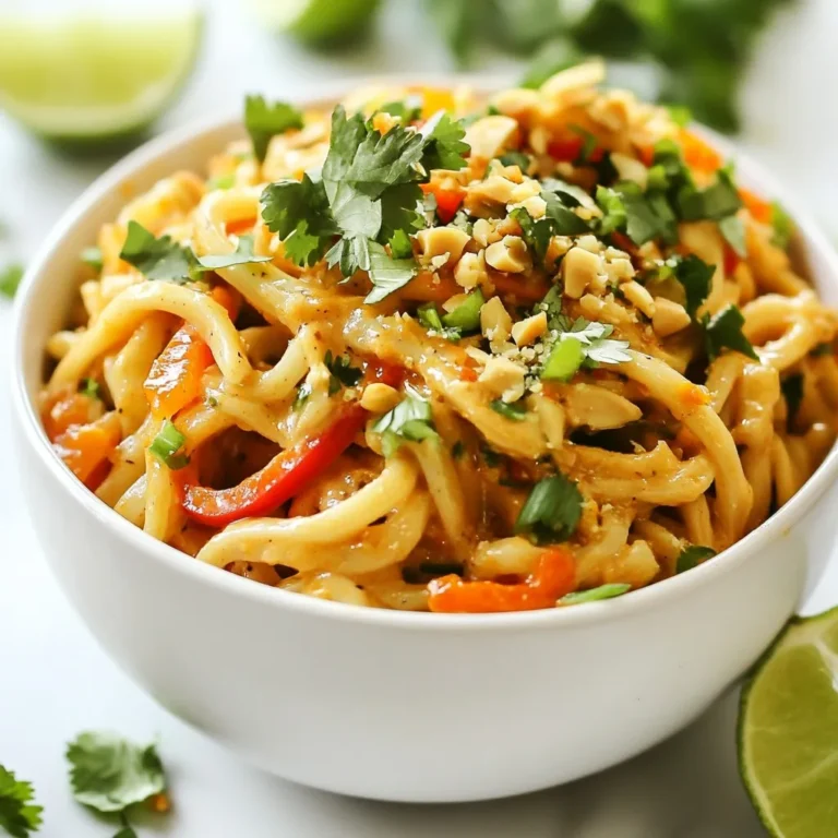 Here’s what you need for Spicy Peanut Udon Noodles: - 10 oz (280g) udon noodles - 1/2 cup creamy peanut butter - 2 tablespoons soy sauce - 2 tablespoons sesame oil - 1 tablespoon honey or maple syrup - 2 cloves garlic, minced - 1 inch fresh ginger, grated - 1 tablespoon chili garlic sauce (adjust to taste) - 1 cup shredded carrots - 1 red bell pepper, thinly sliced - 3 green onions, chopped - 1/4 cup roasted peanuts, chopped (for garnish) - Fresh cilantro leaves (for garnish) - Lime wedges (for serving) These ingredients make a delicious meal. Udon noodles are thick and chewy, perfect for this dish. The creamy peanut butter gives it a rich taste. Soy sauce adds saltiness, while sesame oil brings a nutty flavor. You can use honey or maple syrup for a touch of sweetness. Garlic and ginger add depth to the sauce. Chili garlic sauce gives it that spicy kick. Use fresh vegetables like carrots and bell pepper for crunch. Green onions, peanuts, and cilantro make great toppings. Lime wedges add freshness when served. Gather these items, and you’re ready to cook. {{ingredient_image_1}} To cook the udon noodles, start by boiling water in a large pot. Add the noodles and cook them according to the package instructions, usually around 5-7 minutes. After cooking, drain the noodles in a colander. Rinse them under cold water. This stops the cooking process and helps prevent sticking. Set the noodles aside while you make the sauce. For the peanut sauce, gather these ingredients: - 1/2 cup creamy peanut butter - 2 tablespoons soy sauce - 2 tablespoons sesame oil - 1 tablespoon honey or maple syrup - 2 cloves garlic, minced - 1 inch fresh ginger, grated - 1 tablespoon chili garlic sauce In a large bowl, whisk together the peanut butter, soy sauce, sesame oil, honey, minced garlic, grated ginger, and chili garlic sauce. Mix until smooth and creamy. Taste the sauce and adjust the heat by adding more chili garlic sauce if needed. Now it's time to combine everything. Add the cooked udon noodles to the bowl with the peanut sauce. Toss the noodles well, making sure they are fully coated. Next, fold in the shredded carrots and sliced red bell pepper. Mix gently to ensure the veggies are spread evenly throughout the noodles. Your spicy peanut udon noodles are now ready to serve. Enjoy them warm or at room temperature. Don’t forget to garnish with chopped green onions, roasted peanuts, and fresh cilantro leaves. Serve with lime wedges for an extra burst of flavor! To change the heat, use chili garlic sauce. Start with one tablespoon. Taste the sauce. If you want it spicier, add more. Mix well until it is smooth. Remember, a little goes a long way. You can always add more, but you can’t take it away! To keep your udon noodles from sticking, rinse them after cooking. Use cold water to cool them down. This stops the cooking process. Toss the noodles with a little sesame oil before mixing them with the sauce. It adds flavor and keeps them separate. For a beautiful presentation, garnish with chopped green onions and roasted peanuts. Add fresh cilantro leaves on top for color. Don’t forget lime wedges on the side! They add a fresh burst of flavor when you squeeze them over the noodles. Serve in a big bowl or plate for a lovely meal. Pro Tips Adjust the Spice Level: If you prefer a milder dish, start with less chili garlic sauce and gradually add more to achieve your desired heat. Use Fresh Ingredients: Fresh ginger and garlic will enhance the flavor of your sauce significantly compared to powdered versions. Prep Ahead: You can prepare the peanut sauce and chop the vegetables in advance to save time when ready to serve. Serving Temperature: These noodles can be enjoyed warm or cold, making them a versatile dish for any occasion. {{image_2}} For a veggie twist, swap honey with maple syrup. This keeps it vegan-friendly. You can also use soy sauce or tamari for the base. If you have coconut aminos, that works too! Instead of peanut butter, try almond or cashew butter for a change. They both add unique flavors. You can add more veggies to your noodles. Broccoli, snap peas, or bell peppers brighten the dish. For protein, tofu or tempeh are great choices. Cook them until golden for extra flavor. You can also mix in some edamame for a nice crunch and protein boost. Explore other sauces for a fresh take. A teriyaki sauce gives a sweet twist. You can mix peanut butter with sriracha for a spicy blend. If you like a tangy flavor, a sesame ginger dressing works well. Each sauce brings its own taste, making your udon noodles fun and diverse. To keep your Spicy Peanut Udon Noodles fresh, store them in an airtight container. Place them in the fridge within two hours of cooking. This helps keep the flavors intact. If you want to save them for longer, you can freeze the noodles. Just make sure to separate the sauce from the noodles before freezing. This prevents mushiness when you reheat them. To reheat your noodles, use a microwave or a skillet. For the microwave, place the noodles in a bowl with a splash of water. Cover it and heat in 30-second bursts, stirring in between. For a skillet, heat a little oil over medium heat. Add the noodles and stir until warm. This method helps keep the noodles nice and chewy. Your leftovers will stay good for about 3 to 5 days in the fridge. If you freeze them, they can last up to 3 months. However, for the best flavor and texture, enjoy them within a month. Always check for any signs of spoilage before eating. Udon noodles are thick, chewy noodles made from wheat flour. They come from Japan and are often used in soups or stir-fries. Their smooth texture makes them great for holding sauces. I love using udon noodles in this spicy peanut dish for that reason. Yes, you can swap udon noodles for other noodles. Here are some great options: - Soba noodles: These are made from buckwheat and have a nutty flavor. - Rice noodles: Great for a gluten-free option. - Spaghetti: A simple substitute if you're in a pinch. Just cook them according to the package instructions. Adjust the cooking time as needed. To make this dish gluten-free, use gluten-free udon or rice noodles. Check labels for gluten-free soy sauce. You can also try tamari as a soy sauce alternative. This way, you can enjoy the same great taste while keeping it gluten-free! Udon noodles are a tasty and fun dish to make. We explored key ingredients, simple cooking steps, and helpful tips. I shared ideas for variations and storage, too. Udon can fit many diets, making it versatile. Keep experimenting with flavors and ingredients to find your favorite version. Enjoy your cooking and discover new ways to enjoy these noodles!