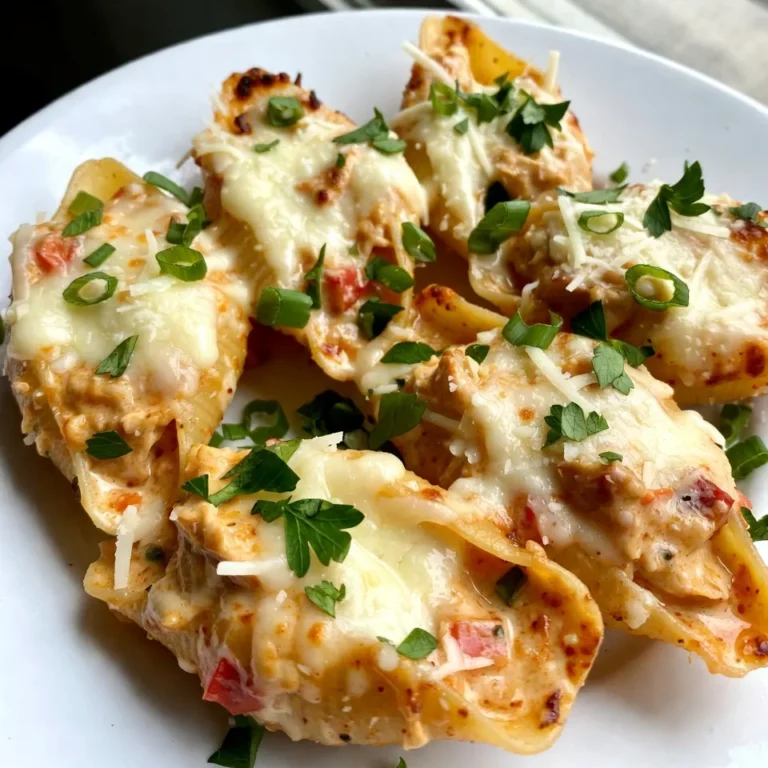 To make Cajun Chicken Alfredo Stuffed Shells, you need these key items: - 20 jumbo pasta shells - 2 cups cooked chicken, shredded - 1 cup Cajun seasoning (adjust to taste) - 2 cups Alfredo sauce - 1 cup cream cheese, softened - 1 cup shredded mozzarella cheese - ½ cup grated Parmesan cheese - 2 tablespoons olive oil - 1 red bell pepper, diced - ½ cup green onions, sliced - Salt and pepper to taste - Fresh parsley, chopped (for garnish) These ingredients create a rich and creamy dish with a fun kick. You can add some extra ingredients to boost flavor. Consider adding: - Chopped jalapeños for heat - Sausage for a meaty touch - Spinach for added greens - Garlic for a robust flavor These options let you customize your stuffed shells to fit your taste. Adjusting the dairy and spice can make a big difference. If you prefer it creamier, add more cream cheese. For a spicier kick, increase the Cajun seasoning. You can even mix in some cheddar cheese for a twist. Always taste as you go to find your perfect balance. {{ingredient_image_1}} Start by cooking the jumbo pasta shells. Boil a large pot of salted water. Add the shells and cook until they are al dente. This usually takes about 10-12 minutes. Once they are done, drain them. Rinse the shells under cold water to stop the cooking. This step keeps the shells firm for stuffing. In a large bowl, mix together the shredded chicken and Cajun seasoning. Adjust the seasoning based on your taste. Next, add the softened cream cheese and half of the Alfredo sauce to the bowl. Then, toss in the diced red bell pepper and half of the mozzarella cheese. Season with salt and pepper. Stir everything until it is well combined. This filling is the heart of the dish, so make sure it tastes great. Now comes the fun part—stuffing the shells! Take each cooked shell and carefully fill it with the chicken mixture. Pack the filling tightly to avoid any gaps. Place the stuffed shells seam side up in a large baking dish. Spread a thin layer of the remaining Alfredo sauce on the bottom of the dish first. Pour the rest of the Alfredo sauce over the shells. Then, sprinkle the remaining mozzarella and Parmesan cheese on top. Cover the dish with foil and bake it in a preheated oven at 375°F (190°C) for 25 minutes. After that, remove the foil and bake for another 10-15 minutes to get a bubbly, golden top. Once done, garnish with chopped green onions and parsley for a fresh look. To cook jumbo shells well, boil them in salted water. This adds flavor. Cook them just until they are al dente. This means they should still have a firm bite. Drain them and rinse with cold water. This stops the cooking. If you overcook, they might break when you stuff them. Keep an eye on the time! If you have dietary needs, you can still enjoy this dish. For gluten-free options, use gluten-free jumbo shells. You can substitute chicken with tofu or mushrooms for a plant-based meal. Use dairy-free cream cheese and sauces if you want to make it vegan. Adjust the spices to suit your taste, and you can still have a tasty meal! The Cajun seasoning gives these shells a nice kick. If you prefer less heat, cut back on the seasoning. You can also add more cream cheese or Alfredo sauce to tone it down. For spice lovers, add hot sauce or cayenne pepper to the filling. Remember, you control the heat, so make it your own! Pro Tips Adjust the Spice Level: If you prefer a milder dish, reduce the amount of Cajun seasoning or use a milder blend. Taste as you go to get the perfect balance for your palate. Make Ahead: Prepare the stuffed shells in advance and store them in the fridge for up to 24 hours before baking. This makes for a quick and easy dinner on busy nights! Experiment with Cheeses: Feel free to mix and match different cheeses, such as cheddar or pepper jack, to add a unique flavor twist to your stuffed shells. Garnish for Freshness: Fresh herbs like basil or cilantro can elevate the dish. Consider using them in addition to parsley for a pop of freshness. {{image_2}} To make a vegetarian version, swap the chicken for sautéed mushrooms and zucchini. Use the same Cajun seasoning for that punchy flavor. Cream cheese and Alfredo sauce keep it rich and creamy. Add spinach for extra greens. This version is just as tasty and filling. For spicy shrimp stuffed shells, use shrimp instead of chicken. Season the shrimp with Cajun spice and sauté until cooked. Mix it with cream cheese and Alfredo. This swap adds a seafood twist that is sure to impress. The shrimp brings a nice texture and flavor. If you want a twist with greens, try creamy spinach and chicken shells. Add fresh spinach to the chicken mixture. You can also mix in some ricotta cheese for a different texture. This version enhances the health factor while still keeping it rich and flavorful. To store leftover Cajun Chicken Alfredo Stuffed Shells, place them in an airtight container. Make sure to let them cool first. This keeps the shells fresh and tasty. You can store them in the fridge for up to three days. If you want to save them longer, freezing is a great option. To freeze these stuffed shells, follow these steps: - Cool the shells completely after baking. - Place them in a single layer on a baking sheet. - Freeze them for about one hour. - Once frozen, transfer them to a freezer-safe bag or container. - Label the bag with the date. They can last up to three months in the freezer. When you are ready to eat your stuffed shells, reheating correctly is key. Here’s how: - For the oven: Preheat to 350°F (175°C). Place the shells in a baking dish. Cover with foil and heat for about 25 minutes. - For the microwave: Place a few shells on a microwave-safe plate. Heat in 30-second intervals until warm. Add a splash of Alfredo sauce to keep them moist. - Enjoy your leftovers with fresh toppings like green onions or parsley! Yes, you can make these stuffed shells ahead of time. Prepare them, then cover and chill in the fridge. Bake them when you’re ready to eat. Just add a few extra minutes to the cooking time if they are cold. This makes meal prep easy and fun. I love serving these shells with a fresh salad or garlic bread. The salad adds crunch and balance. You can also pair them with steamed veggies for a colorful plate. A light wine can make the meal feel special too. To adjust the spice level, use less Cajun seasoning. Start with a teaspoon and taste as you mix. You can also add creamy elements like more cream cheese or Alfredo sauce if it gets too spicy. For extra heat, add diced jalapeños or hot sauce. Cajun Chicken Alfredo Stuffed Shells bring bold flavors and fun to your table. This dish combines tasty ingredients with easy steps. You learn to prepare, assemble, and adjust flavors to fit your style. Don't forget the helpful tips for cooking and storage. With these ideas, you can make meals that impress. Try the vegetarian options or spicy shrimp variations for new tastes. Make it your own and enjoy every bite! Keep experimenting to find what you love.