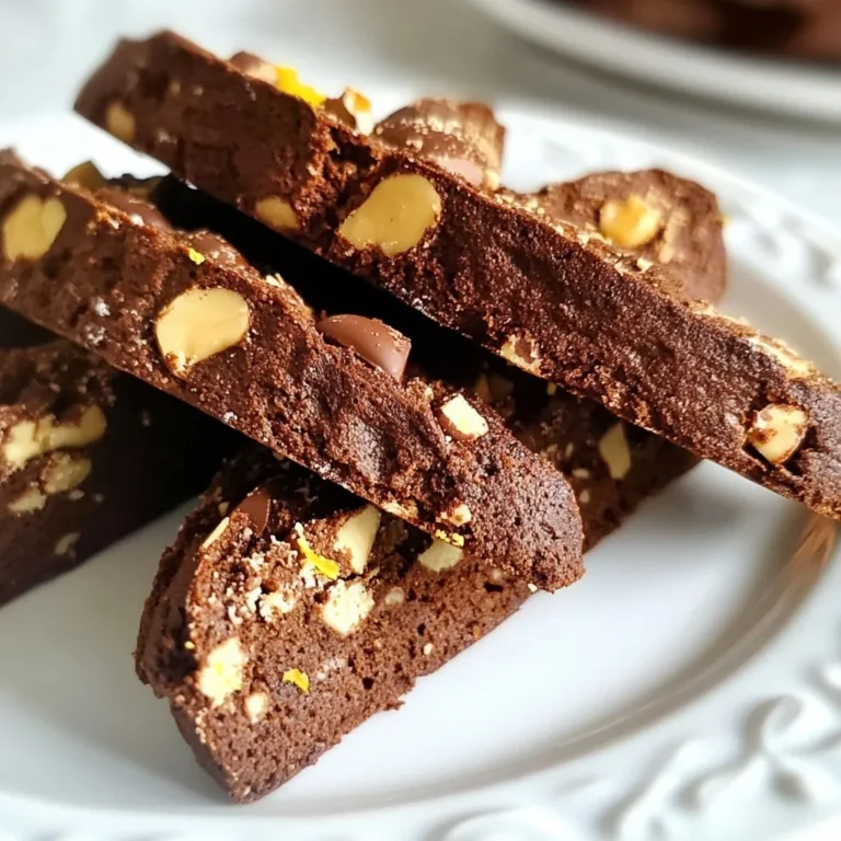 To make Chocolate Hazelnut Biscotti, you need some key items. Here’s the list: - 1 cup hazelnuts, toasted and coarsely chopped - 1 cup all-purpose flour - 1/2 cup unsweetened cocoa powder - 1 teaspoon baking powder - 1/2 teaspoon salt - 2 large eggs - 1 cup granulated sugar - 1 teaspoon vanilla extract - 1/2 cup dark chocolate chips These ingredients work together to create a rich, crunchy treat. The hazelnuts add a nutty flavor while the cocoa gives a deep chocolate taste. You must use fresh hazelnuts for the best flavor. You can add a few optional ingredients to make your biscotti even more special: - Zest of 1 orange Adding orange zest gives a bright and fresh hint to the chocolate. It balances the rich flavors nicely. If you love citrus, you should try it! Getting the right amounts of each ingredient is very important. Here are my tips: - Use dry measuring cups for flour and cocoa powder. - Make sure to spoon the flour into the cup, then level it off with a knife. - Use a kitchen scale if you have one. This helps you measure by weight for more accuracy. These small steps make a big difference in baking. They help ensure your biscotti turn out perfect every time! {{ingredient_image_1}} First, set your oven to 350°F (175°C). This is the perfect temperature for baking. Next, take a baking sheet and line it with parchment paper. This paper helps the biscotti not stick. In a medium bowl, mix the flour, cocoa powder, baking powder, and salt. Whisk these together until they blend well. This step adds flavor and structure. Set this bowl aside for later. In a large bowl, crack the eggs and add the sugar. Beat them together until they look pale and fluffy. This should take about 2-3 minutes. Then, stir in the vanilla extract. If you want, add the orange zest for a fresh twist. Gradually add the dry mix to the wet mix. Stir until just combined. Now, fold in the chopped hazelnuts and dark chocolate chips. Turn the dough out onto a floured surface. Shape it into two logs, about 12 inches long and 2 inches wide. Place the logs on the baking sheet, leaving space in between. Bake for 25-30 minutes until firm. After baking, let the logs cool for about 10 minutes. Use a serrated knife to slice the logs diagonally into 1/2 inch thick pieces. Lay the slices back on the baking sheet, cut side up. Bake for another 10-12 minutes until they get crispy. Once done, let them cool on a wire rack. Enjoy your delightful biscotti! To toast hazelnuts, spread them on a baking sheet. Set your oven to 350°F (175°C). Bake them for about 10-12 minutes. Keep an eye on them, so they don’t burn. You want them to be golden. After toasting, let them cool before chopping. Chopping helps release their rich flavor. For the best texture, mix your dough until just combined. Over-mixing can make the biscotti tough. You want a moist but firm dough. When shaping, make sure the logs are not too thick. Thin logs will bake more evenly. After slicing, bake them again until crispy but not hard. Use a good mixing bowl and a whisk for the wet ingredients. A serrated knife works best for slicing the logs. A baking sheet lined with parchment paper makes cleanup easy. A wire rack helps cool the biscotti evenly. Having these tools will make your baking smooth and fun. Pro Tips Use Fresh Hazelnuts: For the best flavor, toast raw hazelnuts in a dry skillet until golden brown. This enhances their nutty taste and aroma. Don’t Overmix: When incorporating the dry ingredients, mix until just combined to ensure your biscotti are tender rather than tough. Slice with Care: Use a serrated knife to slice the logs when they are slightly warm, as this will help prevent crumbling and ensure clean cuts. Store Properly: Keep your biscotti in an airtight container at room temperature to maintain their crispness. They also freeze well for longer storage. {{image_2}} You can change the flavor by using other nuts. Try almonds, walnuts, or pecans. Each nut adds a unique taste. You can also use seeds like pumpkin or sunflower seeds. They bring extra crunch and nutrition. Just make sure to toast them first for the best flavor. Adding dried fruits makes biscotti more fun. Chopped dried cherries, cranberries, or apricots work well. They add sweetness and chewiness. You can also mix in spices like cinnamon or nutmeg. A pinch of these spices can give your biscotti a warm, cozy flavor. If you need a gluten-free option, use almond flour. It gives a nutty taste and a soft texture. You can also try a gluten-free all-purpose blend. Just check the package for the right amount. This way, everyone can enjoy your chocolate hazelnut biscotti! To keep your Chocolate Hazelnut Biscotti fresh, store them in an airtight container. This keeps moisture out and maintains their crunch. You can use a glass jar or a plastic container. If you have multiple flavors, label each container. This way, you know what tasty treat you have inside. When stored properly, biscotti can last for about 2 weeks at room temperature. If you want them to stay fresh longer, consider freezing them. Biscotti can also last up to 3 months in the freezer. Just remember to let them cool completely before storing. Freezing biscotti is a great way to enjoy them later. First, slice the biscotti as directed. Then, arrange the pieces in a single layer on a baking sheet. Freeze them for about 1 hour until firm. After that, transfer them to a freezer bag. Be sure to remove as much air as possible. When you're ready to enjoy, just thaw them at room temp. You can even warm them in the oven for a few minutes for that fresh-baked taste. I love serving chocolate hazelnut biscotti with a warm cup of coffee or tea. You can also dip them in melted chocolate for extra flavor. They are crunchy and perfect for dipping. Yes! You can make these biscotti ahead of time. Once baked, they keep well in an airtight container for up to two weeks. You can also freeze them for longer storage. Just thaw before serving. Biscotti are done when they feel firm to the touch and golden brown. After the first bake, slice them and bake again until crispy. This second bake ensures the perfect crunch. You can substitute some ingredients if needed. Use almond flour for gluten-free biscotti. You can swap hazelnuts for almonds or walnuts. Dark chocolate can be replaced with white chocolate or milk chocolate. Biscotti pair well with coffee, tea, or hot chocolate. A sweet dessert wine also complements them nicely. The rich flavors of chocolate and hazelnuts shine with these drinks. You now know how to make Chocolate Hazelnut Biscotti, from ingredients to storage. Remember to choose your flavors wisely. Toast the hazelnuts just right for the best taste. Use the tips to get that perfect texture. Store them well to enjoy later. Try different nuts or fruits for fun twists! This recipe is flexible—have fun with it. Enjoy a delightful treat that pairs well with coffee or tea. Happy baking!