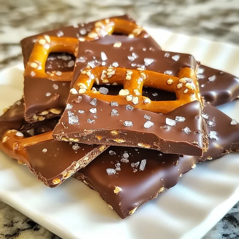 To make Chocolate Caramel Pretzel Bark, you need a few simple items. Here’s what you’ll gather: - 2 cups mini pretzels - 1 cup semi-sweet chocolate chips - 1 cup caramel candies (unwrapped) - 2 tablespoons heavy cream - Sea salt (to taste) - Optional: 1/2 cup chopped nuts (like pecans or almonds) These ingredients blend sweet, salty, and crunchy flavors. The mini pretzels give that perfect crunch. The semi-sweet chocolate and caramel create a smooth, rich layer. You can add nuts for extra texture, but it’s not necessary. This mix of flavors makes each bite exciting! If you want to make it your own, think about using different nuts or even adding a hint of vanilla to the caramel. The choice is yours! Each time you make it, you can try new ideas. Enjoy the process of creating this delicious treat! {{ingredient_image_1}} Start by preheating your oven to 350°F (175°C). This step is key for melting the caramel. While it heats, grab a baking sheet and line it with parchment paper. The paper keeps the bark from sticking and makes cleanup easy. Spread 2 cups of mini pretzels evenly on the sheet. Make sure they form a single layer. This helps every pretzel get coated in caramel and chocolate. Next, let’s melt the caramel. Take 1 cup of unwrapped caramel candies and place them in a small saucepan. Add 2 tablespoons of heavy cream. Set the saucepan over low heat. Stir constantly until the mixture is smooth. Be patient! This may take a few minutes. Once melted, remove it from the heat. This caramel will create a gooey layer on the pretzels. Now, pour the melted caramel over the pretzels. Make sure to coat them evenly so each bite is sweet. Bake the pretzel-caramel mix in the oven for about 5 minutes. You want the caramel bubbly and warm. While it bakes, melt the chocolate. Take 1 cup of semi-sweet chocolate chips and put them in a microwave-safe bowl. Microwave them in 30-second intervals. Stir in between each interval until the chocolate is fully melted and smooth. When the pretzels are ready, carefully pour the melted chocolate over the warm caramel. Use a spatula to spread it evenly. For a touch of flavor, sprinkle sea salt and any chopped nuts on top. Press them gently into the chocolate. Finally, let the bark cool. You can leave it at room temperature or refrigerate it for about 30 minutes. Once set, break into pieces and enjoy the delicious mix of salty and sweet! To get a smooth melt, use low heat. Melt the caramel candies with heavy cream, stirring constantly. This keeps the caramel from burning. For the chocolate, melt it in short bursts. Use a microwave-safe bowl and heat for 30 seconds. Stir after each burst until it's smooth. This method helps you avoid clumps. When pouring the caramel over the pretzels, do it slowly. Make sure all the pretzels get a good coat. Use a spatula to spread the caramel if needed. After adding the chocolate, spread it evenly with the spatula. If you want, you can add nuts after pouring the chocolate. Press them in gently for a balanced bite. To cool the bark, let it sit at room temperature first. If you’re in a hurry, put it in the fridge. It only takes about 30 minutes to set up. Cut the bark into pieces after it cools. Use a sharp knife or your hands to break it apart into fun shapes. - Recommended serving sizes: - Aim for 12 pieces for sharing. - Each piece is a satisfying treat, perfect for snacks or parties. Pro Tips Use Fresh Ingredients: Always use fresh caramel candies and chocolate chips for the best flavor and texture in your bark. Control the Saltiness: Be careful with the amount of sea salt you sprinkle on top; a little goes a long way to enhance the sweetness! Don’t Overbake: Keep a close eye on the pretzels while they bake; you want the caramel bubbly but not burnt. Storage Tips: Store the pretzel bark in an airtight container at room temperature to keep it crunchy and fresh. {{image_2}} If you want nut-free options, skip the chopped nuts. You can use seeds instead. Pumpkin or sunflower seeds add crunch without nuts. They also provide a nice flavor boost. To elevate the taste, consider adding vanilla. A teaspoon of pure vanilla extract works wonders. It adds warmth and enhances the caramel depth. You can also try a pinch of cinnamon for a spicy kick. You can swap semi-sweet chocolate chips for dark or milk chocolate. Dark chocolate gives a rich flavor, while milk chocolate adds sweetness. For a fun twist, use white chocolate! Melt it the same way and drizzle over the bark. Make your treat festive for the holidays! Add colored sprinkles or crushed candy canes for Christmas. Use pastel sprinkles for Easter. You can even shape the bark into hearts for Valentine’s Day. Each season brings a new chance to be creative! To keep Chocolate Caramel Pretzel Bark fresh, store it in an airtight container. Place parchment paper between layers to avoid sticking. You can also wrap it tightly in plastic wrap. This method keeps it safe from air and moisture. When stored properly, this bark lasts about two weeks at room temperature. If you want it to last longer, consider freezing it. The texture and taste stay great for several months when frozen. To freeze Chocolate Caramel Pretzel Bark, wrap it tightly in plastic wrap. Then, place it in a freezer bag or container. Make sure to remove as much air as possible. This helps prevent freezer burn. When ready to enjoy, let it thaw in the fridge overnight. You don’t need to reheat the bark, but if you want it warm, place it in the oven at a low setting. Heat it for just a few minutes. Keep an eye on it to avoid melting the chocolate. Enjoy it fresh and warm for a cozy treat! Yes, you can use different pretzels. Try regular, chocolate-covered, or even sticks. Each type adds a unique taste and crunch. Just keep the amount the same. To make it gluten-free, choose gluten-free pretzels. Many brands offer tasty options. Always check the label to ensure they meet your needs. You can use half-and-half in place of heavy cream. Coconut cream is another option for a dairy-free version. Both will work well in your caramel. - Can I use other kinds of chocolate? Yes! You can try milk chocolate or dark chocolate. Each type gives a different flavor. Choose what you like best for your bark. - How do I store leftovers? Store leftovers in an airtight container. Keep them at room temperature for up to a week. If you need more time, place them in the fridge for longer freshness. In this blog post, we explored the simple steps to make Chocolate Caramel Pretzel Bark. We covered ingredients, instructions, tips, and different variations you can try. Remember, it’s all about the balance of sweet and salty. My final thoughts: this treat is easy to customize for any occasion. Whether you want nuts or those fun holiday flavors, you can make it your own. Enjoy making and sharing your tasty creation!