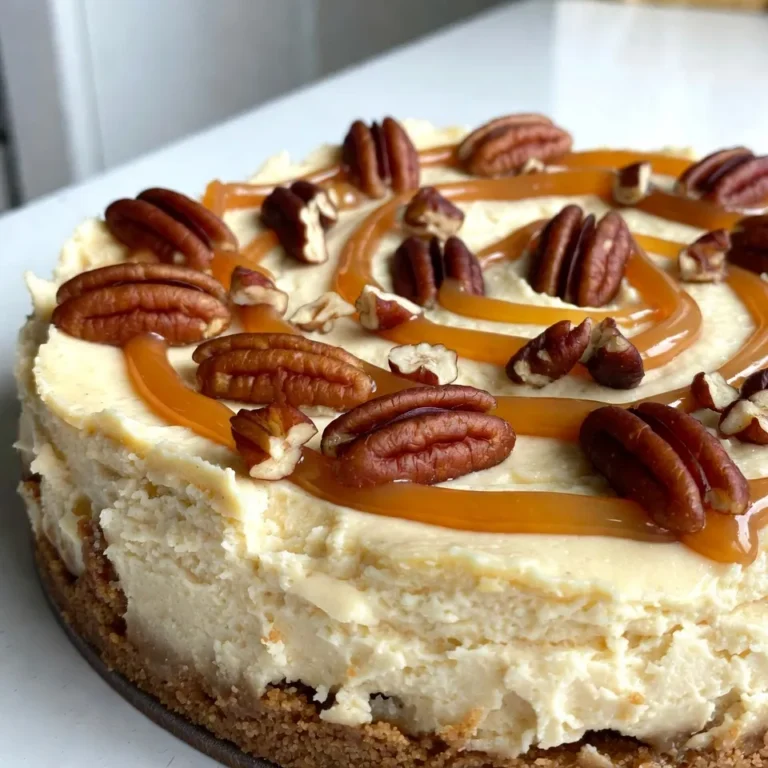 To make a delicious caramel pecan cheesecake, you need these key ingredients: - 1 ½ cups graham cracker crumbs - ½ cup unsalted butter, melted - 1 cup pecans, chopped - 2 cups cream cheese, softened - 1 cup granulated sugar - ½ cup sour cream - 3 large eggs - 1 teaspoon vanilla extract - 1 cup caramel sauce (plus extra for drizzling on top) - ¼ teaspoon salt These ingredients come together to create a rich and creamy cheesecake that delights the senses. To make your cheesecake look even better, consider these optional garnishes: - Whipped cream - Chocolate shavings - Extra pecans for topping - Sea salt for a sweet and salty touch These additions can elevate your dessert and impress your guests. If you need to swap out ingredients, here are some ideas: - Use almond flour instead of graham cracker crumbs for a gluten-free crust. - Swap out sour cream for Greek yogurt for a tangy flavor. - Try using maple syrup in place of caramel sauce for a different taste. These substitutions allow you to customize the recipe to fit your needs while keeping the flavor intact. {{ingredient_image_1}} Start by preheating your oven to 325°F (160°C). In a bowl, mix 1 ½ cups of graham cracker crumbs with ½ cup of melted unsalted butter. Stir well until the crumbs are coated. Press this mixture into the bottom of a 9-inch springform pan. Make sure it is even. Bake the crust for 10 minutes. Once done, take it out and let it cool. In a large bowl, beat 2 cups of softened cream cheese with 1 cup of granulated sugar. Mix until smooth and creamy. Next, add ½ cup of sour cream. Then, add 3 large eggs one at a time. Add 1 teaspoon of vanilla extract and ¼ teaspoon of salt. Mix on low speed until everything is combined. Now, fold in ¾ cup of chopped pecans and ½ cup of caramel sauce. Make sure it’s evenly mixed. Pour the cheesecake filling over your cooled crust. Bake it in your preheated oven for about 50 to 60 minutes. The center should be set but still jiggly. Turn off the oven and crack the door open. Let the cheesecake cool in the oven for 1 hour. This step helps to prevent cracks. After that, take it out and let it cool on a wire rack until it reaches room temperature. Refrigerate it for at least 4 hours or overnight to set. Before serving, drizzle more caramel sauce on top and sprinkle with the rest of the chopped pecans. To keep your cheesecake smooth, use these tips: - Cool slowly: After baking, turn off the oven. Crack the door open and let the cheesecake cool for one hour. This helps prevent sudden temperature changes that cause cracks. - Water bath: Consider baking your cheesecake in a water bath. Place the springform pan in a larger pan filled with water. This method keeps the heat gentle and even. - Don’t overmix: Mix your filling just until smooth. Over-mixing adds too much air, which can lead to cracks when it bakes. For that perfect creamy texture, follow these steps: - Room temperature ingredients: Use cream cheese, eggs, and sour cream at room temperature. Cold ingredients don't blend well and can lead to lumps. - Beat gently: When adding eggs, mix on low speed. This avoids incorporating too much air, which can make your cheesecake dense. - Fold in mix-ins: When adding pecans and caramel sauce, gently fold them into the batter. This keeps the mixture light and fluffy. Serving your caramel pecan cheesecake can be fun and creative: - Drizzle more caramel: Just before serving, drizzle extra caramel sauce on top. It adds a beautiful touch. - Garnish with pecans: Sprinkle the remaining chopped pecans on top. They add texture and visual appeal. - Pair with coffee or tea: Serve slices with a warm drink. The flavors of the cheesecake complement coffee and tea nicely, making for a delightful dessert experience. Pro Tips Chill Before Serving: Allow the cheesecake to chill for a minimum of 4 hours, or overnight, for the best texture and flavor. Prevent Cracks: Cooling the cheesecake in the oven with the door ajar helps prevent cracks on the surface. Perfectly Creamy Filling: Make sure your cream cheese is at room temperature to ensure a smooth and creamy filling without lumps. Extra Caramel Drizzle: Drizzle additional caramel sauce over the cheesecake just before serving for a beautiful finish and extra sweetness. {{image_2}} You can change the topping of your caramel pecan cheesecake to fit your taste. Try fresh fruits like strawberries or blueberries for a fruity twist. You can also add whipped cream for extra creaminess. Another fun option is to mix in chocolate chips or crushed toffee. These add a nice crunch and flavor. Get creative and choose what you love! If you need a gluten-free choice, use gluten-free graham cracker crumbs. Many brands offer this option. You can also use almond flour or crushed nuts for your crust. Just blend it with melted butter to hold it together. This way, everyone can enjoy this tasty treat. You can easily change the flavor of your cheesecake. For a chocolate version, add melted chocolate to the cream cheese filling. This gives a rich chocolate taste. Want something different? Try pumpkin puree and warm spices like cinnamon and nutmeg for a fall-inspired cheesecake. These options keep your desserts exciting and new! After enjoying your caramel pecan cheesecake, you may have some left. Store any leftovers in the fridge. Use an airtight container to keep it fresh. You can also cover the cheesecake with plastic wrap. This helps to prevent it from drying out. It will stay good in the fridge for about five days. If you want to keep your cheesecake longer, freezing is a great option. First, let the cheesecake cool completely. Make sure it is set before you freeze it. Wrap the cheesecake tightly in plastic wrap. Then, place it in a freezer-safe container. It can last up to three months in the freezer. To serve later, thaw it in the fridge overnight. The shelf life of your caramel pecan cheesecake depends on storage. In the fridge, it stays fresh for five days. In the freezer, it lasts up to three months. To enjoy the best flavor, eat it within these time frames. Always check for any signs of spoilage, like off smells or changes in texture. Enjoy your delicious treat while it's fresh! This cheesecake stands out for its rich flavors. The creamy filling mixes with the crunchy pecans. The sweet caramel adds a delightful touch. Each bite gives a perfect balance of sweet and nutty. This dessert combines textures that create a real treat for your taste buds. Yes, you can swap pecans for other nuts. Walnuts or almonds work well for this recipe. They give a nice crunch and flavor. Just chop them up like you would with pecans. This way, you can customize the cheesecake to your liking. Check the center of the cheesecake for doneness. It should be set but still slightly jiggly. If it looks too liquid, give it more time in the oven. A good tip is to turn off the oven and crack the door. Let it cool slowly for the best results. You now have all the steps to make a great cheesecake. We covered essential ingredients, helpful tips, and storage ideas. You can mix and match flavors and toppings to make it your own. Remember to check for cracks and aim for a creamy texture. By following these instructions, you can impress anyone with your cheesecake. Enjoy every slice, and share your creations with friends and family! Your cheesecake journey has just begun.