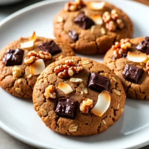 - 1 cup unsalted butter, softened - 3/4 cup brown sugar, packed - 1/2 cup granulated sugar - 2 large eggs - 1 teaspoon vanilla extract - 1 1/2 cups rolled oats - 1 cup all-purpose flour - 1/2 teaspoon baking soda - 1/2 teaspoon baking powder - 1/2 teaspoon salt - 1 cup dark chocolate chunks - 1/2 cup chopped walnuts (optional) - 1/4 cup shredded coconut (optional) I like to use weight for baking. It gives accurate results. A kitchen scale helps. For this recipe, you can also use cups. Just make sure to level off the ingredients. You can swap unsalted butter for coconut oil. It adds a nice flavor. If you don't have brown sugar, use all granulated sugar. The cookies will still taste great. For a nut-free option, skip the walnuts. You can add more chocolate chunks instead. If you want to change the flavor, try adding dried fruit or spices. Adjust based on what you have in your pantry. {{ingredient_image_1}} Start by preheating your oven to 350°F (175°C). This step helps your cookies bake evenly. Next, line two baking sheets with parchment paper. This will prevent the cookies from sticking. Make sure your workspace is clean to keep everything organized. In a large bowl, add 1 cup of softened unsalted butter. Next, mix in 3/4 cup of brown sugar and 1/2 cup of granulated sugar. Use a mixer to cream them until light and fluffy. This step takes about 2-3 minutes. Now, add in 2 large eggs, one at a time. Don’t forget to mix well after each egg. Finally, stir in 1 teaspoon of vanilla extract. This adds a wonderful flavor to the cookies. Grab another bowl and combine 1 1/2 cups of rolled oats, 1 cup of all-purpose flour, 1/2 teaspoon of baking soda, 1/2 teaspoon of baking powder, and 1/2 teaspoon of salt. Mix these dry ingredients well. Once mixed, gradually add them to your wet mixture. Be careful not to over-mix, just combine until you see no dry flour. Now it's time to add in the fun stuff! Fold in 1 cup of dark chocolate chunks. If you like, you can also add 1/2 cup of chopped walnuts and 1/4 cup of shredded coconut. Using a cookie scoop or a tablespoon, drop rounded balls of dough onto your prepared baking sheets. Make sure to space them about 2 inches apart. Bake in your preheated oven for 10-12 minutes. Look for edges that are golden and centers that look a bit underbaked. Let them cool on the sheets for 5 minutes before moving them to a wire rack. Enjoy your warm cookies! To get the best texture, focus on the butter. Make sure it is softened but not melted. Cream the butter with both sugars until it's light and fluffy. This step adds air and helps your cookies rise. You want a nice balance between chewy and soft. Bake them just until the edges turn golden. The centers should look slightly underbaked. They will firm up as they cool. Mixing is key for great cookies. Start by beating your eggs one at a time. This helps them blend well into the butter mixture. When adding dry ingredients, do it gradually. Stir just until everything is combined. Over-mixing can lead to tough cookies. When folding in chocolate chunks or nuts, be gentle. You want them evenly spread but not crushed. Cookies can sometimes go wrong. If they spread too much, check your oven temperature. It should be set to 350°F. If they are dry, you may have overbaked them. Always watch the time closely. For cookies that are too flat, ensure your butter is softened, not melted. This can change the cookie's shape. If they taste bland, try adding a pinch more salt. It can enhance the sweetness and flavor. Pro Tips Chill the Dough: For thicker cookies, chill the dough in the refrigerator for at least 30 minutes before baking. This helps prevent spreading and enhances the flavor. Use Quality Chocolate: Opt for high-quality dark chocolate chunks for a richer taste. The better the chocolate, the more indulgent your cookies will be! Mix-Ins Variations: Feel free to swap out walnuts and coconut for other mix-ins like pecans, dried fruit, or even peanut butter chips for a unique twist. Watch the Baking Time: Keep an eye on your cookies as they bake. They should be slightly underbaked in the center for a chewy texture; they will continue to set as they cool. {{image_2}} You can switch up the type of chocolate you use. Try using milk chocolate chunks for a sweeter cookie. White chocolate adds a creamy touch. You can also mix dark and milk chocolates for a fun twist. The flavors combine well and create a rich taste. If you want nut-free cookies, skip the walnuts. You can add more chocolate chunks instead. For gluten-free cookies, use a gluten-free flour blend. Ensure the oats are labeled gluten-free. This keeps the cookies safe for everyone to enjoy. Get creative with flavors! Add a teaspoon of cinnamon for warmth. You can also toss in dried fruits like cranberries or cherries. A bit of orange zest gives a fresh, bright taste. Experimenting with flavors makes baking fun and unique. Store leftover cookies in an airtight container. This keeps them soft and fresh. You can layer them with parchment paper to avoid sticking. Place the container at room temperature. If you do this, cookies can last for about a week. Freezing cookies is a great way to save them for later. First, let the cookies cool completely. Then, place them in a single layer on a baking sheet. Freeze them for about an hour. Once frozen, transfer the cookies to a freezer bag. They can last up to three months in the freezer. To keep cookies fresh, avoid moisture. Use a clean, dry container for storage. If you want to keep them extra soft, add a slice of bread to the container. The cookies will absorb moisture from the bread. Just remember to replace the bread every few days. These cookies stay fresh for about one week. Store them in an airtight container. This keeps them soft and tasty. If you want to keep them longer, freeze them. They last well in the freezer for up to three months. Just make sure to thaw them before eating. Yes, you can use quick oats. They absorb more liquid, so your cookies may be softer. Rolled oats give a chewier texture. If you like a heartier bite, stick with rolled oats. Both options are tasty, but the texture will change a bit. If you need a butter substitute, try coconut oil or applesauce. Coconut oil gives a nice flavor. Applesauce makes the cookies moist and sweet. You can also use margarine if you want a dairy-free option. Just remember, each substitute may change the taste slightly. To get chewy cookies, do not overbake them. Bake just until the edges are golden. The centers should look a bit underbaked. Also, use brown sugar instead of white sugar. It adds moisture and helps with chewiness. Letting the dough chill for a bit can also help. These cookies combine simple ingredients into a delicious treat. I shared tips on mixing, baking, and storing for great results. You can adapt this recipe with fun twists or swaps to match your taste. Whether chewy or crunchy, these cookies will impress everyone. Bake, share, and enjoy this tasty dessert!