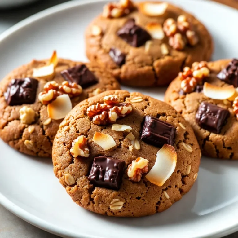 - 1 cup unsalted butter, softened - 3/4 cup brown sugar, packed - 1/2 cup granulated sugar - 2 large eggs - 1 teaspoon vanilla extract - 1 1/2 cups rolled oats - 1 cup all-purpose flour - 1/2 teaspoon baking soda - 1/2 teaspoon baking powder - 1/2 teaspoon salt - 1 cup dark chocolate chunks - 1/2 cup chopped walnuts (optional) - 1/4 cup shredded coconut (optional) I like to use weight for baking. It gives accurate results. A kitchen scale helps. For this recipe, you can also use cups. Just make sure to level off the ingredients. You can swap unsalted butter for coconut oil. It adds a nice flavor. If you don't have brown sugar, use all granulated sugar. The cookies will still taste great. For a nut-free option, skip the walnuts. You can add more chocolate chunks instead. If you want to change the flavor, try adding dried fruit or spices. Adjust based on what you have in your pantry. {{ingredient_image_1}} Start by preheating your oven to 350°F (175°C). This step helps your cookies bake evenly. Next, line two baking sheets with parchment paper. This will prevent the cookies from sticking. Make sure your workspace is clean to keep everything organized. In a large bowl, add 1 cup of softened unsalted butter. Next, mix in 3/4 cup of brown sugar and 1/2 cup of granulated sugar. Use a mixer to cream them until light and fluffy. This step takes about 2-3 minutes. Now, add in 2 large eggs, one at a time. Don’t forget to mix well after each egg. Finally, stir in 1 teaspoon of vanilla extract. This adds a wonderful flavor to the cookies. Grab another bowl and combine 1 1/2 cups of rolled oats, 1 cup of all-purpose flour, 1/2 teaspoon of baking soda, 1/2 teaspoon of baking powder, and 1/2 teaspoon of salt. Mix these dry ingredients well. Once mixed, gradually add them to your wet mixture. Be careful not to over-mix, just combine until you see no dry flour. Now it's time to add in the fun stuff! Fold in 1 cup of dark chocolate chunks. If you like, you can also add 1/2 cup of chopped walnuts and 1/4 cup of shredded coconut. Using a cookie scoop or a tablespoon, drop rounded balls of dough onto your prepared baking sheets. Make sure to space them about 2 inches apart. Bake in your preheated oven for 10-12 minutes. Look for edges that are golden and centers that look a bit underbaked. Let them cool on the sheets for 5 minutes before moving them to a wire rack. Enjoy your warm cookies! To get the best texture, focus on the butter. Make sure it is softened but not melted. Cream the butter with both sugars until it's light and fluffy. This step adds air and helps your cookies rise. You want a nice balance between chewy and soft. Bake them just until the edges turn golden. The centers should look slightly underbaked. They will firm up as they cool. Mixing is key for great cookies. Start by beating your eggs one at a time. This helps them blend well into the butter mixture. When adding dry ingredients, do it gradually. Stir just until everything is combined. Over-mixing can lead to tough cookies. When folding in chocolate chunks or nuts, be gentle. You want them evenly spread but not crushed. Cookies can sometimes go wrong. If they spread too much, check your oven temperature. It should be set to 350°F. If they are dry, you may have overbaked them. Always watch the time closely. For cookies that are too flat, ensure your butter is softened, not melted. This can change the cookie's shape. If they taste bland, try adding a pinch more salt. It can enhance the sweetness and flavor. Pro Tips Chill the Dough: For thicker cookies, chill the dough in the refrigerator for at least 30 minutes before baking. This helps prevent spreading and enhances the flavor. Use Quality Chocolate: Opt for high-quality dark chocolate chunks for a richer taste. The better the chocolate, the more indulgent your cookies will be! Mix-Ins Variations: Feel free to swap out walnuts and coconut for other mix-ins like pecans, dried fruit, or even peanut butter chips for a unique twist. Watch the Baking Time: Keep an eye on your cookies as they bake. They should be slightly underbaked in the center for a chewy texture; they will continue to set as they cool. {{image_2}} You can switch up the type of chocolate you use. Try using milk chocolate chunks for a sweeter cookie. White chocolate adds a creamy touch. You can also mix dark and milk chocolates for a fun twist. The flavors combine well and create a rich taste. If you want nut-free cookies, skip the walnuts. You can add more chocolate chunks instead. For gluten-free cookies, use a gluten-free flour blend. Ensure the oats are labeled gluten-free. This keeps the cookies safe for everyone to enjoy. Get creative with flavors! Add a teaspoon of cinnamon for warmth. You can also toss in dried fruits like cranberries or cherries. A bit of orange zest gives a fresh, bright taste. Experimenting with flavors makes baking fun and unique. Store leftover cookies in an airtight container. This keeps them soft and fresh. You can layer them with parchment paper to avoid sticking. Place the container at room temperature. If you do this, cookies can last for about a week. Freezing cookies is a great way to save them for later. First, let the cookies cool completely. Then, place them in a single layer on a baking sheet. Freeze them for about an hour. Once frozen, transfer the cookies to a freezer bag. They can last up to three months in the freezer. To keep cookies fresh, avoid moisture. Use a clean, dry container for storage. If you want to keep them extra soft, add a slice of bread to the container. The cookies will absorb moisture from the bread. Just remember to replace the bread every few days. These cookies stay fresh for about one week. Store them in an airtight container. This keeps them soft and tasty. If you want to keep them longer, freeze them. They last well in the freezer for up to three months. Just make sure to thaw them before eating. Yes, you can use quick oats. They absorb more liquid, so your cookies may be softer. Rolled oats give a chewier texture. If you like a heartier bite, stick with rolled oats. Both options are tasty, but the texture will change a bit. If you need a butter substitute, try coconut oil or applesauce. Coconut oil gives a nice flavor. Applesauce makes the cookies moist and sweet. You can also use margarine if you want a dairy-free option. Just remember, each substitute may change the taste slightly. To get chewy cookies, do not overbake them. Bake just until the edges are golden. The centers should look a bit underbaked. Also, use brown sugar instead of white sugar. It adds moisture and helps with chewiness. Letting the dough chill for a bit can also help. These cookies combine simple ingredients into a delicious treat. I shared tips on mixing, baking, and storing for great results. You can adapt this recipe with fun twists or swaps to match your taste. Whether chewy or crunchy, these cookies will impress everyone. Bake, share, and enjoy this tasty dessert!