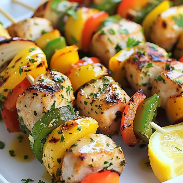 To make tasty Lemon Herb Chicken Kabobs, you need fresh and simple ingredients. Here’s what you will need: - 1.5 lbs boneless, skinless chicken breasts, cut into 1-inch cubes - 1/4 cup olive oil - 2 lemons (juice and zest) - 4 cloves garlic, minced - 1 tablespoon dried oregano - 1 tablespoon fresh parsley, chopped - 1 teaspoon smoked paprika - Salt and pepper to taste These main ingredients give the kabobs a bright and zesty flavor. The chicken absorbs the tangy lemon and spice well. The marinade is key to flavor. Here’s what goes into the marinade: - Olive oil adds richness and helps the flavors blend. - Lemon juice and zest provide brightness and acidity. - Garlic adds depth and a nice aroma. - Dried oregano and fresh parsley bring in herbal notes. - Smoked paprika gives that lovely smoky flavor. Combine these in a bowl to create a delicious marinade. This mix makes the chicken tender and flavorful. Adding vegetables makes your kabobs even better. Here are some great choices: - 1 red bell pepper, cut into 1-inch pieces - 1 green bell pepper, cut into 1-inch pieces - 1 red onion, cut into wedges These vegetables add color and crunch. You can also toss them with olive oil, salt, and pepper for a tasty twist. Grilling them alongside the chicken enriches their flavors, making every bite special. Now, gather these ingredients, and you are ready to create some delicious Lemon Herb Chicken Kabobs! {{ingredient_image_1}} To start, grab a large bowl. This is where the magic happens. Add 1/4 cup of olive oil, the juice, and zest of 2 lemons. Next, toss in 4 minced garlic cloves, 1 tablespoon of dried oregano, and 1 tablespoon of chopped fresh parsley. Don't forget 1 teaspoon of smoked paprika, and season it with salt and pepper. Whisk everything together until it's smooth. Now, take your 1.5 lbs of boneless, skinless chicken breasts and cut them into 1-inch cubes. Add the chicken to the marinade. Make sure each piece is coated well. Cover the bowl and refrigerate it for at least 30 minutes. If you want a stronger flavor, let it marinate for up to 2 hours. While the chicken is marinating, prepare your veggies. Cut 1 red bell pepper, 1 green bell pepper, and 1 red onion into 1-inch pieces. If you like, toss them with a bit of olive oil, salt, and pepper. This adds extra flavor. Now it's time to preheat your grill. Set it to medium-high heat, around 400°F (200°C). If you are using wooden skewers, soak them in water for 30 minutes. This will stop them from burning while you grill. Once everything is ready, it’s time to assemble the kabobs. Take your skewers and start threading them. Alternate between the marinated chicken and the colorful veggies. This not only looks great but also adds flavor in every bite. Now, place your assembled kabobs on the grill. Cook them for about 10-12 minutes. Turn them occasionally. Keep an eye on the chicken. It should reach an internal temperature of 165°F (74°C). The veggies should become tender and juicy. Once they are done, remove the kabobs from the grill. Let them rest for a few minutes. This helps keep them juicy. Serve with fresh parsley and lemon wedges for a vibrant finish. Enjoy your tasty Lemon Herb Chicken Kabobs! Grilling chicken kabobs can be a fun and rewarding task. Here are some tips to ensure success: - Preheat your grill: Always preheat your grill to medium-high heat. This helps get those nice grill marks. - Use soaked skewers: If you use wooden skewers, soak them in water for 30 minutes. This prevents burning during grilling. - Don’t overcrowd the grill: Leave space between kabobs. This helps them cook evenly and get that nice char. To get juicy chicken, marinate it well. Here are some steps: - Choose the right cut: Use boneless, skinless chicken breasts. They cook quickly and stay tender. - Marinate for at least 30 minutes: For best results, marinate for up to 2 hours. The longer it sits, the more flavor it picks up. - Check the temperature: Cook the chicken until it reaches 165°F (74°C). This ensures it’s safe to eat and not dry. Want to boost the flavor of your chicken kabobs? Consider these ideas: - Add more herbs: Fresh herbs like basil or thyme can add a new twist. Experiment with what you love. - Use citrus zest: The zest from lemons or limes adds bright notes. It enhances the overall flavor profile. - Try a spicy kick: Add a pinch of cayenne or red pepper flakes to the marinade for some heat. It gives a nice contrast to the lemon. These tips will help you create delicious lemon herb chicken kabobs with ease. Enjoy the grilling process and the tasty results! Pro Tips Marinate Longer for Flavor: For the best results, marinate the chicken for at least 2 hours, or even overnight, to enhance the flavor. Use a Meat Thermometer: To ensure the chicken is perfectly cooked, use a meat thermometer; it should reach an internal temperature of 165°F (74°C). Vary Your Vegetables: Feel free to mix in other vegetables like zucchini, cherry tomatoes, or mushrooms for additional flavors and colors. Rest the Kabobs: Allow the kabobs to rest for a few minutes after grilling; this helps retain the juices and enhances the overall taste. {{image_2}} You can easily swap chicken for other proteins. Try using shrimp, beef, or pork. Each option adds a new taste. Shrimp cooks fast and has a light flavor. Beef adds richness and pairs well with bold spices. Pork gives a sweet and savory touch. Adjust cooking times based on the protein you choose. For shrimp, grill for about 5-7 minutes. Beef and pork may need 10-15 minutes, depending on thickness. Vegetarian kabobs are fun and colorful. Use firm tofu or tempeh instead of meat. Marinate them just like the chicken. You can also use hearty vegetables like mushrooms, zucchini, or eggplant. These add great texture and flavor. For extra protein, add chickpeas or marinated artichokes. Grill them for about 10-12 minutes until tender. Serve these kabobs with a tangy yogurt dip or a zesty sauce. Don't be afraid to play with flavors! Add spices like cumin, coriander, or chili powder for a kick. Fresh herbs like basil or cilantro can also brighten your kabobs. For a sweet twist, try a teriyaki or honey mustard glaze. If you want a spicy kick, add some cayenne or sriracha to your marinade. Experiment with citrus, too! Lime or orange juice can replace lemon, giving a fresh taste. Each change makes your kabobs unique and exciting. To keep your leftover kabobs fresh, let them cool first. Place them in an airtight container. Store them in the fridge. They will last for about 3-4 days. If you want, you can wrap them tightly in plastic wrap or foil too. This helps keep them moist. Reheating kabobs is easy. You can use the microwave, oven, or grill. For the microwave, place the kabobs on a plate. Heat them for 1-2 minutes. Check if they're warm enough before serving. If you use the oven, preheat it to 350°F (175°C). Place the kabobs on a baking sheet and cover them with foil. Heat for about 10 minutes. This method keeps them juicy. The grill is great too! Just warm them for a few minutes until hot. Freezing kabobs is perfect for meal prep. Before freezing, let them cool completely. Place them in a freezer-safe bag. Remove as much air as possible. Label the bag with the date. They can last for up to 3 months in the freezer. When ready to eat, thaw them in the fridge overnight. You can then reheat them using any method mentioned above. Enjoy your kabobs any time! The best way to grill chicken kabobs is to preheat your grill to medium-high heat, around 400°F. This heat helps cook the chicken evenly. Make sure to soak wooden skewers in water for 30 minutes. This prevents them from burning. Place the kabobs on the grill and cook for about 10-12 minutes. Turn them occasionally to avoid burning and ensure all sides cook well. The chicken should reach an internal temperature of 165°F to be safe to eat. Yes, you can use dried herbs instead of fresh. Dried herbs are more concentrated in flavor. When using dried herbs, use about one-third of the amount you would use for fresh herbs. For example, if the recipe calls for a tablespoon of fresh parsley, use one teaspoon of dried parsley. Be aware that dried herbs may not give the same vibrant taste, but they still add great flavor. Marinate the chicken for at least 30 minutes for a good flavor. If you have time, marinating for up to 2 hours can deepen the taste. Avoid marinating for too long, as the acid in the lemon juice can make the chicken tough. Always keep the marinating chicken in the fridge to stay safe from bacteria. In this article, I discussed how to make tasty Lemon Herb Chicken Kabobs. I covered the main ingredients, marinade tips, and cooking steps. You learned best practices for grilling and some fun variations. Remember, you can swap proteins and add veggies for fun flavors. Enjoy your grilling and make it a fun experience. Cooking is easier with practice and the right tips. Keep experimenting to find your favorite kabob style!