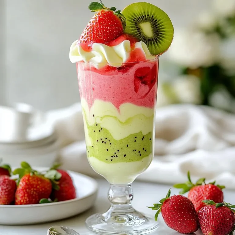 - 1 cup fresh strawberries, hulled and sliced - 2 ripe kiwis, peeled and chopped - 1 frozen banana - 1/2 cup Greek yogurt (plain or vanilla) - 1 cup coconut water or almond milk - 1 tablespoon honey or maple syrup - 1 tablespoon chia seeds - A few ice cubes The ingredients for a Strawberry Kiwi Smoothie are simple and fresh. The strawberries give it a sweet flavor, while the kiwis add a nice tang. The frozen banana makes the smoothie creamy. For the base, I like Greek yogurt. It adds protein and makes the smoothie thick. You can choose coconut water for hydration or almond milk for a nutty taste. Some people like it sweeter. You can add honey or maple syrup to taste. Chia seeds are a great addition too. They pack a nutritional punch and add texture. If you want it colder and thicker, add a few ice cubes. With these ingredients, you create a smoothie that is not only tasty but also good for you! {{ingredient_image_1}} To make this smoothie, start by preparing your fruits: - Hull and slice the strawberries: Grab your fresh strawberries. Use a small knife to remove the green tops, known as the hulls. Then, slice them into halves or quarters, depending on your preference. - Peel and chop kiwis: Take your ripe kiwis. Use a knife to cut off both ends. Then, gently slide the knife along the skin to peel it. Once peeled, chop the kiwis into small pieces. - Preparing the frozen banana: If you don’t have a frozen banana, slice a ripe banana and place it in the freezer for a few hours. A frozen banana gives the smoothie a creamy texture. Now, let’s blend everything together: - Combine all ingredients in the blender: Add the sliced strawberries, chopped kiwis, and frozen banana to your blender. Next, include 1/2 cup of Greek yogurt and 1 cup of coconut water or almond milk. - Adjust consistency and sweetness: If you want it sweeter, add 1 tablespoon of honey or maple syrup. For extra nutrition, sprinkle in 1 tablespoon of chia seeds. If you prefer a thicker smoothie, toss in a few ice cubes. Blend on high speed for about 30 seconds or until smooth. Finally, it’s time to serve your delicious smoothie: - Pouring the smoothie into glasses: Once blended, pour the smoothie into chilled glasses. This keeps it cool and refreshing. - Garnishing tips for presentation: For a fun touch, garnish each glass with a slice of kiwi on the rim and a few whole strawberries. Bright straws add an extra pop of color. Enjoy your refreshing drink! To get the best smoothie, start with the right balance. Use enough liquid to blend the solids smoothly. For this recipe, coconut water or almond milk works well. Use about one cup. Frozen fruit is your secret to creaminess. The frozen banana adds thickness and a nice texture. You can also freeze the strawberries or kiwis if you want a colder drink. You can choose natural sweeteners like honey or maple syrup. They add flavor without overpowering the fruit. If you prefer no added sugar, that’s okay too! Always taste your smoothie before serving. This lets you adjust the sweetness. Add a bit of honey or more fruit if it needs it. When blending, keep a few things in mind. If you have a high-power blender, everything will blend quickly. For standard blenders, you might need to stop and stir the mix. This helps ensure all ingredients blend well. Cleaning your blender is easy. Fill it with warm water and a drop of soap. Blend for a few seconds, then rinse it out. This keeps your blender ready for the next smoothie! Pro Tips Use Frozen Banana: A frozen banana not only adds creaminess to your smoothie but also helps keep it cold and refreshing. Make sure to peel and slice it before freezing for easier blending. Experiment with Milk Alternatives: While coconut water adds a unique flavor, feel free to try almond milk, oat milk, or any other milk alternatives to find your preferred taste and texture. Perfect Sweetness: Taste your smoothie before serving. If it's not sweet enough, add a little more honey or maple syrup, but remember that the fruits also contribute natural sweetness. Chill Your Glasses: For an extra refreshing experience, chill your glasses in the freezer for a few minutes before pouring in your smoothie. This will help keep it cold longer! {{image_2}} You can mix things up with other fruits. Try mango, pineapple, or blueberries. These fruits add their own yummy flavors. You can also add greens like spinach or kale. This gives your smoothie a health boost without changing the taste much. If you want a dairy-free version, swap Greek yogurt for almond or coconut yogurt. These options work well and keep it creamy. For sweetness, use agave syrup or a ripe date. These vegan sweeteners are great choices for a plant-based diet. To make your smoothie even better, add protein powder or nut butter. Peanut butter or almond butter brings flavor and protein. You can also include superfoods like flaxseeds or spirulina. These ingredients add nutrients and can help keep you full longer. After making your smoothie, you might have some left. To store it right, pour the smoothie into a clean jar. Seal it tightly and place it in the fridge. It will stay fresh for a short time. For longer storage, freeze portions in ice cube trays or small bags. This way, you can enjoy your smoothie later. In the fridge, your smoothie stays good for about one day. If it looks or smells off, it’s best to toss it. Signs to look for include separation or an odd color. When you notice these, it’s time to let it go. If your smoothie thickens after a day, don’t worry! Just add a splash of coconut water or almond milk. Blend it again until smooth. This will bring back its creamy texture. If the flavor is weak, add a bit more honey or syrup to brighten it up. A Strawberry Kiwi Smoothie has about 250 calories per serving. Here’s the breakdown: - Fresh strawberries (1 cup): 50 calories - Ripe kiwis (2): 80 calories - Frozen banana (1): 105 calories - Greek yogurt (1/2 cup): 60 calories - Coconut water (1 cup): 50 calories - Honey or maple syrup (1 tablespoon): 60 calories (optional) - Chia seeds (1 tablespoon): 58 calories Total calories can vary based on added ingredients. Adjust the yogurt or sweetener for fewer calories. Yes, you can prep ingredients ahead. Here are some tips: - Slice strawberries and kiwis: Store in an airtight container in the fridge for up to 2 days. - Freeze banana: Peel and chop the banana, then keep it in a freezer bag. - Measure yogurt and liquids: Combine in a separate container. Add these when blending. Mix everything when you're ready to enjoy. This keeps your smoothie fresh and tasty. To boost protein, consider these options: - Protein powder: Add a scoop to the blender. - Nut butter: Almond or peanut butter adds flavor and protein. - More Greek yogurt: Use up to a full cup for extra creaminess and protein. - Cottage cheese: This adds creaminess, too. These options make your smoothie filling and nutritious. In this blog post, I shared how to create a delicious Strawberry Kiwi Smoothie. We explored fresh ingredients, step-by-step instructions, and helpful tips for perfecting your blend. Remember, you can easily adjust flavors and ingredients to suit your taste. Don't forget about variations and storage options to make this smoothie work for you. Whipping up this vibrant drink is fun and simple, so enjoy experimenting with your favorite fruits and superfoods!