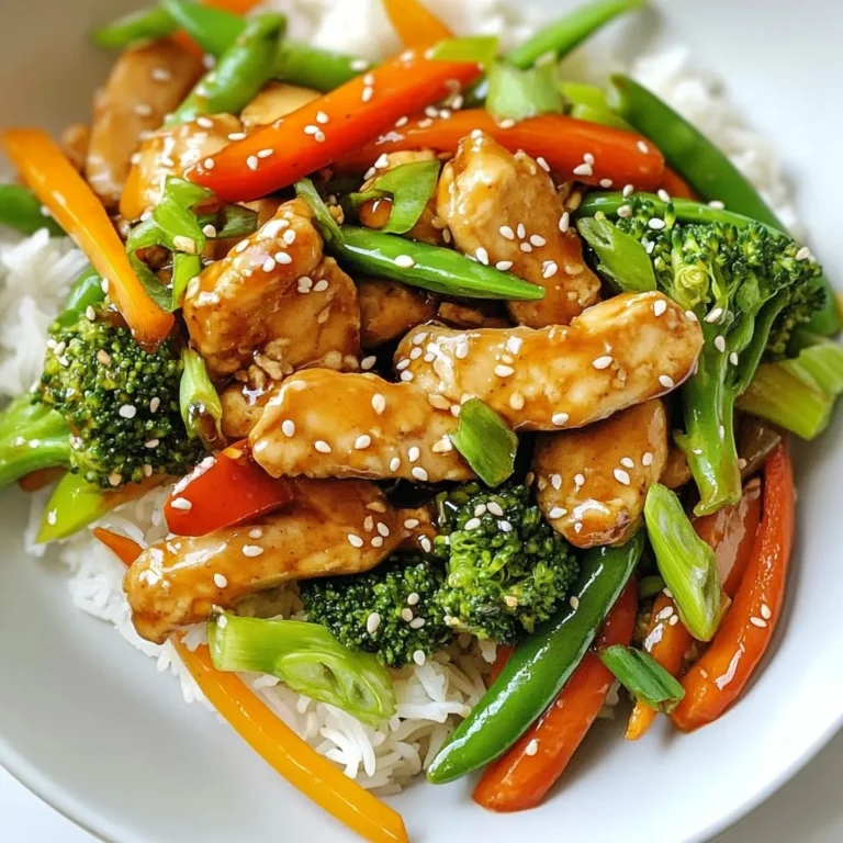 For a delicious Honey Garlic Chicken Stir-Fry, you need a few key items: - 1 lb boneless chicken breasts, sliced into thin strips - 2 tablespoons honey - 3 tablespoons soy sauce (low-sodium preferred) - 2 cloves garlic, minced - 1 tablespoon fresh ginger, minced - 2 tablespoons vegetable oil (or sesame oil for extra flavor) - 1 cup broccoli florets - 1 red bell pepper, sliced - 1 carrot, julienned - ½ cup snap peas - Salt and pepper to taste These ingredients work together to create a sweet and savory dish that’s quick and easy to make. To make your stir-fry even more appealing, consider these garnishes: - 2 green onions, sliced - Sesame seeds These add a nice touch of color and extra flavor to your meal. Choosing the right oil can enhance your dish. You can use: - Vegetable oil: Great for a neutral flavor. - Sesame oil: Adds a rich, nutty taste. Using sesame oil can elevate the overall flavor of your stir-fry, giving it that authentic taste. {{ingredient_image_1}} To start, grab a small bowl. Mix together 2 tablespoons of honey, 3 tablespoons of soy sauce, 2 minced cloves of garlic, and 1 tablespoon of minced ginger. This sauce brings the sweet and savory flavors together. Set it aside for later. Next, heat 2 tablespoons of vegetable oil in a large skillet or wok over medium-high heat. Once the oil is hot, add 1 pound of sliced chicken breasts. Stir-fry the chicken for about 5 minutes. You want it to be browned and fully cooked. Once done, take the chicken out and set it aside. In the same skillet, add a bit more oil if needed. Toss in 1 cup of broccoli florets, 1 sliced red bell pepper, 1 julienned carrot, and ½ cup of snap peas. Stir-fry these for about 3-4 minutes. Cook until the vegetables are tender-crisp. This keeps them bright and crunchy. Now, return the cooked chicken to the skillet. Pour the honey garlic sauce over the chicken and vegetables. Stir well to coat everything evenly in that tasty sauce. This step blends all the flavors. Cook for an additional 2-3 minutes while stirring occasionally. You want the sauce to thicken slightly. Finally, season with salt and pepper to your taste. Remove from heat, and add some sliced green onions and sesame seeds on top for garnish. To ensure your chicken cooks evenly, slice it thinly. Thin strips cook fast and stay juicy. Heat your skillet well before adding the chicken. This helps create a nice sear. Stir-fry the chicken for about five minutes, until it turns golden brown. Remove the chicken once it’s cooked through. This keeps it tender and avoids overcooking. For the veggies, keep them fresh and bright. Cut them into uniform pieces for even cooking. Start with the broccoli and bell pepper, as they take longer to cook. Stir-fry them for about three to four minutes. They should be tender-crisp, meaning they still have a bit of bite. Add the carrots and snap peas later, as they cook faster. This way, your stir-fry will have a great mix of textures. You can easily adjust the sauce to fit your taste. If you like it sweeter, add more honey. For a spicy kick, try adding red pepper flakes or sriracha. You can also switch the soy sauce for teriyaki sauce for a different flavor. Experiment with these options to find what you love best! Pro Tips Marinate for More Flavor: Allow the chicken to marinate in the honey garlic sauce for at least 30 minutes before cooking to enhance the flavor. Veggie Variations: Feel free to swap the vegetables for your favorites; bell peppers, zucchini, or asparagus all work well in this stir-fry. Thicken the Sauce: If you prefer a thicker sauce, mix a teaspoon of cornstarch with a tablespoon of water and add it to the sauce while cooking. Serve with Rice: This stir-fry pairs beautifully with steamed rice or quinoa for a complete meal. {{image_2}} You can swap chicken for other proteins. Shrimp adds a nice seafood touch. Tofu works great for a vegetarian meal. Beef gives a hearty flavor. Just remember to adjust cooking time. Shrimp cooks quickly, while beef may need more time. Feel free to mix in different vegetables. Snap peas can be replaced with green beans. Zucchini or mushrooms add fun textures. Cauliflower is a great, low-carb choice. Use what you have on hand. This keeps the dish fresh and exciting. If you need gluten-free options, use tamari instead of soy sauce. For a low-carb meal, skip the carrots. Add more broccoli and bell peppers. This way, you enjoy the same great taste without extra carbs. Adjust the recipe to fit your needs. To keep your Honey Garlic Chicken Stir-Fry fresh, store leftovers in an airtight container. Place the container in the fridge. It’s best to eat leftovers within three days for the best taste. Make sure the dish cools down before sealing it up. This helps keep moisture in check. When reheating, use a skillet or microwave. If using the skillet, add a splash of water or broth. Heat it over low to medium heat, stirring often. This helps the dish stay juicy and prevents it from drying out. In the microwave, cover the dish with a lid or wrap to trap steam. Heat in short bursts, stirring in between. To freeze Honey Garlic Chicken Stir-Fry, let it cool completely. Place it in a freezer-safe container. Make sure to leave some space at the top for expansion. It can last up to three months in the freezer. To thaw, move it to the fridge overnight before reheating. This keeps the flavor and texture intact. Yes, you can use frozen chicken or vegetables. Here are some best practices: - Thaw chicken first: For even cooking, thaw the chicken in the fridge overnight. - Use directly from the freezer: You can add frozen veggies straight into the hot pan. They will cook well if you stir them nicely. - Increase cooking time: Frozen chicken may need a little extra time to cook through. Make sure it reaches 165°F (75°C) for safety. Using frozen ingredients can save time and reduce waste. Just be sure to keep an eye on the cooking time. Honey garlic chicken stir-fry goes well with several side dishes: - Steamed rice: White or brown rice pairs perfectly with the sweet sauce. - Quinoa: A healthy option that adds a nutty flavor. - Noodles: Stir-fried or plain noodles are great for soaking up the sauce. - Salad: A fresh green salad can balance the meal. These options add variety and make your meal more filling. You can easily adjust the spice level of your stir-fry. Here are some tips: - To make it spicier: Add red pepper flakes or a splash of hot sauce. Start with a little, and taste as you go. - To make it milder: Use less garlic and avoid adding spicy ingredients. You can also add more honey to balance the heat. These simple changes allow you to create a dish that suits your taste buds perfectly. You learned how to make Honey Garlic Chicken Stir-Fry, from the sauce to storage. I shared tips on perfecting the chicken and the best veggies to use. You can also explore different proteins and ways to adapt this dish for your needs. With these insights, you can make a tasty meal that you will love. Enjoy cooking and tasting all the great flavors you create!