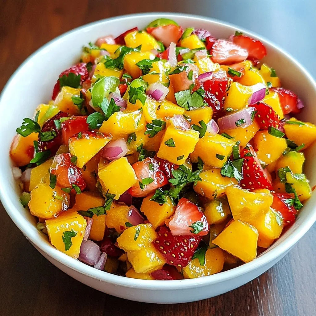 To make a fresh and tasty mango strawberry salsa, gather these simple ingredients: - 1 ripe mango, finely diced - 1 cup fresh strawberries, hulled and diced - 1 small red onion, finely chopped - 1 jalapeño, deseeded and minced (adjust to taste) - 2 tablespoons fresh cilantro, chopped - Juice of 1 lime - 1 tablespoon honey (optional, adjust for sweetness) - Salt and pepper to taste Each ingredient plays a key role in the salsa's flavor. The ripe mango adds sweetness, while the strawberries bring a juicy burst. The red onion gives a nice crunch, and the jalapeño adds a bit of heat. Fresh cilantro adds brightness. Lime juice balances the sweetness with acidity, and honey can enhance the flavor. Finally, salt and pepper tie everything together. Use the freshest ingredients you can find. Ripe mango should feel slightly soft when you press it. Strawberries should be firm and bright red. These little details make a big difference in taste and texture. This salsa is perfect for summer dishes. You can adjust the spice level by changing the amount of jalapeño. If you want it sweeter, add more honey. Enjoy making this vibrant salsa that brightens up any meal! {{ingredient_image_1}} 1. Start by taking a medium bowl. 2. Add the diced mango and strawberries to the bowl. 3. Next, finely chop the red onion and add it in. 4. Take the jalapeño, deseed it, and mince it. 5. Add the minced jalapeño to the bowl. 6. Now, sprinkle in the chopped cilantro. 7. Gently mix all these fruits and veggies together. 8. Squeeze the juice of one lime over the mixture. 9. If you want added sweetness, drizzle in honey. 10. Finally, season with salt and pepper to taste. 11. Toss everything gently until well mixed. Letting the salsa rest is key. This step allows all the flavors to meld together. I suggest placing it in the fridge for at least 15 minutes. This waiting time helps the sweet mango, tart strawberries, and zesty lime blend beautifully. A little patience makes a big difference in taste! To peel a mango, hold it in one hand. Use a sharp knife to cut off the skin. Start at the top and work down. Once peeled, place it on a cutting board. Cut the mango along the pit to make slices. Then, dice the slices into small cubes. Aim for pieces about half an inch. This will help with even mixing in your salsa. To hull a strawberry, grab a paring knife. Insert the knife at the top of the berry. Angle it inward to remove the green leafy part. Twist the knife gently to cut out the core. Be careful not to cut too deep. After hulling, chop the strawberries into small pieces. This will add a nice texture to your salsa. Jalapeños can add heat, but you can control it. Start with half of the jalapeño and taste. If you want more heat, add more bit by bit. Remember, each pepper can vary in spiciness. Always taste your salsa before serving. This way, you can adjust the heat to your liking. If you don’t like jalapeños, try other peppers. You could use bell peppers for a milder taste. For a kick, consider using serrano peppers. Chiles like poblanos can also work well. Each option changes the flavor and heat level, so choose what you enjoy most. Pro Tips Choose Ripe Fruits: Use a perfectly ripe mango and strawberries for the best flavor. A ripe mango should yield slightly to pressure and have a sweet aroma. Adjust Spice Level: The heat from the jalapeño can vary. Start with a small amount, taste, and add more if desired to suit your spice preference. Fresh Ingredients Matter: Using fresh cilantro and lime juice will enhance the brightness of your salsa. Avoid dried herbs for the best flavor. Chill for Flavor: Allowing the salsa to sit in the refrigerator for at least 15 minutes helps the flavors meld beautifully, enhancing the overall taste. {{image_2}} You can change the taste of your mango strawberry salsa by adding fresh mint. Mint gives a cool, refreshing twist. Just chop a few leaves and mix them in. You can also play with other fruits. Adding diced pineapple brings a sweet and tangy note. Pineapple pairs well with mango and strawberries. This salsa shines when served with chips. It adds a burst of flavor to any snack. Just scoop it up with your favorite tortilla chips. You can also use it on tacos. The salsa complements grilled meats too. Try it on chicken or fish for a vibrant meal. To keep your mango strawberry salsa fresh, you need to store it right. - Refrigeration Tips Place your salsa in an airtight container. This helps keep it fresh and safe. Store it in the fridge right after you make it. If you leave it out too long, it may spoil. - Freezing Instructions You can also freeze your salsa if you have leftovers. Use a freezer-safe container. Leave some space at the top for expansion. When you are ready to eat it, simply thaw it in the fridge overnight. How long does salsa last in the fridge? Mango strawberry salsa can last about 3 to 5 days in the fridge. After that, the flavors may fade. Always check for any signs of spoilage before eating. If it smells off or looks strange, it’s best to toss it. Yes, you can make this salsa ahead of time. It tastes even better after sitting. I recommend making it a few hours before you plan to serve it. This allows all the flavors to mix. Just store it in the fridge in a covered bowl. The salsa will stay fresh for about 2 days. If you don't want to use honey, try agave syrup or maple syrup. Both add sweetness without changing the taste too much. You can also skip the sweetener if you prefer a more tart flavor. Adjust based on your taste and the ripeness of the fruits. The salsa has a mild kick from the jalapeño. You can control the heat by adjusting the amount you use. If you want it less spicy, remove the seeds before chopping. You could also use a milder pepper, like a green bell pepper. - Options for Reducing Spice - Use less jalapeño or none at all. - Add more mango and strawberries to balance the heat. - Recommended Pairings for Heat - Serve it with grilled chicken or fish for a tasty contrast. - Pair it with tortilla chips for a fun snack. This blog post covered how to make mango strawberry salsa with fresh, tasty ingredients. We discussed the prep steps, importance of resting flavors, and tips for dicing fruit. You learned how to adjust spice levels and explore different flavor variations. The storage info ensures your salsa stays fresh for longer. Try this salsa with your favorite dishes, and enjoy the burst of flavors. Making it ahead can save time. I hope this inspires you to create a delicious treat for your next meal!