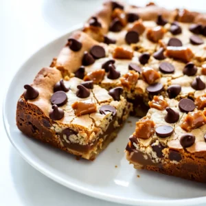 - 1 cup unsalted butter, melted - 1 cup brown sugar, packed - 1/2 cup granulated sugar - 2 large eggs - 1 teaspoon vanilla extract - 2 cups all-purpose flour - 1 teaspoon baking powder - 1/2 teaspoon baking soda - 1/2 teaspoon salt - 1 cup chocolate chips (semi-sweet or dark) - 1 cup caramel bits or squares, unwrapped You can make this recipe fit your needs. Here are some easy swaps: - For dairy-free options, use coconut oil or a dairy-free butter. - If you want less sugar, try using half the brown sugar or a sugar substitute. - For a gluten-free version, use almond flour or a gluten-free blend. These swaps keep the blondies tasty while matching your dietary needs. Enjoy experimenting with them! {{ingredient_image_1}} 1. First, preheat your oven to 350°F (175°C). This step warms the oven for even baking. 2. Prepare a 9x13 inch baking pan by greasing it. Then, line the pan with parchment paper. Leave some paper hanging over the edges. This makes it easy to lift out the blondies later. 3. In a large mixing bowl, add 1 cup of melted unsalted butter. Then, add 1 cup of packed brown sugar and 1/2 cup of granulated sugar. Whisk this mixture until it is smooth and well mixed. 4. Add 2 large eggs to the bowl, one at a time. Whisk after each egg until they blend in fully. Finally, stir in 1 teaspoon of vanilla extract. 1. In a separate bowl, sift together 2 cups of all-purpose flour, 1 teaspoon of baking powder, 1/2 teaspoon of baking soda, and 1/2 teaspoon of salt. Sifting helps to mix ingredients evenly and adds air. 2. Slowly add the dry mix to the wet ingredients. Stir gently until they just combine. Be careful not to overmix! This keeps the blondies soft and chewy. 3. Now, gently fold in 1 cup of chocolate chips and 1 cup of caramel bits. Reserve a small handful of each for later. This makes the top extra special. 1. Pour the blondie batter into the prepared baking pan. Spread it out evenly with a spatula. 2. Sprinkle the reserved chocolate chips and caramel bits on top. This adds a tasty finish. 3. Bake your blondies in the preheated oven for 25–30 minutes. To check if they are done, insert a toothpick into the center. It’s ready when the toothpick comes out with a few moist crumbs. 4. Remove the pan from the oven and let the blondies cool for about 15 minutes. Then, lift them out using the parchment paper. Let them cool completely on a wire rack. 5. Once cooled, cut the blondies into squares. Enjoy your sweet treat! To make perfect caramel chocolate chip blondies, avoid common mistakes. Overmixing is a big one. Mix just until you see no dry flour. This keeps your blondies soft and chewy. Next, pay attention to baking time. Bake at 350°F for 25-30 minutes. Check doneness using a toothpick. It should come out with a few moist crumbs. If it’s too dry, they will not be as tasty. You can serve blondies warm for a gooey treat. Add a scoop of ice cream on top to take it to the next level. When cooled, cut them into squares for a nice snack. Drizzle extra caramel sauce on top for a sweet touch. You can also sprinkle some sea salt to balance the sweetness. Enjoy them with friends or keep them all to yourself! Pro Tips Use Room Temperature Eggs: This helps the batter mix more evenly, resulting in a better texture. Don’t Overmix: Stir the batter until just combined to keep the blondies soft and chewy. Cool Completely: Allowing the blondies to cool completely before cutting helps them set and makes for cleaner squares. Experiment with Mix-Ins: Feel free to add nuts or dried fruit for added flavor and texture! {{image_2}} You can change the flavors of your blondies easily. Adding nuts gives a nice crunch. I love using chopped walnuts or pecans. You could also add fun mix-ins like M&Ms or dried fruit. If you want to try different chocolates, swap semi-sweet chips for milk chocolate. White chocolate adds a sweet twist too. You can mix different chocolate types for a fun blend. This makes each bite a new surprise! For those who need vegan options, you can make vegan caramel chocolate chip blondies. Replace the butter with coconut oil or vegan butter. Use flax eggs instead of regular eggs. Just mix one tablespoon of flaxseed meal with three tablespoons of water for each egg. If you want to make nut-free blondies, skip the nuts completely. Always check packages to ensure no nut traces. This way, everyone can enjoy these sweet treats! To keep your caramel chocolate chip blondies fresh, follow these tips: - Room Temperature: Store blondies in an airtight container at room temperature. They stay fresh for up to 3 days this way. - Refrigeration: If you want them to last longer, place them in the fridge. They can stay fresh for about a week. - Freezing: For longer storage, freeze them. Wrap each blondie in plastic wrap and place them in a freezer bag. They can last for up to 3 months frozen. Keeping blondies fresh is easy. Just remember to keep air out and seal them well. Reheating caramel chocolate chip blondies can be a treat. Here are the best ways to do it: - Microwave: Place a blondie on a microwave-safe plate. Heat it for about 10-15 seconds. Check if it’s warm enough. Be careful not to overheat, as it can dry out. - Oven: Preheat the oven to 350°F (175°C). Wrap a blondie in foil and heat it for about 5-7 minutes. This method keeps them soft and chewy. Enjoy your blondies warm, just like fresh out of the oven! How long do caramel chocolate chip blondies last? Caramel chocolate chip blondies can last about a week at room temperature. Store them in an airtight container. If you want them to last longer, keep them in the fridge for up to two weeks. Can I use different types of caramel? Yes, you can use different types of caramel. You can use caramel sauce, caramel squares, or even homemade caramel. Each type adds a unique flavor and texture. How do I know when blondies are done baking? You can tell blondies are done when a toothpick comes out with a few moist crumbs. If it’s clean, you may have overbaked them. Aim for a soft, chewy texture. What to do if the batter is too thick? If your batter is too thick, add a tablespoon of milk at a time. Mix well until you reach a smoother consistency. Be careful not to add too much liquid. How to fix overbaked blondies? If your blondies are overbaked, don’t worry! You can serve them warm with a scoop of ice cream. The ice cream adds moisture and makes them more enjoyable. This blog post covered how to make delicious caramel chocolate chip blondies. I shared lists of ingredients, substitutions, and step-by-step instructions. You also learned tips for perfecting your blondies and serving suggestions. Exploring variations allows you to adjust your recipe to fit any need. Finally, I provided storage information and answered common questions. Enjoy baking these blondies, and remember, practice makes perfect!