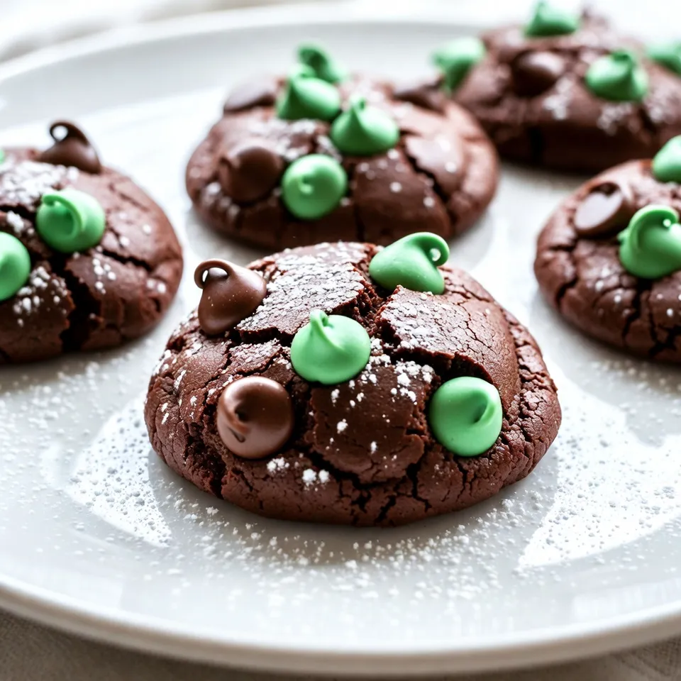 To make mint chocolate brownie cookies, gather these key ingredients: - 1 cup unsalted butter, melted - 1 ¼ cups granulated sugar - 1 cup brown sugar, packed - 4 large eggs - 2 teaspoons vanilla extract - 1 cup all-purpose flour - 1 cup unsweetened cocoa powder - ½ teaspoon baking powder - ½ teaspoon salt - 1 cup semi-sweet chocolate chips - ½ cup mint chocolate chips (or crushed mint candies) These ingredients combine to create a rich, chocolatey cookie with a fresh mint twist. For those who want to boost the flavor, consider these options: - ¼ teaspoon peppermint extract - Powdered sugar for dusting The peppermint extract adds a more intense mint flavor. Dusting with powdered sugar gives a pretty finish. You can easily swap some ingredients if needed: - If you lack unsalted butter, use salted butter. Just reduce the added salt. - For a dairy-free option, try coconut oil instead of butter. - If you want gluten-free cookies, use a gluten-free flour blend. These substitutions keep the cookies delicious while catering to different diets or pantry items. {{ingredient_image_1}} Start by preheating your oven to 350°F (175°C). Line two baking sheets with parchment paper. This makes clean-up easy and helps the cookies bake evenly. In a large bowl, mix together 1 cup of melted butter, 1 ¼ cups of granulated sugar, and 1 cup of packed brown sugar. Stir these until they blend well. This step creates a sweet base for your cookies. Next, add 4 large eggs to the mix, one at a time. Beat well after each egg. This helps create a smooth batter. Now, stir in 2 teaspoons of vanilla extract and ¼ teaspoon of peppermint extract, if you want a bolder mint flavor. In another bowl, whisk together 1 cup of all-purpose flour, 1 cup of unsweetened cocoa powder, ½ teaspoon of baking powder, and ½ teaspoon of salt. Gradually add this dry mix to your wet ingredients. Stir gently until just combined. This step keeps your cookies soft and chewy. Finally, fold in 1 cup of semi-sweet chocolate chips and ½ cup of mint chocolate chips. Make sure they are evenly mixed into the batter for bursts of flavor in every bite. Using a tablespoon or cookie scoop, drop heaping scoops of dough onto the prepared baking sheets. Space them about 2 inches apart to give them room to spread. Bake the cookies in the preheated oven for 10-12 minutes. You’ll know they’re done when the edges are set and the tops look slightly cracked. Once baked, take them out and let them cool on the sheets for 5 minutes. This helps them firm up before transferring them. After 5 minutes, move the cookies to a wire rack to cool completely. This step prevents sogginess and ensures a nice texture. Once cooled, you can dust them with powdered sugar for a sweet touch and a beautiful look. Serve these cookies to friends and family, or enjoy them yourself. They are perfect with a glass of milk or a cup of coffee. To get the best texture, I suggest a few key steps. First, use melted butter. This gives the cookies a rich, chewy feel. Then, mix your sugars well. This helps create a smooth dough. When adding eggs, beat them one at a time. This keeps the cookies fluffy. Finally, don’t overmix the batter when adding flour. Mix just until combined for soft, tender cookies. Avoid these common mistakes for perfect cookies. One big mistake is not measuring ingredients. Always use precise measurements, especially for flour and cocoa. Another mistake is baking at the wrong temperature. Make sure your oven is preheated to 350°F. Finally, don’t skip chilling the dough. A short chill helps the cookies hold their shape and taste better. To boost flavor, try adding extra ingredients. Chopped nuts add crunch and depth. You can also mix in more mint chocolate chips for a stronger mint taste. For a fun twist, use crushed mint candies. If you want a richer flavor, consider adding a splash of espresso powder. It enhances the chocolate without adding coffee taste. Pro Tips Use Room Temperature Eggs: Allow your eggs to come to room temperature before adding them to the mixture. This helps create a smoother batter and results in a better texture for your cookies. Don't Overmix the Dough: Once you combine the dry ingredients with the wet ingredients, mix until just combined. Overmixing can lead to tough cookies. Experiment with Mint Flavor: If you love mint, consider adding a few drops more of peppermint extract or using crushed mint candies for an extra burst of flavor. Cool Completely Before Serving: Allow the cookies to cool completely on a wire rack. This helps them set properly and enhances their flavor. {{image_2}} Mint chocolate brownie cookies are not just one flavor. You can mix it up! If you love chocolate, add more cocoa powder. This makes the cookies even richer. Want something sweeter? Try adding caramel chips. They melt into the cookies and give a gooey surprise. You could also swirl in some peanut butter for a nutty twist. Each flavor choice makes every bite exciting. You can enjoy these cookies, even if you have diet needs. To make gluten-free cookies, swap all-purpose flour with almond flour or a gluten-free blend. They will taste just as good! For vegan cookies, replace eggs with flax eggs. Mix 1 tablespoon of flaxseed meal with 2.5 tablespoons of water for each egg. Use a plant-based butter instead of regular butter. These changes keep the minty, chocolatey goodness while fitting your diet. These cookies can fit any holiday! For Halloween, add orange food coloring to the dough. It looks fun and festive. At Christmas, sprinkle crushed candy canes on top for extra flair. For Valentine’s Day, use heart-shaped cookie cutters. You can even add a bit of red or pink food coloring. Each holiday brings a new way to enjoy mint chocolate brownie cookies! Store your mint chocolate brownie cookies in an airtight container. This keeps them fresh and soft. If you want to keep them crispy, use a container with a small opening. Layer parchment paper between cookies to prevent sticking. Keep the container in a cool, dry place. These cookies will stay tasty for up to a week. Freezing these cookies is easy. First, let them cool completely. Then, place them in a single layer on a baking sheet. Freeze for about an hour. Once firm, transfer them to a freezer bag. Remove as much air as you can from the bag. Label the bag with the date. They will stay good for about three months frozen. Mint chocolate brownie cookies last about five days at room temperature. To reheat, set your oven to 350°F. Place the cookies on a baking sheet and warm them for 5-7 minutes. This helps the chocolate melt slightly and makes them taste fresh again. Enjoy these delicious cookies warm for the best experience! Yes, you can use any type of chocolate chips you like. Dark chocolate chips add a rich taste. Milk chocolate chips will make the cookies sweeter. You can even mix them together for a fun flavor. Just be sure to keep the amount the same at one cup. You can tell when the cookies are done by looking at the edges. They should be set and not too soft. The tops will look slightly cracked. A good rule is to bake them for 10 to 12 minutes. If you are unsure, take one out, let it cool, and taste it! Yes, you can skip the mint if you prefer. Just use all semi-sweet chocolate chips instead. For a different flavor, try adding a bit of orange zest or almond extract. This gives the cookies a new twist while keeping them chocolatey and rich. This blog post covered all you need to know for making mint chocolate brownie cookies. We explored the required and optional ingredients, how to mix and bake them, and tips to get the best texture. You can also enjoy variations like gluten-free options or holiday themes. Remember to store them properly to keep them fresh. This recipe gives you room to be creative while enjoying a tasty treat. Dive in, and start baking your perfect batch today!